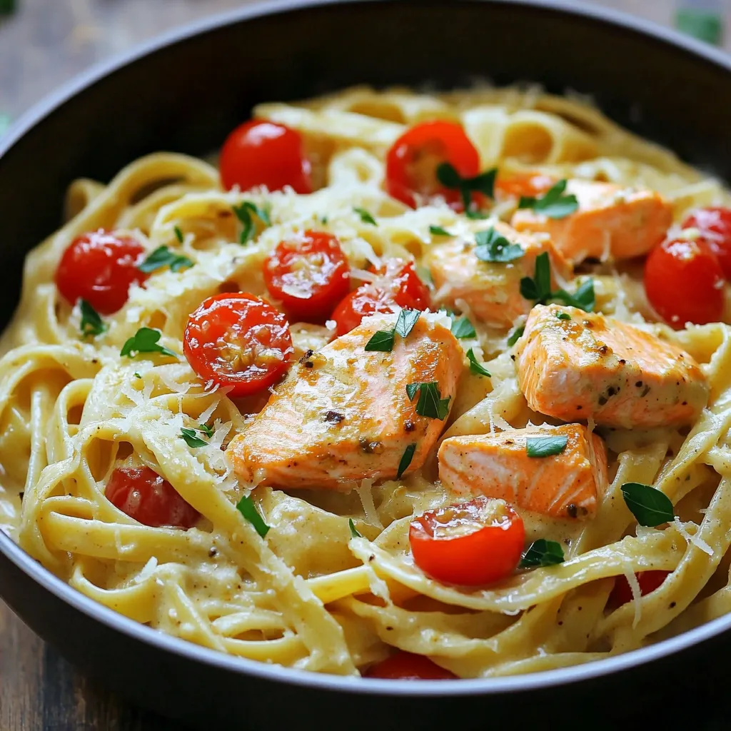 - 2 salmon fillets - 8 oz fettuccine or linguine pasta - 2 cups chicken or vegetable broth - 1 cup heavy cream - 1 tablespoon Cajun seasoning - 1 tablespoon olive oil - 1 red bell pepper, sliced - 1 cup cherry tomatoes, halved - 3 cloves garlic, minced - Salt and pepper to taste - Fresh parsley, chopped (for garnish) - Grated Parmesan cheese (optional) For this One-Pan Creamy Cajun Salmon Pasta, you will need fresh ingredients. Each one plays a key role in the dish's flavor and texture. The salmon fillets add a rich taste, while the pasta provides a hearty base. Chicken or vegetable broth gives depth to the sauce. Heavy cream makes the sauce creamy and luxurious. Cajun seasoning brings heat and spice, making each bite exciting. You can use either fettuccine or linguine for the pasta. Both options work well and soak up the sauce nicely. Fresh vegetables like red bell pepper and cherry tomatoes add color and nutrition. Don't forget the garlic, as it adds a fragrant note. Use salt and pepper to enhance the dish. Lastly, fresh parsley and Parmesan cheese are great for garnish, adding flavor and visual appeal. To cook the salmon, start with a large skillet. Heat olive oil over medium heat. Season the salmon fillets with salt, pepper, and half of the Cajun seasoning. Place the salmon skin-side down in the skillet. Cook for 4-5 minutes on each side. Look for a golden brown color. Once done, remove the salmon and set it aside. In the same skillet, add minced garlic and sliced red bell pepper. Sauté for 2-3 minutes. You want the peppers to be tender, but not mushy. Stir often to avoid burning. This step builds great flavor in the dish. Next, pour the chicken or vegetable broth into the skillet. Bring it to a simmer. Stir in the fettuccine or linguine. Cook for about 8-10 minutes until the pasta is al dente. Stir occasionally to keep the pasta from clumping. After the pasta is almost done, pour in the heavy cream and the rest of the Cajun seasoning. Mix well and let it cook for 2-3 more minutes. Now, flake the cooked salmon into bite-sized pieces. Gently stir it into the pasta along with halved cherry tomatoes. Cook for another minute to warm everything through. Taste the dish and adjust seasonings with salt and pepper as needed. For a beautiful finish, serve the pasta in deep bowls. Garnish with fresh parsley and a sprinkle of grated Parmesan cheese for added flavor. Best practices for cooking salmon To cook salmon well, start with room-temperature fillets. This helps them cook evenly. Heat olive oil in your skillet until hot. Season the salmon with salt, pepper, and Cajun spice. Place the salmon skin-side down and cook for 4-5 minutes. Flip it gently and cook for another 4-5 minutes. The salmon should be golden brown and flaky when done. How to avoid overcooking pasta Cook pasta in broth for great flavor. Check the pasta after 8 minutes. It should be al dente, firm but not hard. Stir occasionally to prevent sticking. If it’s done too early, drain it and add a little olive oil to keep it from clumping. Additional spices or herbs for more depth For extra flavor, consider adding smoked paprika or thyme. Both spices complement the Cajun seasoning well. Fresh herbs like basil or dill add brightness. Just sprinkle them in during the last few minutes of cooking. Recommendations for cheese Grated Parmesan cheese enhances the dish's richness. It melts nicely into the sauce. You could also try a bit of goat cheese for a tangy twist. Just crumble it on top before serving for a creamy bite. Serving suggestions for an appealing plate Serve the pasta in deep bowls for a cozy feel. This shape holds the creamy sauce well. You can layer the salmon on top for a nice visual. A side of crusty bread works well for scooping up the sauce. Garnishing techniques for visual appeal Chop fresh parsley and sprinkle it over the dish for color. A light dusting of Parmesan adds a gourmet touch. You can also add a few whole cherry tomatoes for brightness. This makes your dish look as good as it tastes! {{image_2}} You can switch out salmon for shrimp or chicken. Both options cook well and add great taste. Shrimp cooks fast and absorbs flavors nicely. Chicken gives a hearty feel. Try gluten-free pasta if you need it. There are many options, like rice noodles or gluten-free fettuccine. These swaps keep the dish tasty and adaptable. You can change the sauce to fit your taste. Alfredo sauce is a creamy choice that pairs well. Pesto brings a fresh flavor and is easy to make. If you love heat, add more Cajun seasoning or a dash of hot sauce. This will kick up the spice level and make it exciting. Using seasonal veggies can enhance your dish. In spring, add asparagus or peas for a fresh touch. In summer, zucchini or corn can brighten the plate. You can also swap the broth. Use vegetable broth for a lighter taste or chicken broth for richness. These changes keep the dish fresh and appealing all year round. To store leftover pasta, let it cool first. Place the pasta in an airtight container. This keeps moisture in and prevents drying out. You can store it in the fridge for about three days. After that, the taste and texture will not be as good. When reheating, you have two good options: the microwave or the stovetop. The microwave is quick but can dry out the dish. To avoid this, add a tablespoon of cream or broth to keep it moist. When using the stovetop, add a splash of broth. Heat on low and stir gently. This helps to keep the creaminess and flavor intact. Yes, you can freeze this dish! To freeze, let the pasta cool completely. Then, transfer it into a freezer-safe container. Make sure to leave some space at the top as it expands when frozen. It can stay in the freezer for about one month. When you are ready to eat, thaw it in the fridge overnight. Reheat in a pan, adding a bit of cream or broth to restore creaminess. Yes, you can! For a lighter version, use Greek yogurt or cashew cream. Both add creaminess with fewer calories. You can also try almond milk mixed with a tablespoon of flour for thickening. This keeps the sauce rich without heavy cream. You can make your own Cajun seasoning at home! Mix these spices together: - 1 teaspoon paprika - 1 teaspoon garlic powder - 1 teaspoon onion powder - 1 teaspoon thyme - 1 teaspoon oregano - 1/2 teaspoon cayenne pepper (for heat) - Salt and pepper to taste This blend gives you the same warm flavors you love. Salmon is done when it flakes easily with a fork. It should look opaque and have a rich pink color in the center. You can also check the internal temperature; it should reach 145°F (63°C). Keep an eye on it to avoid overcooking. Absolutely! You can use any pasta you like. Some good options are penne, rigatoni, or even whole wheat pasta. Just adjust the cooking time based on the type you choose. Always check the package for specific cooking times. Great sides include a fresh salad or garlic bread. A light Caesar salad pairs well with the creamy pasta. You can also serve steamed vegetables like broccoli or asparagus for a healthy touch. These sides balance the rich flavors in the dish. This blog post shared a simple, tasty Cajun salmon pasta recipe. You learned about the key ingredients, from salmon to spices. I explained how to cook everything step-by-step for the best flavor. You saw tips to enhance your dish and ideas for variations. Remember, cooking is about creativity. Try different ingredients and enjoy this dish your way. With practice, you’ll impress family and friends with your skills. Happy cooking!