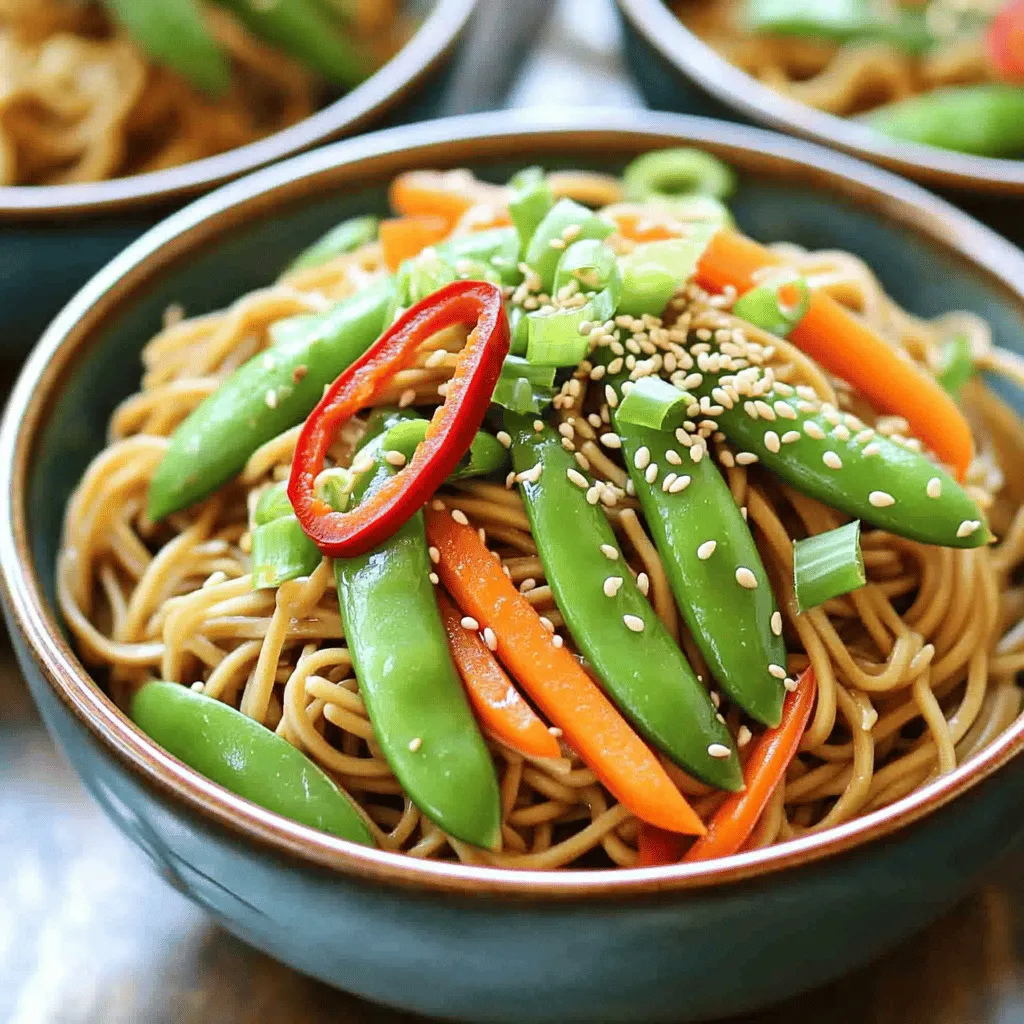 - 8 ounces soba noodles - 2 tablespoons sesame oil - 1 tablespoon vegetable oil - 1 tablespoon ginger, grated - 2 cloves garlic, minced - 1 red chili, finely chopped - 2 tablespoons soy sauce - 1 tablespoon rice vinegar - 2 teaspoons honey or maple syrup Soba noodles are the star of this dish. These thin noodles come from buckwheat, giving them a unique taste. They cook quickly, making this dish a great choice for busy days. I love how they soak up flavors from the sauce and spices. Sesame oil adds a rich, nutty flavor. It brings warmth to the dish. Vegetable oil helps cook the aromatics without burning. This combination makes a lovely base for the noodles. For a fresh kick, I use ginger and garlic. Ginger gives heat and brightness, while garlic adds depth. The red chili lets you choose your spice level. I go for one fine chop for a medium heat. If you want more spice, add more chili. The sauce components are key to making this dish shine. Soy sauce provides umami and salt. Rice vinegar adds a tangy note, balancing the flavors. Honey or maple syrup brings sweetness to the mix, rounding it all out nicely. Adjust the sauce to match your taste. - Boil 8 ounces of soba noodles in a large pot of water for 4-6 minutes. - Once cooked, drain the noodles and rinse them under cold water. This stops the cooking. - Set the noodles aside while you prepare the sauce and vegetables. - In a small bowl, mix 2 tablespoons of soy sauce, 1 tablespoon of rice vinegar, and 2 teaspoons of honey or maple syrup. - Add 2 tablespoons of sesame oil to the mix. - Taste the sauce and adjust it. Add more honey for sweetness or soy sauce for saltiness. - Heat 1 tablespoon of vegetable oil in a large skillet over medium heat. - Add 1 tablespoon of grated ginger, 2 cloves of minced garlic, and 1 finely chopped red chili. - Sauté for 1-2 minutes. Watch the garlic closely so it does not burn. - Toss in 1 cup of trimmed snap peas and 1 cup of julienned carrots. - Stir-fry the vegetables for 3-4 minutes until they are tender-crisp. - Add the cooked soba noodles to the skillet with the sautéed vegetables. - Pour in the sauce and toss everything together. Heat it through for 2-3 minutes. - Remove the skillet from heat and fold in 2 sliced green onions. - Garnish with 2 tablespoons of sesame seeds for a nice finish. - Tweaking spice levels: You can change the heat by adding more or less red chili. If you want it milder, remove the seeds or use less chili. For more spice, add chili flakes or fresh slices on top. - Options for added sweetness: Use more honey or maple syrup in the sauce to balance the heat. You can also try adding a splash of orange juice for a fruity sweetness. - Best practices for noodles: Always cook your soba noodles in boiling water. Follow the package instructions carefully. After cooking, rinse them in cold water to stop the cooking and keep them firm. - Sautéing tips for vegetables: Use medium heat to sauté. This helps keep the vegetables bright and crisp. Stir often to prevent burning and to cook evenly. - Serving in bowls: Serve the noodles in deep bowls. This makes it easy to mix and enjoy. - Garnishing ideas: Top with extra sesame seeds and sliced green onions for color and crunch. For more flair, add a few slices of chili for a spicy look. {{image_2}} Adding protein to your spicy sesame soba noodles can make them heartier. Here are two great options: - Tofu options: Use firm or extra-firm tofu. Cut it into cubes, then pan-fry until golden. Add it in with the vegetables for a nice, crispy texture. - Chicken or shrimp variations: For a meatier dish, add chicken or shrimp. Cook them in the pan before adding the vegetables. This adds flavor and protein to your meal. You can swap out vegetables based on what you have or like. Here are some ideas: - Alternative vegetables: Bell peppers, broccoli, or mushrooms all work well. Chop them small, so they cook quickly. - Seasonal options: Use what's fresh in your area. In spring, add asparagus. In summer, try zucchini or corn. These choices keep your dish exciting and fresh. If you need gluten-free options, you can easily adapt this recipe. Here’s how: - Using gluten-free noodles: Look for gluten-free soba noodles made from buckwheat or rice. Cook them just like regular soba noodles. - Adapting the recipe for dietary needs: Check your sauces. Some soy sauces have gluten. Choose tamari or coconut aminos instead for a gluten-free flavor. These variations let you customize your spicy sesame soba noodles to fit your taste and needs! Store leftover spicy sesame soba noodles in the fridge. Let them cool first. Use airtight containers to keep them fresh. Glass or plastic containers work well. They can last up to four days. You can reheat noodles in a few ways. The microwave is quick and easy. Just add a splash of water to keep them moist. Heat in short bursts, stirring often. You can also use a skillet. Warm over low heat and add a bit of oil. This helps keep the noodles flavorful and prevents sticking. If you want to freeze, keep noodles and sauce separate. Place them in freezer-safe bags or containers. They can last up to three months in the freezer. To thaw, move them to the fridge overnight. For reheating, use the microwave or skillet as before. Enjoy your tasty noodles later! Soba noodles are made from buckwheat flour and water. They can also contain wheat flour, but pure soba noodles are gluten-free. Buckwheat gives them a nutty flavor and a unique texture. These noodles are popular in Japanese cuisine and are often served cold or hot. To change the spice in your soba noodles, you can add or reduce the red chili. If you want less heat, use fewer chili pieces. For more spice, add extra chopped chili or some chili paste. You can also add a splash of hot sauce to your sauce mix for extra kick. Yes, you can easily make these noodles vegan. Swap honey with maple syrup or agave syrup. Ensure that the soy sauce you use is vegan. You can add tofu for protein or more veggies for a hearty meal. You can store leftover soba noodles in the fridge for up to three days. Keep them in an airtight container. If you want to keep them longer, consider freezing them for up to a month. Just remember, the texture may change after freezing. These noodles pair well with many dishes. You can serve them alongside grilled chicken, shrimp, or tofu for added protein. A light salad or steamed vegetables also make a great side. For a complete meal, try some miso soup or dumplings. This guide shows you how to make spicy sesame soba noodles. You learned about key ingredients like soba noodles, ginger, and soy sauce. I shared step-by-step instructions to ensure your noodles taste great. You can also adjust spice levels and make fun variations, like adding protein. Remember, these noodles store well in the fridge or freezer. Enjoy your cooking adventure, and make this dish your own each time!