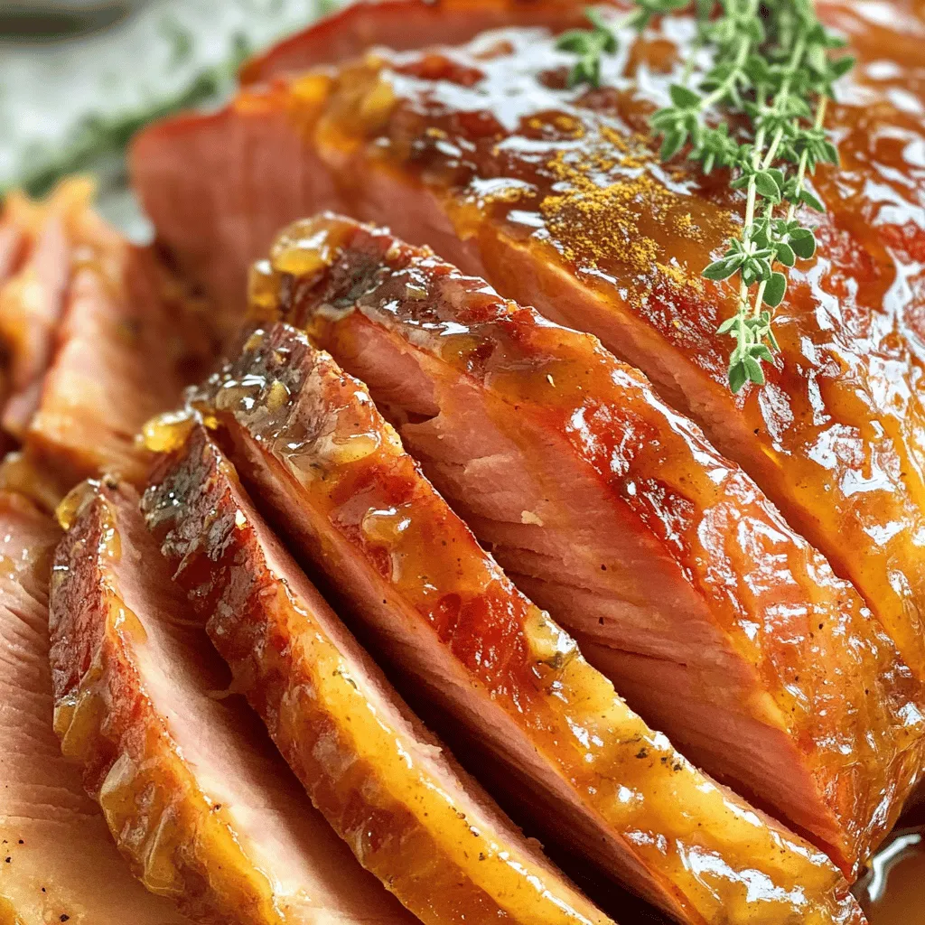 - 4 to 6 pounds boneless ham - 1 cup pure maple syrup - 1/4 cup brown sugar - 2 tablespoons Dijon mustard - 2 tablespoons apple cider vinegar - 1 teaspoon ground cinnamon - 1/2 teaspoon ground cloves - 1/2 teaspoon black pepper - 1/4 teaspoon nutmeg - Fresh thyme for garnish - Water for cooking When making maple glazed ham, the ingredients make all the difference. First, you need the main star: a boneless ham weighing between 4 to 6 pounds. This size fits perfectly in most slow cookers and ensures even cooking. The ham gives you a tender and juicy result. Next, you will need a cup of pure maple syrup. This syrup adds a rich sweetness. It pairs well with the savory notes of the ham. You will also want 1/4 cup of brown sugar. The brown sugar helps to create that nice caramelized finish. For extra flavor, I add two tablespoons of Dijon mustard and apple cider vinegar. The mustard adds a zing, while the vinegar gives a tangy note. You will also need some spices. A teaspoon of ground cinnamon, half a teaspoon of ground cloves, and black pepper add warmth and depth. Lastly, a pinch of nutmeg rounds out the flavors beautifully. To keep the ham moist while it cooks, pour in 1/4 cup of water. This step is key for a juicy result. Finally, don't forget fresh thyme. It makes a lovely garnish and adds a pop of color to your dish. Start by slicing the ham into wedges or cubes. This helps the glaze soak in better. If you cut the ham thinly, it will absorb more flavor. You can choose which shape you like best. Wedges give a nice presentation, while cubes are fun for serving. To make the glaze, mix the following ingredients in a bowl: - 1 cup pure maple syrup - 1/4 cup brown sugar - 2 tablespoons Dijon mustard - 2 tablespoons apple cider vinegar - 1 teaspoon ground cinnamon - 1/2 teaspoon ground cloves - 1/2 teaspoon black pepper - 1/4 teaspoon nutmeg Whisk these together until smooth. You want a nice, thick glaze. If the glaze seems too runny, add a bit more brown sugar. Set your slow cooker to low heat. Cook the ham for about 5 to 6 hours. If you need it faster, set it to high for 2.5 to 3 hours. The key is to cook until it’s hot and tender. Halfway through, open the slow cooker and baste the ham. Use the glaze to keep the ham moist and tasty. This step makes a big difference in flavor. Enjoy the sweet aroma as it fills your kitchen! To create the best glaze, balance sweetness with savory notes. The maple syrup adds a sweet touch, but the Dijon mustard provides a nice bite. You can also try using honey or agave syrup if you want a different flavor. For a twist, add some orange juice for a citrus punch. For even cooking, cut the ham into wedges or cubes. This helps the glaze soak in better. To prevent dryness, add water to the slow cooker. This keeps the ham moist as it cooks. Baste the ham halfway through cooking to keep it flavorful. Maple glazed ham pairs well with many sides. Think roasted vegetables, creamy mashed potatoes, or a fresh salad. For gatherings, serve the ham on a large platter. Drizzle some extra glaze over the top. A sprinkle of fresh thyme adds color and flavor. {{image_2}} When choosing ham, you can pick between bone-in and boneless. Bone-in ham has more flavor. The bone adds depth to the taste as it cooks. However, boneless ham is easier to slice. It gives you more uniform pieces. You can also use different cuts for unique textures. For a firmer bite, go for a shoulder cut. If you want something softer, use a shank cut. Each type brings its own flair to the dish. You can get creative with flavors in your maple glazed ham. Adding spices like cayenne will give it heat. A bit of ginger can add a warm, spicy note. You can also try different fruit juices. Orange juice brightens the glaze. Apple juice adds a sweet touch. Mixing these juices with your maple syrup creates a new layer of flavor. Don’t be afraid to experiment. Your taste buds will thank you! While maple glaze is classic, there are many tasty alternatives. Honey glaze can give your ham a nice shine and sweetness. Just swap maple syrup for honey in the glaze. You can also try teriyaki for a savory twist. This adds a rich, umami flavor. BBQ sauce is another option. It provides a smoky touch that pairs well with ham. These alternatives can make your meal feel new and exciting! To keep your maple glazed ham fresh, store it in the fridge right away. Wrap it tightly in plastic wrap or aluminum foil. This keeps out air and moisture. You can also use an airtight container for best results. Make sure to eat leftovers within three to four days for the best taste. When you want to reheat your ham, you have two good options: a slow cooker or a microwave. For the slow cooker, add a splash of water to keep it moist. Set it on low and heat for about one hour. In the microwave, use a microwave-safe dish and cover it with a damp paper towel. Heat in short bursts, checking often to prevent dryness. Yes, you can freeze maple glazed ham! Cut it into smaller pieces for easy thawing. Wrap each piece in plastic wrap and then place it in a freezer bag. Squeeze out as much air as you can. For thawing, move it to the fridge for about 24 hours before you cook it. This keeps it safe and tasty. You can keep leftover maple glazed ham in the fridge for up to four days. Store it in an airtight container for the best results. If you want to keep it longer, freeze it for up to three months. Just make sure to wrap it well to avoid freezer burn. Yes, you can use a pre-cooked ham. When using a pre-cooked ham, reduce the cooking time. Cook it on low for about three to four hours or on high for one to two hours. The goal is to heat it through without overcooking it. Maple glazed ham goes well with many sides. Here are a few great options: - Roasted Brussels sprouts - Creamy mashed potatoes - Green bean casserole - Sweet potato mash - Homemade cornbread - Fresh garden salad These sides complement the sweet and savory flavors of the ham. You can cook the ham on high heat. If you're short on time, set the slow cooker to high for about 2.5 to 3 hours. However, cooking on low for 5 to 6 hours gives a better flavor and texture. Slow cooking allows the glaze to soak deeper into the meat. This blog post showed you how to prepare a tasty maple glazed ham. We covered the main ingredients, cooking steps, and helpful tips to make it perfect. Don't forget about the variations to suit your taste. Whether you prefer a sweet or savory glaze, there's something for everyone. Remember to store leftovers properly and choose good sides to complete your meal. Enjoy your delicious ham and happy cooking!