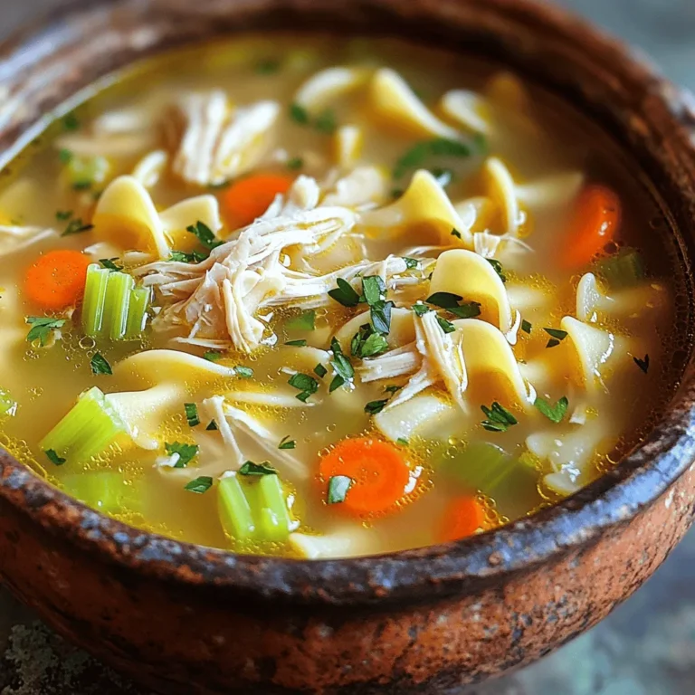 To create a rich and comforting soup, gather these main ingredients: - 1 lb (450g) boneless, skinless chicken breasts - 1 medium onion, diced - 2 garlic cloves, minced - 3 carrots, sliced - 2 celery stalks, sliced - 6 cups low-sodium chicken broth - 8 oz (225g) egg noodles - 1 cup heavy cream The right seasonings make this soup shine. Use these: - 1 teaspoon dried thyme - 1 teaspoon dried parsley - 1 bay leaf - Salt and pepper to taste These spices add depth and warmth to the broth. Add a touch of color and flavor with these garnishes: - Fresh parsley, chopped Garnishing with parsley brightens the dish and adds freshness. Enjoy the blend of flavors in every spoonful! First, season the chicken breasts with salt and pepper. I like to use a good amount to enhance the flavor. Next, set your Instant Pot to 'Sauté' mode. Add a splash of olive oil to the pot. Once hot, place the chicken in the pot. Brown each side for about 2-3 minutes. When done, remove the chicken and set it aside. Now, it’s time to sauté the vegetables. In the same pot, add the diced onion, minced garlic, sliced carrots, and celery. Stir them well and sauté for about 5 minutes. You want the veggies to soften but not lose all their crunch. This step adds depth to the soup. After your veggies have softened, it’s time to add flavor. Stir in the dried thyme, dried parsley, and bay leaf. Mix everything well to coat the vegetables. Now, pour in the chicken broth. Use a wooden spoon to scrape the bottom of the pot. This helps lift the yummy browned bits. Now, return the browned chicken to the pot. Close the lid and ensure it seals properly. Set the Instant Pot to 'Manual' or 'Pressure Cook' for 10 minutes on high pressure. This cooks the chicken perfectly and infuses the broth with flavor. When the timer goes off, use the quick release method to release the pressure. Carefully remove the lid after the pressure is gone. Next, take the chicken out and shred it using two forks. Return the shredded chicken to the pot. Switch back to 'Sauté' mode and add the egg noodles. Cook for about 5-7 minutes until they are tender. Once the noodles are soft, remove the pot from heat. Stir in the heavy cream until well combined. Taste and adjust seasoning with salt and pepper as needed. Finally, ladle the soup into bowls. Sprinkle fresh chopped parsley on top for a nice touch. Enjoy your warm and creamy chicken noodle soup! To make the soup creamy, use heavy cream. Stir it in after cooking. This adds richness. If you want it thicker, add a bit of cornstarch mixed in water. This will help the soup hold its shape. For more flavor, add fresh herbs like dill or basil. You can also squeeze in some lemon juice. This adds brightness. If you like spice, try a pinch of red pepper flakes. It gives a nice kick! One common mistake is overcooking the noodles. They can get mushy. Cook them just until tender. Also, avoid skipping the sauté step for veggies. That step builds flavor and makes the soup better. Always taste and adjust seasoning, too! {{image_2}} You can make this soup gluten-free. Simply swap the egg noodles for gluten-free pasta. Cook the pasta separately to avoid mushiness. Add it to the soup just before serving. This keeps the noodles firm and tasty. Chicken is great, but you can try other meats too. Turkey works well for a lighter option. You can also use shredded rotisserie chicken for quick prep. If you like beef, try small beef chunks, but adjust the cooking time. You can turn this soup into a vegetarian dish easily. Replace the chicken broth with vegetable broth. Use mushrooms to add depth and umami flavor. For a vegan option, switch heavy cream with coconut milk or cashew cream. Add more veggies like peas or bell peppers for extra nutrition. You can store leftover soup in the fridge. Place it in an airtight container. It will last for about 3 to 4 days. Make sure to let it cool before sealing. This keeps the flavors fresh and tasty. If you want to save some for later, freezing works great. Use freezer-safe containers or bags. Leave some space at the top, as soup expands when frozen. Your soup can last up to 3 months in the freezer. Just label the container with the date for easy tracking. To reheat, you can use the stove or microwave. If using the stove, pour the soup into a pot. Heat over medium until warm. Stir often to keep it from sticking. For the microwave, use a microwave-safe bowl. Heat in short bursts, stirring in between, until hot. Always check the temperature before serving. It takes about 10 minutes to cook chicken in the Instant Pot. You set it to 'Manual' or 'Pressure Cook' on high pressure. The Instant Pot works fast, keeping the chicken moist and tender. Yes, you can use frozen chicken! Just add a few extra minutes to the cooking time. If using frozen chicken, set the Instant Pot for about 12-15 minutes on high pressure. You can use half-and-half or coconut cream as a great substitute. Both options will add creaminess to the soup without losing flavor. For a lighter option, use whole milk or a non-dairy milk. To make this soup dairy-free, simply replace heavy cream with coconut milk or a non-dairy cream. You can also use almond milk or cashew cream for a creamy texture. This blog post covered all you need for Instant Pot Creamy Chicken Noodle Soup. We looked at the main ingredients and spices that enhance flavor. You learned step-by-step instructions to cook the soup, plus tips to ensure creaminess. I shared variations for different diets and how to store your soup safely. Remember, this dish is easy and flexible. With these tips, you can make a tasty soup everyone will enjoy!