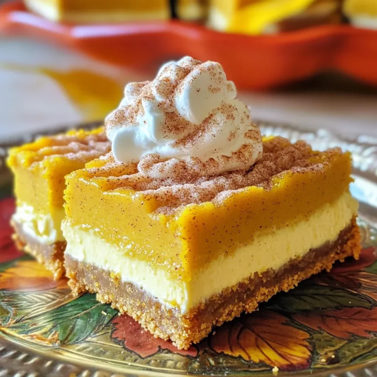 - 1 cup graham cracker crumbs - 1/2 cup unsalted butter, melted - 1/4 cup granulated sugar - 2 teaspoons cinnamon, divided - 8 oz cream cheese, softened - 1 cup pumpkin puree - 1/2 cup brown sugar - 2 large eggs - 1 teaspoon vanilla extract - 1/2 teaspoon nutmeg - 1/4 teaspoon salt You can easily adjust some ingredients. For the crust, you can use digestive biscuits instead of graham crackers. If you want a dairy-free option, try using vegan cream cheese. For a richer flavor, consider adding maple syrup in place of some brown sugar. Garnishes can elevate your bars. Whipped cream adds a nice touch. You can also sprinkle extra cinnamon on top for a spiced finish. Consider drizzling melted chocolate for a unique twist. Fresh pecans or walnuts can add crunch and flavor as well. Start by preheating your oven to 350°F. Grab a 9x9-inch baking pan. Grease it lightly and line it with parchment paper. Leave some paper hanging over the edges for easy removal later. In a medium bowl, mix together 1 cup of graham cracker crumbs, 1/2 cup of melted butter, and 1/4 cup of granulated sugar. Add 1 teaspoon of cinnamon to this mix. Combine everything well until the crumbs are coated. Press this mixture firmly into the bottom of your prepared pan. It should form a nice, even layer. Bake it in the oven for about 8-10 minutes until it looks slightly golden. Once done, take it out and let it cool for a bit. While the crust cools, move to the filling. In a large mixing bowl, beat 8 oz of softened cream cheese until it's smooth. Add 1 cup of pumpkin puree, 1/2 cup of brown sugar, 2 large eggs, and 1 teaspoon of vanilla extract. Don’t forget to include 1/2 teaspoon of nutmeg and 1/4 teaspoon of salt. Mix everything together until it's well combined and smooth. This filling should be rich and creamy. Pour the pumpkin cheesecake filling over your cooled crust. Spread it evenly across the top. Bake everything in the oven for 30-35 minutes. The edges should be set, but the center can still jiggle a bit. While it bakes, prepare the churro topping. In a small bowl, mix the remaining 1 tablespoon of cinnamon with 1/4 cup of sugar. Once the cheesecake bars are done baking, take them out and let them cool in the pan at room temperature. After they cool, sprinkle the churro topping evenly over the top. Put the bars in the fridge for at least 2 hours before slicing them into squares. Use the parchment paper to lift them out of the pan for cutting. Enjoy these delicious treats! To get a creamy texture, start with room temperature cream cheese. Cold cream cheese will not blend well. Mix it until smooth before adding other ingredients. Incorporate the pumpkin puree gently. Overmixing can add air, causing cracks. The filling should be thick yet smooth when done. Bake until the edges are set but the center is slightly jiggly. This helps keep the bars creamy. One common mistake is not greasing the pan well. This can make it hard to lift the bars out later. Make sure to line the pan with parchment paper. Also, avoid overbaking. If the center looks firm, it’s likely overdone. Another mistake is skipping the chilling step. Chilling helps set the bars and enhances the flavors. You can add a pinch of ground ginger for more spice. A splash of maple syrup can deepen the pumpkin flavor. For a nutty twist, fold in some chopped pecans or walnuts into the filling. Consider adding chocolate chips for a decadent touch. Each of these options can elevate your bars and make them even more delightful. {{image_2}} You can spice up your pumpkin churro cheesecake bars in fun ways. Try adding ginger for warmth or cardamom for a unique flavor twist. A pinch of allspice can also add depth. Each spice brings a new vibe, making your bars special and exciting. Experiment with what you love, and find your favorite mix! If you want a different crust, there are many choices. Use crushed cookies like Oreos for a richer taste. You can also try almond flour for a nutty flavor. For a healthier option, blend oats and coconut oil for a more wholesome base. Each crust changes the flavor, so have fun picking your favorite! Making these bars vegan or gluten-free is easy. Replace cream cheese with a dairy-free option made from nuts. Use silken tofu blended until smooth for a creamy texture. For gluten-free, swap graham cracker crumbs with gluten-free cookies or almond flour. These options keep the taste delicious while meeting dietary needs. Enjoy your treat without worry! To keep your Pumpkin Churro Cheesecake Bars fresh, store them in the fridge. Use an airtight container. This will help maintain their flavor and texture. Place a piece of parchment paper between layers if you stack them. This prevents sticking and keeps them neat. Always let the bars cool completely before storing them. This step ensures they do not become soggy. You can freeze these cheesecake bars for longer storage. First, let them cool completely. Then wrap each bar tightly in plastic wrap. This keeps the air out and prevents freezer burn. After wrapping, place the bars in a freezer-safe bag or container. Label the bag with the date. They can last up to three months in the freezer. To enjoy them, simply thaw in the fridge overnight. When stored properly, these Pumpkin Churro Cheesecake Bars last about five days in the fridge. If left out at room temperature, they should be eaten within two hours. Always check for any signs of spoilage. If they look or smell off, it’s best to toss them. Enjoy these delicious bars fresh for the best taste! Yes, you can use fresh pumpkin. Just cook and puree it first. Use the same amount as canned pumpkin. Fresh pumpkin can taste better and add more texture. Make sure to drain excess water to avoid a runny filling. The bars are done when the edges look set. The center should still jiggle a bit. This means it will firm up when cooling. You can also check with a toothpick. If it comes out clean from the edges, they are ready. Absolutely! You can make these bars a day or two in advance. Just store them in the fridge. They taste even better after chilling. Just sprinkle the churro topping right before serving for the best crunch. We covered a lot about making pumpkin churro cheesecake bars. We talked about the key ingredients and how to measure them. I shared steps for preparing the crust, making the filling, and finishing the bars. Tips helped you avoid common mistakes, and we explored tasty variations. Finally, I gave storage advice to keep your bars fresh. Now, you have the tools to create a great dessert. Enjoy baking and have fun sharing these treats with others.