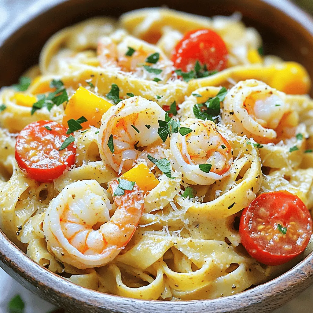 - 12 oz fettuccine pasta - 1 lb shrimp, peeled and deveined - 1 tablespoon Cajun seasoning - 2 tablespoons olive oil - 1 small onion, diced - 3 cloves garlic, minced - 1 bell pepper (red or yellow), diced - 1 cup cherry tomatoes, halved - 2 cups vegetable broth - 1 cup heavy cream - 1 teaspoon paprika - Salt and pepper to taste - Fresh parsley for garnish - Grated Parmesan cheese (optional) Gather these ingredients before you start cooking. Fresh shrimp makes a big difference in flavor. The Cajun seasoning adds a nice kick. You can use any sweet bell pepper. Red or yellow works best. I love using cherry tomatoes for their sweetness. Heavy cream makes your pasta rich and creamy. Don't skip the garnish; parsley adds color and freshness. If you want, sprinkle some grated Parmesan on top for extra flavor. Having everything ready makes the cooking process smooth and fun. - Heat 2 tablespoons of olive oil in a large pot over medium heat. - Add 1 small onion, diced, and 1 bell pepper, diced. Sauté until they soften, about 5 minutes. - Stir in 3 minced garlic cloves and toast for 1-2 minutes, until fragrant. - Sprinkle 1 tablespoon of Cajun seasoning over the cooked vegetables. Mix well and let the spices toast for 1 minute. - Add 1 pound of peeled and deveined shrimp to the pot. - Cook the shrimp until they turn pink, about 3-4 minutes. - Remove the shrimp from the pot and set them aside. - In the same pot, add 1 cup of halved cherry tomatoes. Cook for 2-3 minutes until they soften. - Pour in 2 cups of vegetable broth and bring it to a boil. - Add 12 ounces of fettuccine pasta. Cook according to the package instructions until al dente, stirring often. - Once the pasta is cooked, reduce the heat. Stir in 1 cup of heavy cream and 1 teaspoon of paprika. - Mix well and let it simmer for 2-3 minutes to thicken slightly. - Add the cooked shrimp back into the pot. Combine everything gently and season with salt and pepper to taste. - Remove from heat and let it sit for a few minutes to meld the flavors. - Choosing the right pasta: I love using fettuccine for this dish. Its wide shape holds the sauce well and adds a nice texture. You can also try linguine or penne if you prefer. Just ensure it cooks to al dente for the best bite. - Balancing the creaminess and spices: The heavy cream gives a rich flavor. Use just enough to coat the pasta without drowning it. The Cajun seasoning should shine through, so taste as you go. Adjust the spice to fit your palate. - Essential sautéing techniques: Start by heating olive oil in your pot. Sauté the onion and bell pepper until soft. This brings out their natural sweetness. Add garlic next and cook it lightly to release its aroma. - Avoiding overcooked shrimp: Shrimp cook fast! They only need 3-4 minutes until they turn pink. If you leave them too long, they become rubbery. Remove them from the pot as soon as they’re done to keep them tender. - Ideal serving suggestions: Serve your pasta in deep bowls. This keeps the sauce from spilling and makes it look inviting. - Garnishing for enhanced flavor: Finish your dish with chopped fresh parsley. This adds a pop of color and fresh taste. A sprinkle of grated Parmesan cheese is a great touch too. It adds a salty richness that pairs perfectly with the creamy pasta. {{image_2}} You can switch up the pasta you use. Try penne, spaghetti, or even gluten-free pasta. Each type gives a unique twist to the dish. Adding vegetables boosts nutrition and flavor. Good choices include spinach, zucchini, or broccoli. These add color and crunch. Adjust the spice level to suit your taste. If you want more heat, add cayenne pepper or red pepper flakes. For a milder dish, reduce the Cajun seasoning. You can also mix in different proteins. Cooked chicken or sausage works great in this recipe. Both add a hearty touch. If you follow a vegan diet, use plant-based shrimp or tofu. Swap heavy cream for coconut cream or cashew cream. For gluten-free needs, select gluten-free pasta. This way, everyone can enjoy this creamy Cajun shrimp pasta. To keep your creamy Cajun shrimp pasta fresh, place it in an airtight container. This helps keep the flavors intact. If you have leftover pasta, store it in the fridge right away. It lasts for about three to four days. Always check for any signs of spoilage before eating. When reheating, I recommend using the stovetop for the best results. Heat the pasta in a pan over medium-low heat. Add a splash of water or broth to keep it moist. Stir often until warmed through. This way, you keep the creamy texture and rich flavors. If the pasta seems dry, add more liquid as needed. If you want to save some for later, freezing is a great option. Divide the pasta into small portions and use freezer-safe bags or containers. Make sure to remove as much air as possible. This will help prevent freezer burn. To thaw, place it in the fridge overnight. When ready to eat, reheat on the stovetop, adding a bit of liquid to refresh the dish. It takes about 30 minutes to make creamy Cajun shrimp pasta. This includes prep and cooking time. You can have a tasty meal ready in no time! Yes, you can use frozen shrimp! Just thaw them first. Place the shrimp in cold water for about 15 minutes. This will save you time and still taste great. I love serving this dish with garlic bread and a fresh salad. The bread soaks up the sauce well. You can also add a side of roasted vegetables for extra nutrition. Yes, this dish has a bit of spice from the Cajun seasoning. If you want it milder, use less seasoning. You can also add cream to tone down the heat. For extra spice, add more seasoning or red pepper flakes. Yes, you can make creamy Cajun shrimp pasta ahead of time. Just store it in the fridge for up to three days. When ready to eat, reheat gently on the stove. In this guide, we explored how to make a delicious Cajun shrimp pasta. We covered the main ingredients, essential tools, and step-by-step instructions to create this dish. I shared tips for cooking, variations, and proper storage methods to keep your leftovers fresh. Making this meal can be fun and easy. By following these guidelines, you’ll serve a tasty dish that pleases everyone. Enjoy your cooking and impress your friends and family with your new skills!