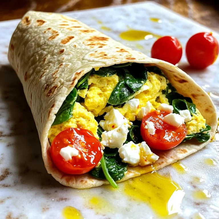 - 6 egg whites - 2 cups fresh spinach, chopped - 1 small onion, finely chopped - 1 clove garlic, minced - 1/2 cup cherry tomatoes, halved - 1/4 cup feta cheese, crumbled - 1 whole wheat wrap or tortilla - Salt and pepper to taste - 1 tablespoon olive oil - Optional: hot sauce for serving This Egg White Spinach Scramble Wrap is a high-protein meal. Each serving contains about: - Calories: 250 - Protein: 24g - Carbohydrates: 30g - Fat: 8g - Fiber: 6g The wrap is low in calories but rich in nutrients. Egg whites provide protein without the fat. Spinach adds iron and fiber, while feta gives flavor and calcium. To make this dish, you will need: - A large non-stick skillet - A mixing bowl - A whisk - A chopping board - A knife - A spatula These tools help you cook and mix your ingredients easily. Having them ready makes cooking smooth and fun. Enjoy the process as you create a tasty and healthy meal! Start by gathering your fresh spinach, onion, and garlic. Chop the spinach finely. Dice the onion into small pieces. Mince the garlic clove. In a large non-stick skillet, heat one tablespoon of olive oil over medium heat. Add the chopped onion and sauté it for about 2-3 minutes. You want the onion to turn translucent. Next, add the minced garlic and let it cook for one more minute. You will smell a lovely aroma. Then, stir in the chopped spinach. Cook for about 2-3 minutes until it wilts down nicely. In a bowl, take six egg whites and whisk them well. Add a pinch of salt and pepper for flavor. Once the spinach and onion are ready, pour the egg whites into the skillet. Gently stir the mix as the eggs begin to set. This will take about 3-4 minutes. Keep stirring occasionally to prevent sticking. When the eggs are fully cooked, add half a cup of halved cherry tomatoes and a quarter cup of crumbled feta cheese. Stir everything together and remove the skillet from heat. Now, warm your whole wheat wrap in a separate skillet or microwave for a few seconds. This makes it easier to roll. Spoon the egg white spinach mixture onto the center of the wrap. Fold in the sides and roll it up tightly. Make sure the filling stays inside. Slice the wrap in half for serving. If you like some heat, drizzle a bit of hot sauce on top. Enjoy your tasty, high-protein wrap! Cooking egg whites can be tricky. Here are my best tips: - Use a non-stick skillet. This helps prevent sticking. - Keep the heat medium. High heat can make them rubbery. - Whisk the egg whites well. This adds air and makes them fluffy. - Stir gently while cooking. This helps them cook evenly. You can boost the taste of your scramble. Here are some ideas: - Add herbs like basil or parsley for fresh flavor. - Mix in spices like paprika or cumin for warmth. - Try adding cheese varieties like goat cheese or cheddar. - A splash of lemon juice brightens the dish. Want a healthier wrap? Here’s how: - Use whole wheat or spinach wraps for more fiber. - Add extra veggies like bell peppers or mushrooms. - Swap feta for a lower-fat cheese option. - Serve with fresh salsa instead of sauce for extra flavor. {{image_2}} You can switch up the protein in your egg white spinach scramble wrap. Try adding diced grilled chicken for extra flavor and protein. If you want a vegetarian option, use black beans or chickpeas. Both add protein and fiber. For a spicy kick, add cooked chorizo or turkey sausage. These swaps keep the dish interesting and tasty. Get creative with veggies! You can add bell peppers for crunch and sweetness. Mushrooms add a nice earthy flavor. Zucchini is also a great choice, adding moisture and texture. You can swap spinach for kale or arugula, too. These greens bring different flavors and nutrients to your wrap. Spice up your wrap with different seasonings. Try adding cumin or paprika for a warm flavor. Fresh herbs like basil or cilantro can brighten your dish. A sprinkle of chili flakes adds heat if you like it spicy. You can also experiment with different hot sauces to give it a kick. These little changes can make a big difference. To keep your leftover wraps fresh, wrap them tightly in plastic. This helps prevent air from getting in. Store them in the fridge for up to three days. If you notice any moisture, use a paper towel to absorb it before wrapping. This keeps the wrap from getting soggy. To freeze your wraps, first let them cool completely. Then, wrap each one in plastic wrap. Place the wrapped wraps in a freezer-safe bag or container. They will stay good for about one month. When you're ready to eat, take one out and let it thaw in the fridge overnight. To reheat, you can use the microwave or a skillet. If using a microwave, heat on low for about 30 seconds. Check if it's warm enough. If not, heat in 10-second intervals. For a skillet, warm on low heat for about 2-3 minutes on each side. This gives you a nice crisp outside. Enjoy your delicious wrap! Yes, you can use whole eggs. Whole eggs add more flavor and richness. They also make the wrap creamier. Just remember that the protein count will go up. For a high-protein option, stick with egg whites. If you don’t have feta, try goat cheese or ricotta. Both bring a nice creaminess. You can also use nutritional yeast for a cheesy flavor without dairy. Just sprinkle it in and mix. You can replace the egg whites with tofu. Silken tofu works great for a scramble. Just mash it and cook it like you would the eggs. Use a vegan cheese or leave it out for a lighter dish. Yes, you can make it ahead. Cook the egg white mixture and store it in the fridge. When ready to eat, warm it up and assemble the wrap. It’s a great meal prep option! This post covered everything you need to know about making delicious wraps. We talked about the ingredients, nutritional facts, and tools you need. The step-by-step guide made the process easy. I shared useful tips, variations, and storage methods to keep your wraps fresh. Experimenting with different flavors and proteins adds fun to your meal. I hope you feel ready to try these wraps. Your kitchen can be a place for tasty, healthy food that you enjoy. Enjoy your cooking!