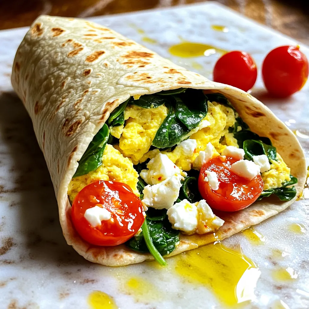 - 6 egg whites - 2 cups fresh spinach, chopped - 1 small onion, finely chopped - 1 clove garlic, minced - 1/2 cup cherry tomatoes, halved - 1/4 cup feta cheese, crumbled - 1 whole wheat wrap or tortilla - Salt and pepper to taste - 1 tablespoon olive oil - Optional: hot sauce for serving This Egg White Spinach Scramble Wrap is a high-protein meal. Each serving contains about: - Calories: 250 - Protein: 24g - Carbohydrates: 30g - Fat: 8g - Fiber: 6g The wrap is low in calories but rich in nutrients. Egg whites provide protein without the fat. Spinach adds iron and fiber, while feta gives flavor and calcium. To make this dish, you will need: - A large non-stick skillet - A mixing bowl - A whisk - A chopping board - A knife - A spatula These tools help you cook and mix your ingredients easily. Having them ready makes cooking smooth and fun. Enjoy the process as you create a tasty and healthy meal! Start by gathering your fresh spinach, onion, and garlic. Chop the spinach finely. Dice the onion into small pieces. Mince the garlic clove. In a large non-stick skillet, heat one tablespoon of olive oil over medium heat. Add the chopped onion and sauté it for about 2-3 minutes. You want the onion to turn translucent. Next, add the minced garlic and let it cook for one more minute. You will smell a lovely aroma. Then, stir in the chopped spinach. Cook for about 2-3 minutes until it wilts down nicely. In a bowl, take six egg whites and whisk them well. Add a pinch of salt and pepper for flavor. Once the spinach and onion are ready, pour the egg whites into the skillet. Gently stir the mix as the eggs begin to set. This will take about 3-4 minutes. Keep stirring occasionally to prevent sticking. When the eggs are fully cooked, add half a cup of halved cherry tomatoes and a quarter cup of crumbled feta cheese. Stir everything together and remove the skillet from heat. Now, warm your whole wheat wrap in a separate skillet or microwave for a few seconds. This makes it easier to roll. Spoon the egg white spinach mixture onto the center of the wrap. Fold in the sides and roll it up tightly. Make sure the filling stays inside. Slice the wrap in half for serving. If you like some heat, drizzle a bit of hot sauce on top. Enjoy your tasty, high-protein wrap! Cooking egg whites can be tricky. Here are my best tips: - Use a non-stick skillet. This helps prevent sticking. - Keep the heat medium. High heat can make them rubbery. - Whisk the egg whites well. This adds air and makes them fluffy. - Stir gently while cooking. This helps them cook evenly. You can boost the taste of your scramble. Here are some ideas: - Add herbs like basil or parsley for fresh flavor. - Mix in spices like paprika or cumin for warmth. - Try adding cheese varieties like goat cheese or cheddar. - A splash of lemon juice brightens the dish. Want a healthier wrap? Here’s how: - Use whole wheat or spinach wraps for more fiber. - Add extra veggies like bell peppers or mushrooms. - Swap feta for a lower-fat cheese option. - Serve with fresh salsa instead of sauce for extra flavor. {{image_2}} You can switch up the protein in your egg white spinach scramble wrap. Try adding diced grilled chicken for extra flavor and protein. If you want a vegetarian option, use black beans or chickpeas. Both add protein and fiber. For a spicy kick, add cooked chorizo or turkey sausage. These swaps keep the dish interesting and tasty. Get creative with veggies! You can add bell peppers for crunch and sweetness. Mushrooms add a nice earthy flavor. Zucchini is also a great choice, adding moisture and texture. You can swap spinach for kale or arugula, too. These greens bring different flavors and nutrients to your wrap. Spice up your wrap with different seasonings. Try adding cumin or paprika for a warm flavor. Fresh herbs like basil or cilantro can brighten your dish. A sprinkle of chili flakes adds heat if you like it spicy. You can also experiment with different hot sauces to give it a kick. These little changes can make a big difference. To keep your leftover wraps fresh, wrap them tightly in plastic. This helps prevent air from getting in. Store them in the fridge for up to three days. If you notice any moisture, use a paper towel to absorb it before wrapping. This keeps the wrap from getting soggy. To freeze your wraps, first let them cool completely. Then, wrap each one in plastic wrap. Place the wrapped wraps in a freezer-safe bag or container. They will stay good for about one month. When you're ready to eat, take one out and let it thaw in the fridge overnight. To reheat, you can use the microwave or a skillet. If using a microwave, heat on low for about 30 seconds. Check if it's warm enough. If not, heat in 10-second intervals. For a skillet, warm on low heat for about 2-3 minutes on each side. This gives you a nice crisp outside. Enjoy your delicious wrap! Yes, you can use whole eggs. Whole eggs add more flavor and richness. They also make the wrap creamier. Just remember that the protein count will go up. For a high-protein option, stick with egg whites. If you don’t have feta, try goat cheese or ricotta. Both bring a nice creaminess. You can also use nutritional yeast for a cheesy flavor without dairy. Just sprinkle it in and mix. You can replace the egg whites with tofu. Silken tofu works great for a scramble. Just mash it and cook it like you would the eggs. Use a vegan cheese or leave it out for a lighter dish. Yes, you can make it ahead. Cook the egg white mixture and store it in the fridge. When ready to eat, warm it up and assemble the wrap. It’s a great meal prep option! This post covered everything you need to know about making delicious wraps. We talked about the ingredients, nutritional facts, and tools you need. The step-by-step guide made the process easy. I shared useful tips, variations, and storage methods to keep your wraps fresh. Experimenting with different flavors and proteins adds fun to your meal. I hope you feel ready to try these wraps. Your kitchen can be a place for tasty, healthy food that you enjoy. Enjoy your cooking!