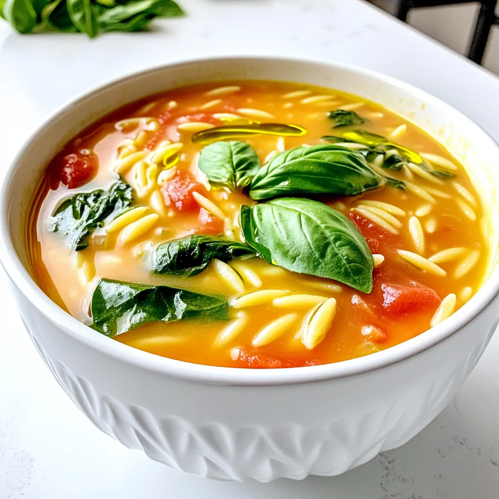 - 1 tablespoon olive oil - 1 onion, finely chopped - 2 garlic cloves, minced - 1 teaspoon dried oregano - 1 can (14 oz) crushed tomatoes - 4 cups vegetable broth - 1 cup orzo pasta - 2 cups fresh spinach - 1 cup heavy cream (or coconut cream for a dairy-free option) - Salt and pepper to taste - Fresh basil leaves, for garnish I love using fresh ingredients for this creamy tomato orzo soup with spinach. The olive oil adds richness, while the onion and garlic boost the aroma. Dried oregano gives it a nice herb flavor. Crushed tomatoes form the base of this soup. I prefer a high-quality can for the best taste. The vegetable broth keeps this dish light and delicious. Orzo pasta is my choice for texture; it cooks quickly and absorbs the soup's flavor well. Fresh spinach adds color and nutrients. I like to use it near the end of cooking to keep it vibrant. For creaminess, I use heavy cream. If you're dairy-free, coconut cream works great too. Finally, always season with salt and pepper to taste. Fresh basil leaves make a lovely garnish that enhances the dish's look and adds freshness. This combination creates a soup that is rich, comforting, and full of flavor. 1. Sautéing Onion Start by heating the olive oil in a large pot over medium heat. Add the finely chopped onion and sauté for about 5 minutes. You want the onion to become soft and translucent. This step builds a sweet base for your soup. 2. Adding Garlic and Oregano Next, stir in the minced garlic and dried oregano. Cook this mixture for one more minute. The smell will be amazing, and it adds depth to the soup. 3. Combining Tomatoes and Broth Now, pour in the crushed tomatoes and vegetable broth. Stir well to combine everything. Bring the mixture to a gentle boil. This step is crucial as it melds all the flavors together. 1. Adding Orzo to the Boiling Mixture Once your soup is boiling, add the orzo pasta to the pot. Stir it in and let it cook. This usually takes about 8 to 10 minutes. The orzo will soak up the flavors and become tender. 2. Simmering until Tender Keep an eye on the pot. Stir occasionally and check the orzo for doneness. It should be soft but not mushy. This is the perfect time to taste the soup for seasoning. 1. Incorporating Spinach Lower the heat and stir in the fresh spinach. Let it wilt for 1 to 2 minutes. The spinach adds a pop of color and nutrients to your soup. 2. Mixing in Heavy Cream Finally, pour in the heavy cream. Stir until well combined. Taste the soup and add salt and pepper as needed. This creamy finish makes the soup rich and comforting. Enjoy your warm, delicious bowl of creamy tomato orzo soup with spinach! Sautéing to Enhance Flavor Sautéing is key to a rich soup. Start by heating olive oil in your pot. Add the chopped onion first. Cook it until soft and clear. This brings out the onion's sweet flavor. Next, add minced garlic and dried oregano. Cook for one more minute. The smell will be amazing! How to Avoid Overcooking Orzo Orzo cooks fast. Keep an eye on it while it simmers. Stir often to stop it from sticking. Once it's tender, turn off the heat. If you overcook it, orzo can turn mushy. We want it to stay firm in the soup. Bowl Serving Techniques When serving, choose colorful bowls. This makes the soup look bright and inviting. Use a ladle to pour the soup gently. Aim for a nice, even fill. Garnishing Ideas Garnish each bowl with fresh basil leaves. This adds a pop of color. You can also sprinkle cracked black pepper on top. A drizzle of olive oil gives a nice shine. Adding Spices or Herbs Want to kick it up a notch? Try adding a pinch of red pepper flakes for heat. Fresh herbs like thyme or parsley also work great. Experiment with flavors you love! Alternatives for Cream If you want a lighter option, use coconut cream. It adds a sweet, tropical touch. You can also skip the cream altogether for a brothier soup. The flavors will still shine through! {{image_2}} You can make this soup dairy-free by using coconut cream instead of heavy cream. Coconut cream adds a rich flavor and a creamy texture. This option works well for those who avoid dairy but still want a luscious soup. For vegetarian options, this recipe already fits perfectly. It uses vegetable broth and fresh spinach, which are both plant-based. You can also add more vegetables like carrots or bell peppers for extra nutrients. If you cannot find orzo pasta, you can use other small pasta types. Examples include ditalini, small shells, or even rice. Each option will change the soup's texture slightly but will still taste great. You can also switch up the greens. Kale, Swiss chard, or even frozen peas can work well. Each green brings its own unique flavor and texture to the soup. This soup pairs nicely with crusty bread or a fresh salad. A warm, toasted baguette can soak up the delicious broth. A light side salad adds a refreshing crunch to your meal. To make this soup heartier, you can add cooked chicken or beans. This adds protein and makes the soup more filling, perfect for a complete meal. After enjoying your soup, store any leftovers in a safe way. Use airtight containers made from glass or plastic. These keep the soup fresh and tasty. Make sure to let the soup cool down before sealing the containers. This helps avoid steam build-up, which can spoil your soup. For the best taste, eat your leftover soup within 3 to 5 days. Always check for any signs of spoilage before eating. If the soup smells off or looks different, it’s best to toss it. To enjoy your soup again, reheat it gently. You can use the stove or the microwave. If using the stove, pour the soup into a pot. Heat it over medium-low heat, stirring often. This helps keep the flavors balanced. If you choose the microwave, put the soup in a microwave-safe bowl. Heat it in short bursts, stirring in between. This helps the soup warm evenly. To keep the creamy texture, add a splash of water or broth if it gets too thick. This way, every bite remains delicious and rich. Can I make this soup in advance? Yes, you can make this soup ahead of time. I often prepare it a day before serving. Store it in the fridge. This helps the flavors blend well. Just remember, fresh spinach is best added right before serving. How can I thicken my soup? To thicken your soup, you can add more orzo. Cook it longer to soak up the broth. Another option is to blend a portion of the soup. This gives a creamy texture without adding extra cream. What can I use instead of orzo pasta? If you don’t have orzo, use any small pasta. Try ditalini or even rice. Quinoa is also a good choice for a gluten-free option. Each adds a unique twist to the soup. Can I freeze Creamy Tomato Orzo Soup? Yes, you can freeze this soup. Make sure to leave out the spinach and cream before freezing. Add them back in when you reheat the soup. It will taste just as good! What to serve with this soup? Serve this soup with crusty bread. A fresh salad on the side also works well. Both pair nicely and make for a complete meal. Try adding a sprinkle of cheese on top for extra flavor. You now have all the tools to make Creamy Tomato Orzo Soup. We covered the key ingredients, cooking steps, and tips to enhance your dish. Remember to store leftovers properly and reheat for the best taste. Customize the soup to fit your diet and preferences for even more enjoyment. I hope these insights inspire you. Dive in and create a comforting meal that brings warmth to you and your loved ones!