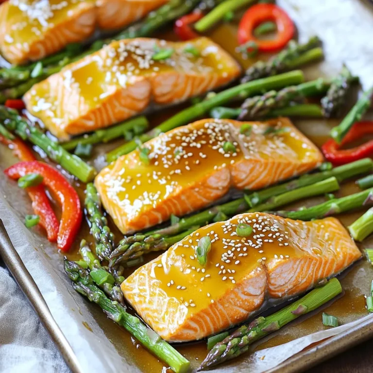 To make this tasty dish, gather these simple ingredients: - 4 salmon fillets - 1/4 cup pure maple syrup - 2 tablespoons Dijon mustard - 2 tablespoons soy sauce (or tamari for gluten-free) - 1 tablespoon olive oil - 2 cloves garlic, minced - 1 teaspoon fresh ginger, grated - 1 bunch asparagus, trimmed - 1 red bell pepper, sliced - Salt and pepper to taste For a fun twist, add these garnishes: - Sesame seeds - Chopped green onions These add crunch and color to your dish. They make it look great and taste even better. If you lack some ingredients, try these swaps: - Use honey instead of maple syrup for a different sweet flavor. - Swap Dijon mustard with yellow mustard if that’s what you have. - Use lemon juice instead of soy sauce for a fresh taste. - If you dislike asparagus, green beans work well too. These options let you customize the recipe based on what you have. Enjoy your cooking adventure! 1. Preheat the oven. Set it to 400°F (200°C). This heat helps cook the salmon well. 2. Line your pan. Use parchment paper to cover a large sheet pan. This makes cleanup easy. 3. Make the sauce. In a small bowl, mix together: - 1/4 cup pure maple syrup - 2 tablespoons Dijon mustard - 2 tablespoons soy sauce (or tamari for gluten-free) - 1 tablespoon olive oil - 2 cloves garlic, minced - 1 teaspoon fresh ginger, grated Whisk until smooth. 4. Place the salmon. Put the salmon fillets on one side of the sheet pan. 5. Season the salmon. Add salt and pepper. Brush half of the maple Dijon sauce on top. 6. Prepare the veggies. On the other side of the pan, add: - 1 bunch asparagus, trimmed - 1 red bell pepper, sliced Drizzle the rest of the sauce over the veggies and toss them. 7. Bake the dish. Put the sheet pan in the oven. Bake for 15-18 minutes. The salmon should flake easily with a fork. The veggies should be tender-crisp. 8. Broil for caramelization. For a nice finish, turn on the broiler for the last 2-3 minutes. Watch closely to avoid burning. 9. Cool and serve. Take the pan out of the oven. Let it cool a bit. Drizzle any leftover sauce from the pan over the dish. This method gives you a tasty meal that is quick and easy. Enjoy your flavorful Sheet Pan Maple Dijon Salmon! To cook salmon just right, watch the time. Bake it at 400°F for 15-18 minutes. The salmon should flake easily with a fork when done. Check the thickest part for doneness. Use a fork to test it gently. If it flakes, it is ready! If you want a nice glaze, turn on the broiler for the last few minutes. Just keep an eye on it to prevent burning. Different veggies need different cooking times. Asparagus and red bell pepper cook well at the same time as salmon. They will become tender-crisp in about 15-18 minutes. If you wish to add other veggies, check their cooking times. For instance, broccoli may need a few more minutes. Always cut vegetables to similar sizes to ensure even cooking. The maple Dijon sauce is key to this dish. If you want it sweeter, add more maple syrup. For a tangy kick, increase the Dijon mustard a bit. You can also play with the soy sauce. Use tamari for a gluten-free option. Adjust the garlic and ginger to suit your taste too. Taste the sauce before using it, then tweak it as needed. {{image_2}} You can change up the veggies in this dish. Broccoli, green beans, or zucchini work well. Just cut them into even pieces. This ensures they cook at the same time as the salmon. You could even add cherry tomatoes for a juicy burst. Toss them into the maple Dijon sauce for added flavor. If you want to switch proteins, try chicken or shrimp. For chicken, use boneless thighs or breasts. Cook them the same way as the salmon. Shrimp cooks faster, so check them at about 10 minutes. They should turn pink and opaque. This gives you tasty options for any meal plan. You can mix up the glaze to suit your taste. Try honey instead of maple syrup for a sweeter touch. A splash of lemon juice adds a nice zing. You can also use spicy mustard for a kick. Experiment with flavors to find what you love most. Store any leftover salmon in an airtight container. Make sure it cools first. You can keep it in the fridge for up to three days. If you want to enjoy the dish later, add some extra sauce before serving. This keeps it moist and flavorful. You can freeze the salmon if you have leftovers. Wrap it tightly in plastic wrap and aluminum foil. This prevents freezer burn. It will last for about a month. Just remember, freeze it before you add any sauce. Thaw it in the fridge before cooking. To reheat, use the oven for the best results. Preheat your oven to 350°F. Place the salmon on a baking sheet. Cover it with foil to keep it moist. Heat for about 10-15 minutes, or until warm. You can also use a microwave, but it may dry out the fish. If using a microwave, cover it loosely and heat for 1-2 minutes. Enjoy your tasty salmon! You should bake salmon for about 15-18 minutes at 400°F. The fish is done when it flakes easily with a fork. For best results, check the salmon around the 15-minute mark. If you want a slight crisp, you can broil it for 2-3 minutes at the end. Yes, you can use frozen salmon for this recipe. Just make sure to thaw it first. The best way to thaw salmon is to leave it in the fridge overnight. If you are in a hurry, you can place it in cold water for about an hour. I love serving this dish with simple sides. Here are some great options: - Steamed rice or quinoa - A fresh green salad - Roasted potatoes - Garlic bread - Sautéed spinach or kale These sides pair well and make your meal feel complete. You can also use the leftover cooked salmon in salads or wraps for lunch the next day. This blog post covers everything you need for a great salmon dish. We discussed key ingredients, cooking steps, and helpful tips. You can still get creative with variations and adjustments. Remember to store leftovers well for later meals. With these insights, you can confidently make delicious salmon at home. Enjoy the cooking process and share your tasty results!