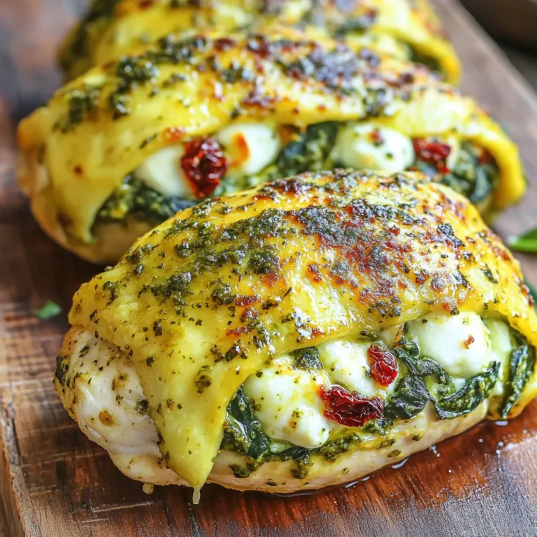 - 4 boneless, skinless chicken breasts - 1 cup fresh basil pesto - 1 cup fresh mozzarella cheese, diced - 1 cup baby spinach, chopped - 1/2 cup sun-dried tomatoes, chopped - 1 teaspoon garlic powder - 1 teaspoon onion powder - Salt and pepper to taste - 2 tablespoons olive oil - Optional: grated Parmesan cheese for serving When making Pesto Mozzarella Stuffed Chicken, fresh ingredients are key. Start with chicken breasts that are boneless and skinless. This makes them easy to stuff and cook evenly. You’ll need a cup of fresh basil pesto, which brings rich flavor. Next, use fresh mozzarella cheese, diced into small pieces. This cheese melts well, adding a creamy texture. Add a cup of baby spinach, chopped to boost nutrition and flavor. For extra taste, include sun-dried tomatoes, chopped finely. These add a sweet and tangy note. Garlic powder and onion powder give depth to the dish. Don’t forget salt and pepper to enhance all the flavors. You'll also need olive oil to cook the chicken and keep it juicy. If you want to elevate the dish, consider adding grated Parmesan cheese on top before serving. This gives a nice finish and extra flavor. Gather these ingredients, and you are ready to create a meal that is both savory and simple. - Preheat your oven to 375°F (190°C). Grease a baking dish lightly with olive oil. - Take a sharp knife and create pockets in each chicken breast. Cut deep but do not slice all the way through. - In a bowl, mix together the diced mozzarella, chopped spinach, and sun-dried tomatoes. - Add garlic powder, onion powder, salt, and pepper. Toss until everything is well mixed. - Stuff each chicken breast pocket with the cheese and spinach mix. Use toothpicks to secure the openings if needed. - Heat olive oil in a skillet over medium heat. Sear each stuffed chicken breast for about 3-4 minutes per side until golden brown. - Transfer the seared chicken breasts to the prepared baking dish. Spoon basil pesto generously over each piece. - Bake in the oven for 25-30 minutes. Check that the internal temperature reaches 165°F (74°C). - Remove from the oven and let the chicken rest for 5 minutes before serving. Optionally, sprinkle grated Parmesan cheese on top for extra flavor. - How to achieve golden brown chicken Start by searing the chicken in hot olive oil. Cook for 3-4 minutes per side. This creates a nice crust. Use medium heat to avoid burning. - Ensuring chicken is cooked through Use a meat thermometer. The internal temperature should reach 165°F (74°C). If you don’t have one, cut into the chicken. The juices should run clear, not pink. - Accompaniments and sides that pair well Serve this dish with a side salad. A light Caesar or mixed greens works great. Garlic bread complements the meal well, too. You can also add roasted vegetables for color and flavor. - Presentation tips Slice the chicken before serving. This showcases the colorful filling. Drizzle extra pesto on top for a nice touch. Sprinkle grated Parmesan for added flavor and style. - Alternatives for mozzarella or pesto Try provolone or fontina cheese if you can’t find mozzarella. For pesto, use a store-bought version or make your own with nuts and herbs. - Vegetarian options Replace chicken with large portobello mushrooms or eggplant slices. Stuff them with the same filling for a tasty vegetarian dish. {{image_2}} You can change this dish easily by adding herbs or spices. Try thyme or rosemary for a new taste. You might also use garlic paste instead of powder for a fresh flavor. Switching up the cheese will create a fun twist. Instead of mozzarella, use gouda or feta for a unique taste. Each cheese adds its own special touch to the dish. You can grill or bake the stuffed chicken. Grilling gives it a smoky flavor and nice grill marks. Baking is simple and keeps the chicken juicy. If you prefer a slow cooker, you can adapt this recipe. Just sear the chicken first, then place it in the slow cooker with the pesto. Cook on low for four to six hours. This method makes the chicken super tender. If you need a gluten-free option, use gluten-free pesto. Most pestos are already gluten-free, but always check the label. You can also make a low-carb version. Use zucchini noodles or cauliflower rice as a side. This way, you cut carbs while still enjoying rich flavors. To keep your Pesto Mozzarella Stuffed Chicken fresh, follow these steps: - Allow the chicken to cool completely before storing. - Place leftovers in an airtight container. - Store in the fridge for up to four days. - Keep the chicken away from strong-smelling foods to avoid flavor transfer. To enjoy your chicken again, reheating is key. Here’s how: - Preheat your oven to 350°F (175°C). - Place the chicken in an oven-safe dish. - Cover with foil to keep it moist. - Heat for about 15 to 20 minutes, until warmed through. - You can also use a microwave, but it may dry out the chicken. Yes, you can freeze stuffed chicken! Here’s how: - Let the chicken cool completely before freezing. - Wrap each piece tightly in plastic wrap. - Place the wrapped chicken in a freezer-safe bag or container. - Freeze for up to three months for best quality. - To thaw, move the chicken to the fridge overnight before reheating. To check if the chicken is cooked, use a meat thermometer. Insert it into the thickest part of the chicken breast. The internal temperature must reach 165°F (74°C). This ensures the chicken is safe to eat and juicy. If you don't have a thermometer, cut open the chicken. The juices should run clear, not pink. Yes, you can prepare Pesto Mozzarella Stuffed Chicken ahead of time. Stuff the chicken breasts and store them in the fridge for up to 24 hours. Just remember to cover them tightly. When ready to cook, let them sit at room temperature for about 15 minutes before baking. This helps them cook evenly. This dish pairs well with many sides. Here are some tasty options: - Garlic bread - A fresh salad with mixed greens - Roasted vegetables like zucchini and bell peppers - Creamy mashed potatoes - Pasta tossed with olive oil and herbs These sides help balance the rich flavors of the chicken and add color to your plate. Pesto Mozzarella Stuffed Chicken is a flavorful dish you can easily make at home. We covered the main ingredients and their roles in building flavor. I shared tips on preparation, cooking, and serving. Plus, I offered variations for taste and dietary needs. In closing, this recipe is both delicious and versatile. You can customize it to fit your taste or dietary preferences. With these simple steps, you’ll impress anyone at your table. Enjoy creating a meal that’s sure to please!