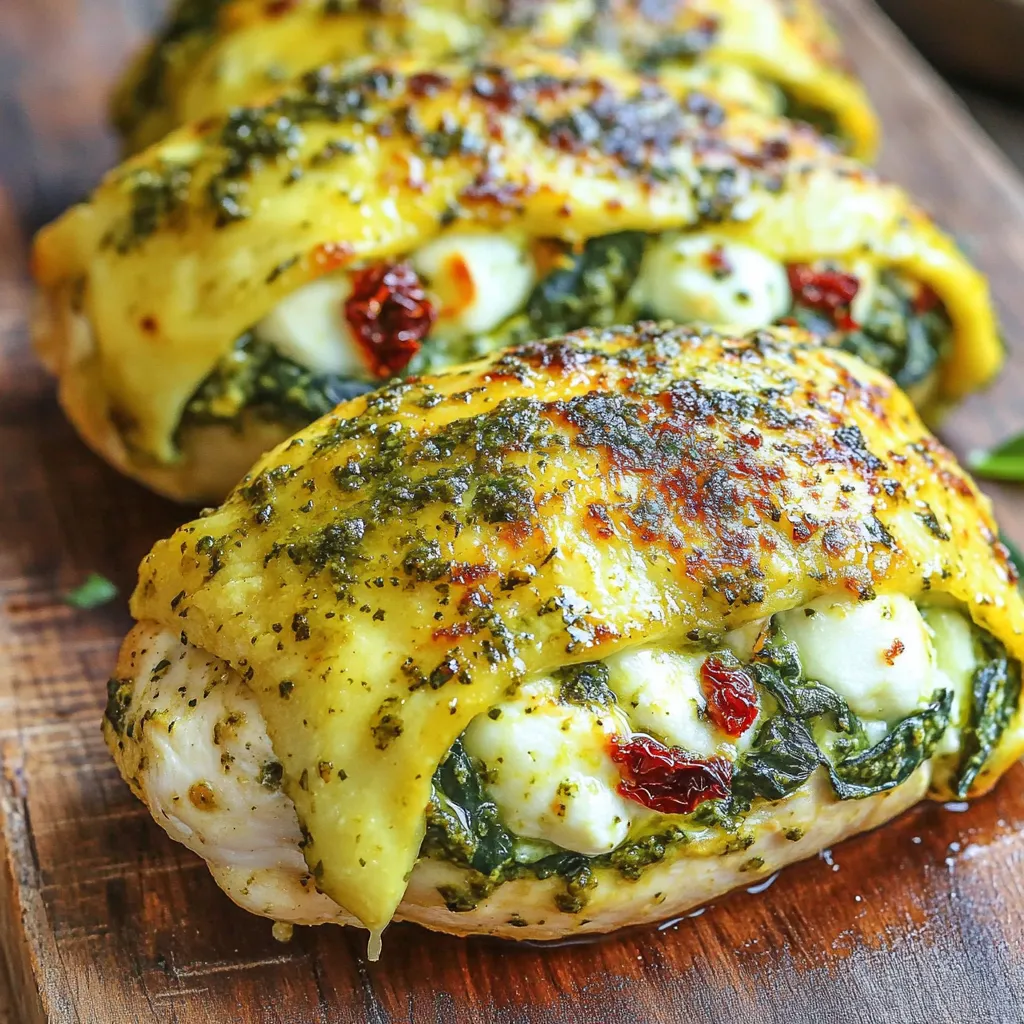 - 4 boneless, skinless chicken breasts - 1 cup fresh basil pesto - 1 cup fresh mozzarella cheese, diced - 1 cup baby spinach, chopped - 1/2 cup sun-dried tomatoes, chopped - 1 teaspoon garlic powder - 1 teaspoon onion powder - Salt and pepper to taste - 2 tablespoons olive oil - Optional: grated Parmesan cheese for serving When making Pesto Mozzarella Stuffed Chicken, fresh ingredients are key. Start with chicken breasts that are boneless and skinless. This makes them easy to stuff and cook evenly. You’ll need a cup of fresh basil pesto, which brings rich flavor. Next, use fresh mozzarella cheese, diced into small pieces. This cheese melts well, adding a creamy texture. Add a cup of baby spinach, chopped to boost nutrition and flavor. For extra taste, include sun-dried tomatoes, chopped finely. These add a sweet and tangy note. Garlic powder and onion powder give depth to the dish. Don’t forget salt and pepper to enhance all the flavors. You'll also need olive oil to cook the chicken and keep it juicy. If you want to elevate the dish, consider adding grated Parmesan cheese on top before serving. This gives a nice finish and extra flavor. Gather these ingredients, and you are ready to create a meal that is both savory and simple. - Preheat your oven to 375°F (190°C). Grease a baking dish lightly with olive oil. - Take a sharp knife and create pockets in each chicken breast. Cut deep but do not slice all the way through. - In a bowl, mix together the diced mozzarella, chopped spinach, and sun-dried tomatoes. - Add garlic powder, onion powder, salt, and pepper. Toss until everything is well mixed. - Stuff each chicken breast pocket with the cheese and spinach mix. Use toothpicks to secure the openings if needed. - Heat olive oil in a skillet over medium heat. Sear each stuffed chicken breast for about 3-4 minutes per side until golden brown. - Transfer the seared chicken breasts to the prepared baking dish. Spoon basil pesto generously over each piece. - Bake in the oven for 25-30 minutes. Check that the internal temperature reaches 165°F (74°C). - Remove from the oven and let the chicken rest for 5 minutes before serving. Optionally, sprinkle grated Parmesan cheese on top for extra flavor. - How to achieve golden brown chicken Start by searing the chicken in hot olive oil. Cook for 3-4 minutes per side. This creates a nice crust. Use medium heat to avoid burning. - Ensuring chicken is cooked through Use a meat thermometer. The internal temperature should reach 165°F (74°C). If you don’t have one, cut into the chicken. The juices should run clear, not pink. - Accompaniments and sides that pair well Serve this dish with a side salad. A light Caesar or mixed greens works great. Garlic bread complements the meal well, too. You can also add roasted vegetables for color and flavor. - Presentation tips Slice the chicken before serving. This showcases the colorful filling. Drizzle extra pesto on top for a nice touch. Sprinkle grated Parmesan for added flavor and style. - Alternatives for mozzarella or pesto Try provolone or fontina cheese if you can’t find mozzarella. For pesto, use a store-bought version or make your own with nuts and herbs. - Vegetarian options Replace chicken with large portobello mushrooms or eggplant slices. Stuff them with the same filling for a tasty vegetarian dish. {{image_2}} You can change this dish easily by adding herbs or spices. Try thyme or rosemary for a new taste. You might also use garlic paste instead of powder for a fresh flavor. Switching up the cheese will create a fun twist. Instead of mozzarella, use gouda or feta for a unique taste. Each cheese adds its own special touch to the dish. You can grill or bake the stuffed chicken. Grilling gives it a smoky flavor and nice grill marks. Baking is simple and keeps the chicken juicy. If you prefer a slow cooker, you can adapt this recipe. Just sear the chicken first, then place it in the slow cooker with the pesto. Cook on low for four to six hours. This method makes the chicken super tender. If you need a gluten-free option, use gluten-free pesto. Most pestos are already gluten-free, but always check the label. You can also make a low-carb version. Use zucchini noodles or cauliflower rice as a side. This way, you cut carbs while still enjoying rich flavors. To keep your Pesto Mozzarella Stuffed Chicken fresh, follow these steps: - Allow the chicken to cool completely before storing. - Place leftovers in an airtight container. - Store in the fridge for up to four days. - Keep the chicken away from strong-smelling foods to avoid flavor transfer. To enjoy your chicken again, reheating is key. Here’s how: - Preheat your oven to 350°F (175°C). - Place the chicken in an oven-safe dish. - Cover with foil to keep it moist. - Heat for about 15 to 20 minutes, until warmed through. - You can also use a microwave, but it may dry out the chicken. Yes, you can freeze stuffed chicken! Here’s how: - Let the chicken cool completely before freezing. - Wrap each piece tightly in plastic wrap. - Place the wrapped chicken in a freezer-safe bag or container. - Freeze for up to three months for best quality. - To thaw, move the chicken to the fridge overnight before reheating. To check if the chicken is cooked, use a meat thermometer. Insert it into the thickest part of the chicken breast. The internal temperature must reach 165°F (74°C). This ensures the chicken is safe to eat and juicy. If you don't have a thermometer, cut open the chicken. The juices should run clear, not pink. Yes, you can prepare Pesto Mozzarella Stuffed Chicken ahead of time. Stuff the chicken breasts and store them in the fridge for up to 24 hours. Just remember to cover them tightly. When ready to cook, let them sit at room temperature for about 15 minutes before baking. This helps them cook evenly. This dish pairs well with many sides. Here are some tasty options: - Garlic bread - A fresh salad with mixed greens - Roasted vegetables like zucchini and bell peppers - Creamy mashed potatoes - Pasta tossed with olive oil and herbs These sides help balance the rich flavors of the chicken and add color to your plate. Pesto Mozzarella Stuffed Chicken is a flavorful dish you can easily make at home. We covered the main ingredients and their roles in building flavor. I shared tips on preparation, cooking, and serving. Plus, I offered variations for taste and dietary needs. In closing, this recipe is both delicious and versatile. You can customize it to fit your taste or dietary preferences. With these simple steps, you’ll impress anyone at your table. Enjoy creating a meal that’s sure to please!