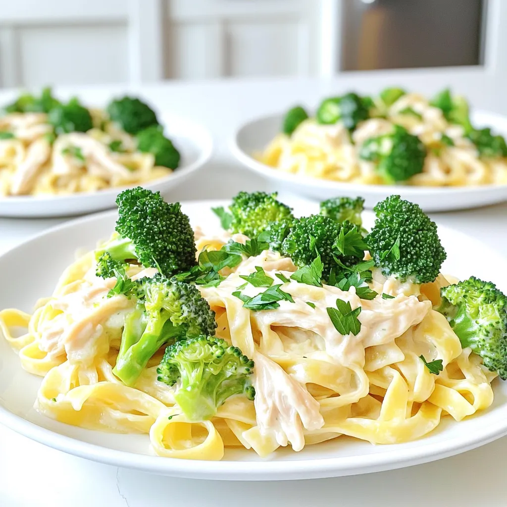 - 2 lbs chicken breast, boneless and skinless - 1 cup heavy cream - 1 cup chicken broth - 3 cloves garlic, minced - 1 teaspoon Italian seasoning - ½ teaspoon black pepper - 1 cup broccoli florets - Fresh parsley, chopped - 1 cup Parmesan cheese, grated In this creamy chicken Alfredo recipe, the main ingredients are key to the dish's rich flavor. The chicken breast serves as the protein base, while the heavy cream and chicken broth create a luscious sauce. The seasonings and add-ins elevate the taste. Garlic adds depth, Italian seasoning brings warmth, and black pepper adds a gentle kick. These ingredients blend well to make a savory sauce that coats the pasta beautifully. For those who want to add more nutrition, consider optional ingredients. Broccoli florets not only add color but also a nice crunch. Fresh parsley makes a lovely garnish, bringing freshness to the plate. Parmesan cheese is a must for that creamy texture and flavor. You can adjust these ingredients to fit your taste, making this dish versatile and fun to prepare. To start, place the chicken breasts in the slow cooker. Make sure they are boneless and skinless. This will help the chicken cook evenly and become tender. Spread the chicken out so it cooks well. Next, grab a mixing bowl. Combine one cup of heavy cream, one cup of chicken broth, and three cloves of minced garlic. Add one teaspoon of Italian seasoning and half a teaspoon of black pepper. Whisk this mixture until it is well blended. Pour this creamy goodness over the chicken in the slow cooker. Ensure every piece of chicken is coated. Now it's time to cook! Cover the slow cooker and choose your cooking time. If you set it on low, let it cook for six hours. If you are short on time, you can set it on high for three hours. The chicken should be tender and easy to shred with a fork when done. Once the chicken is ready, take it out of the slow cooker. Use two forks to shred the chicken into bite-sized pieces. Return the shredded chicken back to the slow cooker. Stir in one cup of grated Parmesan cheese. This will make a rich and creamy sauce. Meanwhile, cook eight ounces of fettuccine pasta according to the package instructions. If you want to add broccoli, toss in one cup of florets during the last three to four minutes of cooking. Drain the pasta and broccoli, then mix them into the slow cooker with the creamy chicken Alfredo. Stir well to combine. Let everything sit on warm for ten minutes. This helps the flavors blend together nicely. Enjoy your delightful meal! To make your creamy chicken Alfredo shine, use fresh Parmesan cheese. This cheese adds a rich flavor and helps create a smooth sauce. Grate the cheese just before adding it to the slow cooker. The fresher, the better! Pre-grated cheese can clump and not melt well. Seasoning is key to a great dish. You can mix things up with spices or herbs. Try adding more garlic for a bolder taste. You can also use fresh herbs like basil or thyme. A pinch of red pepper flakes adds a nice kick too. Taste as you go to find your perfect blend. Cooking time can vary based on your slow cooker. If you use the low setting, allow six hours for tender chicken. On high, three hours should be enough. Always check your chicken with a fork. If it shreds easily, it's ready. Adjust times if your chicken pieces are larger or smaller. {{image_2}} You can swap chicken for mushrooms. Mushrooms add a rich, earthy flavor. Use about 2 cups of sliced mushrooms. Portobello or cremini work best. Just place them in the slow cooker like you would the chicken. The cooking time will stay the same. Fettuccine is great, but you can try other pastas. Penne, rigatoni, or even spaghetti are good choices. Each type gives a different bite. Just remember to adjust the cooking time as needed. Follow the package instructions for best results. Consider adding more veggies for color and nutrition. Broccoli is one option, but you can also use spinach, zucchini, or bell peppers. Adding these will enhance the dish’s flavor and texture. Toss them in during the last few minutes of cooking to keep them crisp. After enjoying your creamy chicken Alfredo, let it cool. Store leftovers in an airtight container. Place it in the fridge for up to three days. Make sure to label the container with the date. This keeps track of freshness. You can freeze creamy chicken Alfredo for later use. First, let it cool completely. Then, transfer it to a freezer-safe container or bag. Remove as much air as possible before sealing. It will stay good for up to three months. Remember to label it with the date. To reheat, you can use a few different methods. The stovetop works well. Place the meal in a pan over low heat. Stir often to prevent burning. You can also use the microwave. Heat in short bursts, stirring in between. Add a splash of chicken broth if the sauce is too thick. This helps keep it creamy and delicious. Yes, you can use frozen chicken in this recipe. However, it will change the cooking time. If you use frozen chicken, cook it on high for about 4 to 5 hours instead of 3. Always check to ensure it's cooked through and reaches 165°F. Yes, this recipe can be made gluten-free quite easily. Just swap regular pasta for gluten-free pasta. Many brands offer great gluten-free options that taste fantastic. Make sure to check the labels for any hidden gluten. You can make this dish lighter by reducing the cream and butter. Try using half-and-half or a mix of yogurt and broth. You can also cut back on cheese. These changes keep the flavor while trimming calories. In this post, we explored how to make creamy chicken Alfredo with simple ingredients like chicken breast and heavy cream. I detailed step-by-step instructions to ensure your dish turns out perfect every time. You learned tips for enhancing flavor and creaminess, as well as variations to cater to different diets. Remember, cooking is about fun and creativity. Enjoy experimenting with your own twists on this classic dish. Happy cooking!