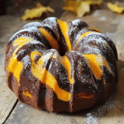 To make this delicious cake, you need the following ingredients: - 2 cups all-purpose flour - 1 ½ cups granulated sugar - 1 cup pumpkin puree - ½ cup unsweetened cocoa powder - ¾ cup vegetable oil - 4 large eggs - 1 teaspoon vanilla extract - 1 teaspoon baking soda - ½ teaspoon baking powder - ½ teaspoon salt - 1 teaspoon ground cinnamon - ½ teaspoon ground nutmeg - 1 cup chocolate chips (optional) - Powdered sugar, for dusting When shopping for ingredients, focus on quality. Choose firm pumpkins for the best puree. Look for eggs with clean, uncracked shells. Fresh flour should feel smooth and soft. Check the expiration date on the baking powder and soda. Spices should smell strong for maximum flavor. If you want chocolate chips, pick high-quality ones for richness. You can easily adjust this recipe for dietary needs. For gluten-free, swap all-purpose flour with a gluten-free blend. Ensure the blend is suitable for baking. To make it vegan, replace eggs with flax eggs or applesauce. Use a plant-based oil and chocolate chips as well. These swaps keep the cake tasty and enjoyable for everyone. To make the batter, start by preheating your oven to 350°F (175°C). Grease your Bundt pan carefully. I like to use cooking spray, but butter works too. In a big bowl, mix together 2 cups of flour, 1 teaspoon of baking soda, ½ teaspoon of baking powder, ½ teaspoon of salt, 1 teaspoon of cinnamon, and ½ teaspoon of nutmeg. Whisk them until they are well blended. In another bowl, combine 1 cup of pumpkin puree, 1 ½ cups of granulated sugar, ¾ cup of vegetable oil, 4 large eggs, and 1 teaspoon of vanilla extract. Whisk this mixture until smooth and creamy. Next, add the dry mix to the wet mix. Stir gently until just combined. Avoid overmixing; it can make the cake tough. Now, divide your batter into two bowls. In one bowl, add ½ cup of unsweetened cocoa powder. Mix until you have a rich chocolate batter. To create that beautiful marble effect, you need to layer the batters. Use a spoon or ladle to scoop dollops of the pumpkin batter into the prepared Bundt pan. Follow this by adding dollops of the chocolate batter. Alternate between the two batters. Once you fill the pan, take a knife or a spatula. Gently swirl it through the batter. Be careful not to mix them too much; you want distinct swirls. This will give your cake a stunning look when baked. Bake your cake for 50-60 minutes. To check for doneness, insert a toothpick into the center. It should come out clean. If it has batter on it, give it more time. Once done, take the cake out and let it cool in the pan for about 15 minutes. After that, invert the cake onto a wire rack to cool completely. This helps keep it moist. Once it’s cool, dust the top with powdered sugar for a sweet finish. Enjoy your lovely Pumpkin Chocolate Marble Bundt Cake! Baking is fun, but mistakes can happen. Here are some common ones you should avoid: - Overmixing the batter: This can lead to a dense cake. Mix until just combined. - Not measuring ingredients: Always measure your ingredients carefully. Use the right tools for the best results. - Skipping the preheating: Make sure to preheat your oven. This helps the cake rise evenly. You can easily check if your cake is done. Use a toothpick and insert it into the center of the cake. If it comes out clean, the cake is ready. If there’s wet batter, bake it a few more minutes. Keep checking every 5 minutes until it’s done. Greasing the Bundt pan is key for a smooth release. Here’s how to do it right: - Use cooking spray or butter: Apply it generously to all surfaces, including the crevices. - Add flour: After greasing, dust the pan with flour. This adds extra protection to prevent sticking. - Tap out excess flour: Turn the pan upside down and tap it gently to remove extra flour. This keeps the cake from having dry spots. {{image_2}} You can add fun flavors to your cake. Try mixing in chocolate chips for more chocolatey goodness. Nuts like walnuts or pecans add a nice crunch. Dried fruit, like cranberries or raisins, can give a sweet twist. You can also sprinkle some spices, such as ginger or cloves, for a warm kick. Top your cake with whipped cream or serve with vanilla ice cream to enhance the flavors. To make a pumpkin spice version, keep the pumpkin puree. Add more spices to boost the flavor. Use 1 teaspoon of ground ginger and 1 teaspoon of ground allspice. This will give your cake a richer spice profile. You can skip the cocoa powder to focus on the pumpkin. Just use the pumpkin batter and add the extra spices. This version is perfect for fall gatherings. A chocolate glaze makes the cake even more delightful. To make it, melt chocolate chips with a bit of butter. Stir until smooth and drizzle it over the cooled cake. You can also make a simple frosting. Mix powdered sugar with cocoa powder and a splash of milk. Beat until creamy, then spread it over the cake. Both options add a sweet finish that pairs well with the pumpkin flavor. To keep your Pumpkin Chocolate Marble Bundt Cake fresh, wrap it well. Use plastic wrap or aluminum foil. You can also place it in an airtight container. Store it at room temperature for up to three days. If you want to keep it longer, the fridge is a good option. Just be sure to cover it tightly. Freezing is a great way to save your cake for later. First, let the cake cool completely. Then, slice it into pieces if you like. Wrap each slice in plastic wrap. Place the wrapped slices in a freezer bag. This way, you can grab a slice anytime. The cake can last up to three months in the freezer. To reheat your cake, take it out of the fridge or freezer. If frozen, let it thaw in the fridge overnight. For a warm slice, put it in the microwave. Heat it for about 15 seconds. Check to see if it’s warm enough. You can also serve it at room temperature. Dust with powdered sugar for a nice touch. Enjoy your cake! Yes, you can use fresh pumpkin. To do this, you will need to cook and puree the pumpkin. Cut the pumpkin in half and remove the seeds. Bake it at 350°F (175°C) for about 45 minutes. Once soft, scoop out the flesh and blend it until smooth. This fresh pumpkin gives a nice flavor. Just make sure to measure the same amount as canned pumpkin. No, using chocolate chips is not a must. They add extra chocolate flavor and texture, but you can skip them if you want. The cake will still taste great. If you like, you can also replace them with nuts or dried fruit. This gives a new twist to the cake. You can serve this cake with a few fun ideas. A scoop of vanilla ice cream pairs well with the cake's warm spices. You can also add whipped cream for a light touch. For a festive look, sprinkle some extra powdered sugar on top. Fresh fruit, like berries, adds a nice color and flavor contrast. Try these ideas to make your dessert special. This post shared how to make a delicious Pumpkin Chocolate Marble Bundt Cake. We covered fresh ingredients, handy tips, and step-by-step instructions. You learned how to avoid baking mistakes and achieve that perfect marble look. Customize your cake with fun add-ins or a tasty glaze. Finally, we shared storage tips to keep your cake fresh. Enjoy this treat anytime, and remember, baking is about joy. Happy baking!