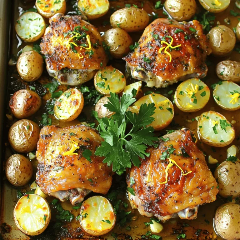 - 4 bone-in, skin-on chicken thighs - 1.5 pounds baby potatoes, halved - 3 tablespoons olive oil - 4 cloves garlic, minced - 2 teaspoons dried thyme - 2 teaspoons dried rosemary - 1 teaspoon paprika - Salt and pepper to taste - 1 lemon, zested and juiced - Fresh parsley, chopped (for garnish) For this dish, you need chicken and potatoes as the main items. The chicken thighs give great flavor and moisture. Baby potatoes add a nice texture and taste. Next, gather your marinade ingredients. Olive oil helps blend the flavors. Garlic adds a strong taste. Thyme and rosemary bring earthy notes. Paprika gives a little kick. The lemon juice and zest add brightness. Finally, seasoning is key. Salt and pepper enhance all the flavors. Fresh parsley makes it look pretty. This mix of ingredients creates a tasty meal that is easy to make. First, gather your ingredients. In a large bowl, combine 3 tablespoons of olive oil, 4 minced garlic cloves, 2 teaspoons of dried thyme, 2 teaspoons of dried rosemary, 1 teaspoon of paprika, lemon zest, lemon juice, salt, and pepper. Mix this well. This blend gives the chicken great flavor. Next, add the 4 bone-in, skin-on chicken thighs to the bowl. Make sure each piece gets coated in that tasty marinade. Let the chicken marinate for 15-20 minutes. This time helps absorb all those delicious flavors. While the chicken sits, it’s time to prepare the potatoes. Take 1.5 pounds of baby potatoes and cut them in half. In a separate bowl, toss the halved potatoes with a drizzle of olive oil, salt, and pepper. Make sure they are well-coated. This step makes them crisp and tasty when roasted. Now, preheat your oven to 425°F (220°C) to get it hot and ready. On a large sheet pan, arrange the marinated chicken thighs skin-side up. Scatter the seasoned baby potatoes around the chicken. This way, they cook together, soaking up all the flavors. Roast your dish in the oven for 35-40 minutes. The chicken should reach an internal temperature of 165°F (75°C). The potatoes should be tender and golden. To make the chicken skin extra crispy, you can broil it on high for 2-3 minutes. Just keep an eye on it so it doesn't burn. Once everything is cooked, take it out of the oven. Let it rest for 5 minutes. Before serving, sprinkle some chopped fresh parsley on top for color and taste. Enjoy your herb roasted chicken and potatoes! To make sure your chicken cooks just right, check its internal temperature. Use a meat thermometer. The safe temperature is 165°F (75°C). This keeps your chicken juicy and safe to eat. For juicy chicken, marinate it for at least 15-20 minutes. The marinade adds flavor and moisture. Always let it rest after cooking. This helps the juices settle. For great roasted potatoes, cut them into similar sizes. This ensures even cooking. Use enough olive oil to coat them well. It helps achieve a crispy outer layer. Season them with salt and pepper. You can also add garlic powder or paprika for extra flavor. Toss them in the bowl until they are well mixed. Garnishing is key for a nice look. Fresh parsley adds a pop of color. You can also use lemon slices for a bright touch. For a bit of crunch, add toasted nuts like pine nuts or slivered almonds. These small details make your dish more appealing and tasty. {{image_2}} You can swap chicken thighs for other cuts. Try chicken breasts or drumsticks. If you want a meat-free option, use tofu or tempeh. For potatoes, any small waxy potato works. Try fingerling or Yukon Gold potatoes for a change. You can even use sweet potatoes for a sweet twist. Just remember to adjust your cooking time based on the size of your chosen ingredient. Change up the herbs and spices for a new taste. Instead of thyme and rosemary, use oregano or basil. You might also add a bit of cumin or coriander for a warm flavor. For a spicy kick, try adding chili powder or cayenne pepper. Fresh herbs like dill or cilantro can bring a bright note to your dish. Experimenting with different flavor combinations can keep this recipe fresh and exciting. If you prefer grilling, marinate the chicken as usual. Then, grill over medium heat for about 30 minutes. For a slow cooker, add everything to the pot. Cook on low for 6-8 hours or high for 3-4 hours. The air fryer is another option. Cook the chicken and potatoes at 400°F (200°C) for about 25-30 minutes. This method gives you crispy skin and tender potatoes without heating the oven. I recommend storing your leftovers in an airtight container. This keeps the chicken and potatoes fresh. Place them in the fridge within two hours of cooking. Leftovers can last up to three days. Make sure to separate the chicken from the potatoes if you can. This helps keep each item at its best. To reheat, use the oven for the best results. Preheat the oven to 350°F (175°C). Place the chicken and potatoes on a baking sheet. Heat them for about 15-20 minutes. This way, you keep the flavor and texture. You can also use the microwave. Just heat for short intervals, checking often to avoid drying out the food. If you want to freeze your dish, let it cool first. After cooling, place the chicken and potatoes in a freezer-safe container. You can also use freezer bags to save space. Make sure to remove as much air as possible. This helps prevent freezer burn. Frozen leftovers should last up to three months. To reheat, thaw in the fridge overnight before using the oven or microwave. The best way to check if chicken is cooked is by using a meat thermometer. The internal temperature should reach 165°F (75°C). Insert the thermometer into the thickest part of the thigh, avoiding the bone. If it shows 165°F, the chicken is safe to eat. Juices should run clear, not pink. If they are still pink, cook it a bit longer. Yes, you can use skinless chicken thighs. They will still taste great, but the flavor will be a bit different. Skin adds extra richness and moisture. Without skin, you may need to check the cooking time. Skinless thighs often cook faster, so watch them closely. To complete your meal, consider these tasty sides: - Steamed broccoli - Garlic green beans - Fresh garden salad - Roasted carrots These sides offer great color and taste. They also balance the hearty flavors of the chicken and potatoes. Try mixing and matching to find your favorite! In this guide, I covered all you need for a tasty chicken and potato dish. We discussed key ingredients, step-by-step instructions, and tips for great cooking. Remember to marinate well and check that chicken is cooked through. You can also explore variations for more flavor. Store leftovers properly and enjoy them later. These simple rules ensure a winning meal every time. Happy cooking!