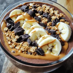 - 1 frozen banana - 1 cup unsweetened almond milk - 2 tablespoons peanut butter (natural or creamy) - 1 scoop chocolate protein powder - 1 tablespoon unsweetened cocoa powder - 1 tablespoon honey or maple syrup - Toppings: granola, sliced bananas, dark chocolate shavings, chopped peanuts The main ingredients create a rich and creamy base. The frozen banana gives the smoothie bowl sweetness and creaminess. Almond milk adds a nice, smooth texture. Peanut butter brings that nutty flavor we all love. Chocolate protein powder kicks up the taste and boosts protein. Cocoa powder adds a deep chocolate flavor without too much sugar. For extra sweetness, you can add honey or maple syrup. These are optional, depending on your taste. The toppings make this bowl fun and colorful. You can go wild with granola for crunch, sliced bananas for freshness, dark chocolate shavings for indulgence, or chopped peanuts for added texture. Mix and match your favorite ingredients to make it your own! - First, combine all primary ingredients in a blender. - Use a frozen banana, almond milk, peanut butter, chocolate protein powder, cocoa powder, and honey or maple syrup. - Blend on high speed until smooth and creamy. - Scrape down the sides of the blender to mix well. - If your smoothie is too thick, add more almond milk. - For a thicker bowl, use less almond milk. - Adjust until you reach your desired texture. - Pour the smoothie mixture into a bowl. - Get creative with your toppings! - Try granola, sliced bananas, dark chocolate shavings, chopped peanuts, and a drizzle of peanut butter. - The fun part is making it look good before you eat! To get a smooth and creamy bowl, start by blending your ingredients well. Use a high-speed blender for the best results. It helps break down the frozen banana and mix everything evenly. If your mix feels too thick, add a splash more almond milk. Blend again until you reach the right texture. If you find your mixture is still thick, try these methods: - Add a bit more almond milk. - Blend longer to soften the mix. - Scrape the sides of the blender to get all pieces mixed. You can choose between honey and maple syrup to sweeten your bowl. Honey offers a rich flavor, while maple syrup adds a unique taste. If you prefer no added sugar, you can skip this step. Always taste your mix before serving. You can adjust sweetness by adding more or less syrup to fit your liking. A beautiful bowl makes every bite more enjoyable. Here are some tips for a stunning look: - Layer your toppings for a fun design. Start with granola, then add fruit, and finish with chocolate shavings. - Use colorful fruits like sliced bananas or berries. They add brightness and nutrition. - Don’t forget a drizzle of peanut butter on top. It gives a rich finish and looks great! Get creative with your mix and enjoy the process! {{image_2}} You can mix things up with different fruits. Adding berries gives a fresh taste. Strawberries, blueberries, or raspberries work great. You can also try mango for a tropical twist. If you want to change the nut butter, almond or cashew butter is a tasty option. Each nut butter adds its own unique flavor to the bowl. For protein, you can use various powders. Whey protein is popular, but plant-based options exist, too. Pea protein or brown rice protein are great choices for vegans. You can also add chia seeds or flaxseeds for an extra protein boost. Both seeds add fiber and healthy fats. If you want a vegan bowl, skip the honey. Use maple syrup or agave instead. For a gluten-free option, ensure your protein powder is certified gluten-free. You can also choose gluten-free granola for topping. These tweaks keep the bowl delicious and fit for your diet. You can make your Protein Peanut Butter Cup Smoothie Bowl ahead of time. To do this, simply blend the ingredients as usual. Then, pour the mixture into a bowl or an airtight container. Using a jar with a lid works well, too. This way, you save time for breakfast or a snack later. If you want to enjoy it later, freeze the smoothie mixture. Pour it into a freezer-safe container or silicone mold. Make sure to leave some space at the top because it will expand when frozen. When you’re ready to enjoy it, take it out and let it thaw in the fridge overnight. You can also use the microwave for a quick thaw, but be careful not to heat it too much. The ingredients in your smoothie bowl stay fresh for a few days in the fridge. Use it within 2 to 3 days for the best taste and texture. Watch out for signs of spoilage, like an off smell or a change in color. If you see any ice crystals or separation, it’s time to toss it out. Always trust your senses when it comes to food safety! This smoothie bowl packs a punch of nutrition. Here are some key ingredients and their benefits: - Frozen banana: Adds natural sweetness and potassium, which is great for muscle function. - Unsweetened almond milk: Low in calories and high in vitamin E, good for skin health. - Peanut butter: Provides healthy fats and protein, helping you feel full longer. - Chocolate protein powder: Supports muscle growth and recovery after exercise. - Cocoa powder: Rich in antioxidants, which can help improve heart health. Together, these ingredients create a delicious and nutrient-rich meal. Yes, you can! If you skip protein powder, here are some ways to boost protein: - Greek yogurt: Use a scoop for extra creaminess and protein. - Silken tofu: Blend it in for a smooth texture and added protein. - Chia seeds: These tiny seeds are packed with protein and fiber. Add a tablespoon to the mix. - Nut butter: Use more peanut butter or try almond butter for a different taste. These alternatives keep your smoothie bowl satisfying and nutritious. Toppings are where you can have fun and get creative! Here are some tasty ideas: - Granola: Adds crunch and extra fiber. - Sliced bananas: Fresh fruit always brightens the bowl. - Dark chocolate shavings: For a rich, chocolatey flavor. - Chopped peanuts: They add a nice crunch and extra protein. - Berries: Blueberries or strawberries provide freshness and color. Feel free to mix and match these toppings to suit your taste and texture. Enjoy your smoothie bowl! You learned how to make a tasty smoothie bowl. We covered the key ingredients like frozen bananas, almond milk, and protein powder. You now know how to blend and serve it just right. Remember, adjust the sweetness and toppings to fit your taste. Don’t forget about fun variations and storage tips for later. Enjoy creating your unique smoothie bowl that is full of flavor and nutrition!