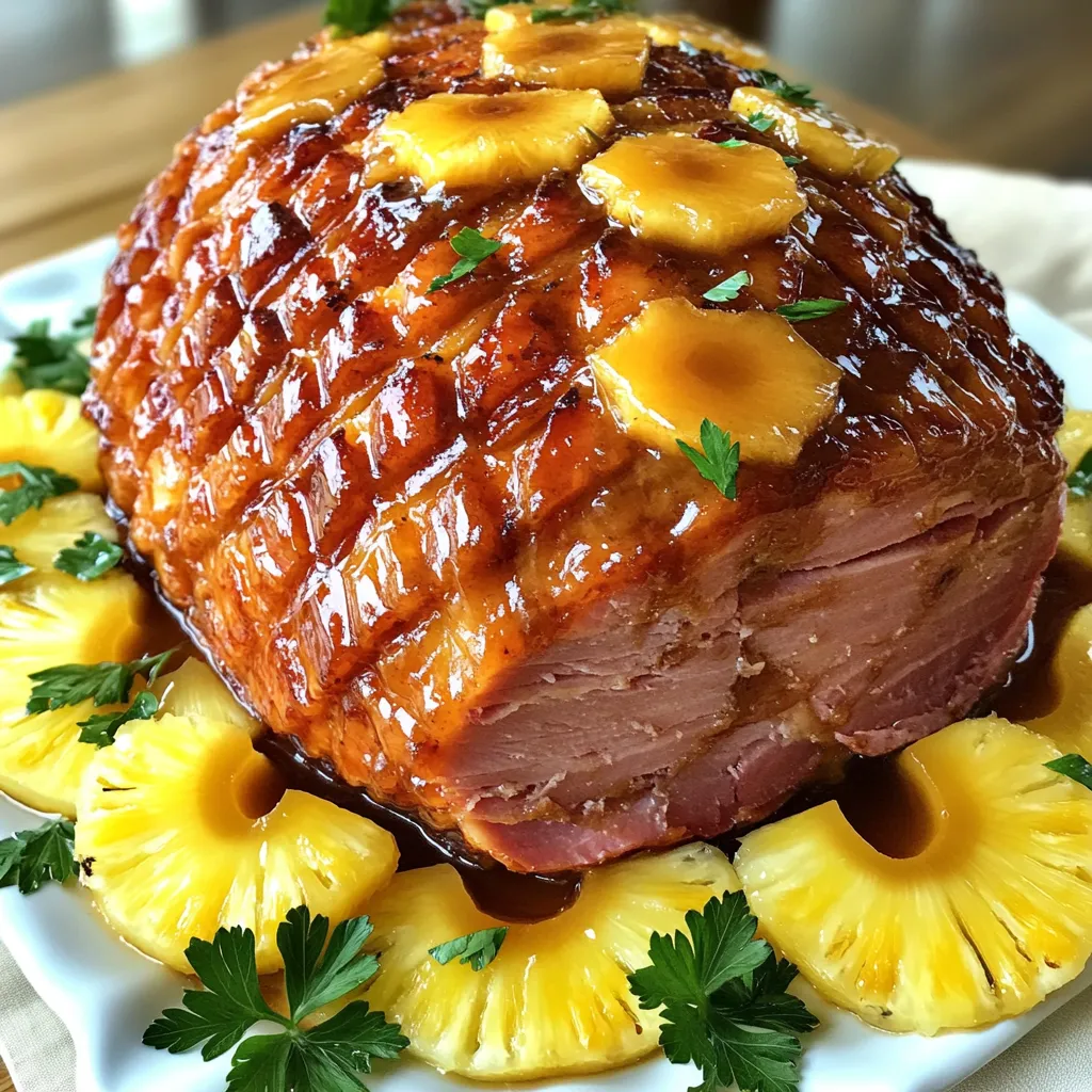 - 1 fully cooked boneless ham (about 5 lbs) - 1 cup pure maple syrup - 1 cup brown sugar - 1/2 cup Dijon mustard - 1 teaspoon ground cinnamon - 1 teaspoon ground ginger - 1/2 teaspoon ground cloves - 1 can (14 oz) pineapple slices in juice (reserve juice) - Fresh parsley for garnish For this dish, fresh and pure ingredients make a big difference. Use pure maple syrup, not the fake stuff. Look for a thick and rich syrup. Choose a high-quality brown sugar that feels moist. For the mustard, Dijon adds a nice tang. Spices should be fresh. Consider getting whole spices and grinding them yourself. This adds great flavor. For the ham, a fully cooked boneless ham works best, as it is easy to slice. When measuring liquids like maple syrup, use a liquid measuring cup. Pour in the syrup until it reaches the right line. For dry ingredients, like sugar and spices, use a dry measuring cup. Scoop the sugar, then level it off with a knife. This gives you the right amount. If you have a kitchen scale, you can weigh ingredients for more accuracy. Remember, measuring right makes your dish taste better! Start by preheating your oven to 325°F (160°C). This step warms your oven for even cooking. Take your fully cooked boneless ham and place it in a large roasting pan, with the flat side down. Use a sharp knife to score the surface in a diamond pattern. Make deep cuts about 1 inch apart. This allows the glaze to soak into the ham, creating great flavor. In a medium bowl, mix the glaze ingredients. Combine 1 cup of pure maple syrup, 1 cup of brown sugar, and 1/2 cup of Dijon mustard. Add 1 teaspoon of ground cinnamon, 1 teaspoon of ground ginger, and 1/2 teaspoon of ground cloves. Stir until the mixture is smooth and well blended. Brush half of this glaze over the scored ham. Make sure to get it into the cuts for the best flavor. Now, surround the ham with pineapple slices. Pour the reserved pineapple juice into the pan. Cover the ham loosely with aluminum foil. This helps to keep it moist and prevents over-browning. Bake for 1 hour. After an hour, remove the foil and brush more glaze over the ham. Return it to the oven uncovered. Bake for an additional 30-45 minutes. Baste the ham every 15 minutes. You want it caramelized and heated through. Once done, take the ham out and let it rest for 10-15 minutes before slicing. Enjoy serving it with the pineapple rings and a sprinkle of fresh parsley for a beautiful presentation. To get a perfect glaze, mix your maple syrup, brown sugar, and mustard well. This mixture gives the ham a great flavor. Use fresh spices like cinnamon, ginger, and cloves for a tasty touch. Brush half of this glaze on your ham before it goes in the oven. Don’t forget to pour some reserved pineapple juice around the ham for extra moisture. Caramelization makes the ham look and taste amazing. Bake the ham covered for the first hour. This keeps it moist. After that, remove the foil. Brush on more glaze. Return it to the oven for 30 to 45 minutes. Baste every 15 minutes with the drippings. This step helps the ham get that shiny, golden color. When you serve your ham, slice it into thick pieces. Place a pineapple ring on each slice for a lovely look. Garnish with fresh parsley for a pop of color. Pair the ham with sides like mashed potatoes or green beans for a complete meal. Enjoy this dish at holiday gatherings or family dinners. It always impresses! {{image_2}} If you want to change the flavor, try using other fruits. You can use peaches or mangoes. These fruits can bring a nice sweetness. They also add a fun twist to the ham. Fresh fruit works well, but canned fruit is fine too. Make sure to keep the juice. It helps keep the ham moist. Adding spices can elevate the taste. Try using allspice for a warm twist. You can also mix in some nutmeg for a cozy flavor. For a zesty kick, add a splash of orange juice. This will brighten up your glaze. If you like heat, consider a pinch of cayenne pepper. It will balance the sweet maple nicely. You can cook the ham on the grill for a smoky flavor. Use indirect heat to keep it juicy. If you prefer a slow cooker, it’s an option too. Just set it on low for several hours. This method will keep the ham tender and full of flavor. No matter how you cook it, the glaze is key. It adds that sweet shine you love. After your feast, you might have some ham left. To store it, wrap it tightly in plastic wrap or foil. You can also place it in an airtight container. This helps keep it fresh. Make sure to store it in the fridge. Leftover ham can last about three to five days when stored properly. When you're ready to enjoy the ham again, reheating it is simple. Preheat your oven to 325°F (160°C). Place the ham in a baking dish. Add a splash of water or reserved pineapple juice to keep it moist. Cover the dish with foil. Heat it for about 20 to 30 minutes. Check that it’s warm throughout before serving. If you have more leftover ham than you can eat, freezing is a great choice. First, slice the ham into smaller portions. Wrap each piece tightly in plastic wrap or foil. Then, place the wrapped ham in a freezer bag. Remove as much air as you can. Label the bag with the date. When stored this way, ham can last for up to three months in the freezer. When you want to use it, thaw it in the fridge overnight before reheating. Maple glazed ham needs about 1 hour and 30 to 45 minutes to bake. First, cover it with foil and bake for 1 hour. Then, remove the foil and brush on more glaze. Bake it uncovered for another 30 to 45 minutes. Baste every 15 minutes for a nice caramelized finish. Check the ham's internal temperature; it should reach 140°F (60°C) for safety. Yes, you can use different types of ham! Bone-in, spiral-cut hams work well. You can also try a smoked ham for extra flavor. Just make sure it is fully cooked. Adjust the baking time if you choose a smaller or larger ham. Always check the internal temperature to ensure it's safe to eat. Maple glazed ham pairs well with many sides. Here are some great options: - Roasted sweet potatoes - Green bean casserole - Mashed potatoes with gravy - Honey-glazed carrots - A fresh garden salad These sides balance the sweet and savory flavors of the ham. Enjoy mixing and matching to create a perfect meal! We covered the essential steps to make a delicious maple glazed ham. You learned about key ingredients, how to prepare and bake the ham, and tips for perfecting your glaze. I shared ideas for flavor variations and how to store leftovers. Now you can confidently create a ham that impresses everyone at your table. Enjoy your cooking journey, and may your meals always be flavorful!