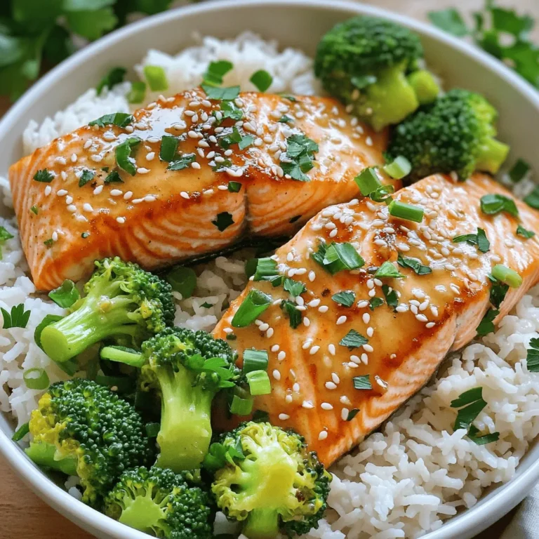 Here’s what you need for these tasty garlic butter salmon rice bowls: - Salmon fillets (2, about 6 oz each) - Unsalted butter (2 tablespoons) - Garlic (4 cloves, minced) - Fresh lemon juice (1 tablespoon) - Fresh parsley (1 teaspoon, chopped, plus extra for garnish) - Jasmine rice (1 cup) - Vegetable or chicken broth (2 cups) - Steamed broccoli florets (1 cup) - Salt and pepper (to taste) - Sesame seeds (for garnish) - Sliced green onions (for garnish) These simple ingredients come together to create a meal that is both healthy and filling. Each element plays a role, from the flaky salmon to the fragrant garlic butter. The jasmine rice provides a soft base, while the steamed broccoli adds color and nutrients. Don't forget the sesame seeds and green onions for that extra crunch and flair! - Boiling the broth: Start by pouring 2 cups of vegetable or chicken broth into a medium saucepan. Turn the heat to high and wait for it to boil. - Adding and simmering the rice: Once boiling, add 1 cup of jasmine rice. Reduce the heat to low. Cover the pan and let it simmer for 15-20 minutes. - Fluffing the rice: After the rice cooks, remove it from the heat. Keep it covered for 5 minutes. Then, use a fork to fluff the rice gently. - Melting the butter: In a small saucepan, add 2 tablespoons of unsalted butter. Set it over medium heat until it melts. - Sautéing the garlic: Next, add 4 minced cloves of garlic. Stir for about 1 minute until the garlic smells good. Do not let the garlic turn brown. - Mixing in lemon juice and parsley: Remove the pan from heat. Stir in 1 tablespoon of fresh lemon juice and 1 teaspoon of chopped parsley. - Seasoning the fillets: Take 2 salmon fillets and sprinkle them with salt and pepper on both sides. - Cooking skin-side down: Heat a non-stick skillet over medium-high heat. Add a little olive oil. Place the salmon fillets skin-side down. Cook for 4-5 minutes until the skin is crispy. - Flipping and finishing cooking: Carefully flip the fillets. Cook for another 3-4 minutes until the salmon flakes easily with a fork. - Adding rice to bowls: Start by adding a generous scoop of fluffy jasmine rice to each bowl. - Topping with salmon and garlic butter: Place a salmon fillet on top of the rice. Drizzle the garlic butter sauce over the salmon. - Arranging veggies: Add steamed broccoli florets next to the salmon in each bowl. This simple and tasty recipe makes dinner fun and easy. Enjoy your delicious garlic butter salmon rice bowls! To make great garlic butter, watch your garlic. Burnt garlic tastes bitter. Sauté it for just one minute. Once you smell the garlic, it’s time to add lemon juice and parsley. This adds a bright flavor and fresh touch. To check if your salmon is done, look for the color. The fish should turn from dark pink to light pink. It should flake easily with a fork. For crispy skin, cook the salmon skin-side down first. Let it sit without moving for a few minutes. This helps the skin get nice and crispy. For sides, steamed broccoli works great. You can also add a simple salad or roasted veggies. If you want to meal prep, pack rice and salmon in containers. Keep the garlic butter in a small jar. This way, you can heat it up when ready to eat. {{image_2}} You can swap salmon for chicken or tofu. Chicken adds a nice twist and is easy to cook. Just season it like the salmon and grill or sauté it. Tofu works well too. Marinate it in the garlic butter before cooking. This makes it flavorful and rich. These options cater to different diets, whether you're looking for lean protein or plant-based meals. Adding spices or herbs can change the taste of your dish. Try red pepper flakes for heat or dill for a fresh taste. You can also mix in different herbs like cilantro or basil for unique flavors. Don’t forget about veggies! You can toss in bell peppers, snap peas, or carrots. They add color and nutrients to your bowl. If you want to switch up the rice, try quinoa or cauliflower rice. Quinoa is packed with protein and has a nutty flavor. Cauliflower rice is low in carbs and very light. You can also use brown rice or basmati rice for different textures. Each option gives a fresh take on the classic garlic butter salmon rice bowl. To keep your garlic butter salmon rice bowls fresh, follow these steps: - Refrigerating: Place leftovers in an airtight container. They will stay fresh for up to 3 days. Make sure to cool the food to room temperature before sealing. This helps prevent moisture build-up. - Freezing: If you want to freeze your meal, separate the salmon, rice, and veggies. Use freezer-safe bags or containers. It can last for up to 2 months. When you're ready to eat, thaw it in the fridge overnight. When it's time to enjoy your leftovers, here’s how to reheat: - Microwaving: Place the food in a microwave-safe bowl. Cover it with a damp paper towel to keep moisture in. Heat in short bursts, about 30 seconds at a time, until warm. Stir in between to ensure even heating. - Stovetop reheating tips: If you prefer using the stove, add a splash of broth or water to a skillet. Heat it over medium-low heat. Stir gently until everything is warmed through. This keeps the salmon and rice moist. It takes about 8 to 10 minutes to cook salmon. You should cook it skin-side down for 4 to 5 minutes. Then flip it and cook for another 3 to 4 minutes. The salmon is ready when it flakes easily with a fork. Yes, you can use frozen salmon. Just thaw it in the fridge overnight. This way, it cooks evenly. If you're short on time, you can also run it under cold water for quick thawing. Great side dishes include: - Steamed asparagus - Roasted carrots - A fresh green salad - Quinoa or couscous These sides add color and balance the meal. Steaming the broccoli is not a must, but it helps keep the color and nutrients. You can also roast or sauté it. Just cook it until tender but still bright green. Yes, you can prepare parts of this dish ahead of time. Cook the rice and salmon in advance. Store them in the fridge. Reheat them before serving. Just add fresh toppings before you eat. This post shared how to make delicious garlic butter salmon rice bowls. You learned about the key ingredients and step-by-step cooking. I also offered tips for perfecting your dish and ways to customize it. Remember, cooking should be fun and simple. Enjoy experimenting with flavors and variations. Don’t hesitate to try different proteins or grains. With practice, you’ll make a meal everyone loves. Happy cooking!