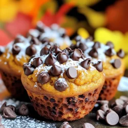 - 1 cup canned pumpkin puree - 1/2 cup brown sugar - 1/4 cup granulated sugar - 1/3 cup vegetable oil - 2 large eggs - 1 teaspoon vanilla extract - 1 1/2 cups all-purpose flour - 1 teaspoon baking soda - 1/2 teaspoon baking powder - 1 teaspoon ground cinnamon - 1/2 teaspoon ground nutmeg - 1/4 teaspoon ground ginger - 1/4 teaspoon salt - 1 cup semi-sweet chocolate chips You can add nuts for some crunch. Chopped walnuts or pecans work well. Try using different spices like allspice for a unique flavor. You might also want to swap in milk chocolate chips for extra sweetness. If you don’t have canned pumpkin, you can use homemade pumpkin puree. Just roast and blend fresh pumpkin. For a healthier option, replace vegetable oil with applesauce. If you need a gluten-free version, use almond flour or a gluten-free blend instead of all-purpose flour. First, heat your oven to 350°F (175°C). This step is key for even baking. While the oven warms, prepare your muffin tin. You can use paper liners or grease it lightly with oil. This helps the muffins come out easily once baked. In a bowl, mix together the canned pumpkin puree, brown sugar, and granulated sugar. Then, add the vegetable oil, eggs, and vanilla extract. Whisk these ingredients until the mixture is smooth. This blend gives your muffins moisture and sweetness. In another bowl, combine the all-purpose flour, baking soda, baking powder, cinnamon, nutmeg, ginger, and salt. It's important to mix these dry ingredients well. This ensures the spices and leavening agents are even throughout. Gradually add the dry ingredients to the wet mixture. Stir gently until just combined. Avoid overmixing; this keeps your muffins light and fluffy. Once mixed, fold in the chocolate chips. This adds rich flavor and texture. Scoop the batter into your prepared muffin tin, filling each cup about 2/3 full. Place the muffin tin in the preheated oven. Bake for 18-20 minutes. To check for doneness, insert a toothpick into the center of a muffin. It should come out clean. After baking, let the muffins cool in the pan for about 5 minutes. Then, transfer them to a wire rack. This step prevents sogginess. Allow them to cool completely before serving. Enjoy these warm, or save them for later! To keep your muffins fresh, store them in an airtight container. You can also wrap them in plastic wrap. Place the container in a cool, dry place. For longer storage, put them in the fridge. Just make sure they cool completely before wrapping. They will stay fresh for about three days at room temperature. For perfect muffins, measure your flour correctly. Use a spoon to fluff the flour, then scoop it into the measuring cup. Avoid packing it down. Mix your wet and dry ingredients just until combined. Overmixing can make the muffins tough. Also, use room temperature eggs and oil for better blending. To make your muffins extra moist, add a little extra pumpkin puree. You can also mix in a few tablespoons of yogurt or sour cream. These ingredients help keep the muffins soft and tasty. Another tip is to avoid overbaking. Check them a few minutes early to ensure they stay moist. {{image_2}} You can enhance your pumpkin chocolate chip muffins by adding nuts or seeds. Chopped walnuts or pecans add a nice crunch. Sunflower seeds or pumpkin seeds give a great nutty flavor. Just fold in about 1/2 cup of your choice with the chocolate chips. This step adds texture and nutrition to your muffins. If you need a gluten-free version, swap all-purpose flour for a gluten-free blend. Many brands work well in this recipe, like almond flour or oat flour. Use the same amount as listed. This change keeps the muffins soft while making them gluten-free. Just be sure to check the blend for added binders. To make these muffins vegan, replace the eggs with flax eggs. Mix 1 tablespoon of ground flaxseed with 2.5 tablespoons of water. Let it sit for 5 minutes to thicken. You can also use plant-based milk instead of regular milk in recipes. For oil, switch to melted coconut oil or applesauce for a lighter option. These swaps keep the muffins moist and delicious without animal products. To keep your pumpkin chocolate chip muffins fresh, store them in an airtight container. Place parchment paper between layers to avoid sticking. This method helps maintain their soft texture. You can keep them at room temperature for up to three days. For longer storage, refrigerate them. The cool air in the fridge helps prevent mold growth. Freezing muffins is a great way to save them for later. Make sure they are completely cool before freezing. Wrap each muffin in plastic wrap, then place them in a freezer bag. Label the bag with the date. They can last up to three months in the freezer. To enjoy them later, just take out the muffins you want and let them thaw at room temperature. Reheating your muffins is simple. For the best taste, use an oven. Preheat it to 350°F (175°C). Place muffins on a baking sheet and heat for about 5-10 minutes. You can also use a microwave. Heat each muffin for 15-20 seconds. This warms them nicely and brings back their soft texture. Enjoy your muffins fresh and warm! Yes, you can use fresh pumpkin. Cook and puree the pumpkin first. This gives a nice flavor. Use the same amount as canned pumpkin. These muffins last about 3 to 5 days when stored properly. Keep them in an airtight container. You can refrigerate them for longer freshness. Yes, you can make mini muffins! Just adjust the baking time. Bake for about 12 to 15 minutes. Check with a toothpick to ensure they are done. These muffins pair well with coffee or tea. You can also enjoy them with a spread of cream cheese. For a fun twist, serve with maple syrup. To check if the muffins are done, insert a toothpick into the center. If it comes out clean, they are ready. If not, bake for a few more minutes. Now you have all the tools to make perfect pumpkin chocolate chip muffins. We covered the key ingredients and their substitutes. I shared step-by-step baking instructions for your success. The tips will help you store muffins and make them moist. Remember to explore variations, like gluten-free or vegan options. With these details, I hope you feel excited to bake! Enjoy your muffins fresh and warm.