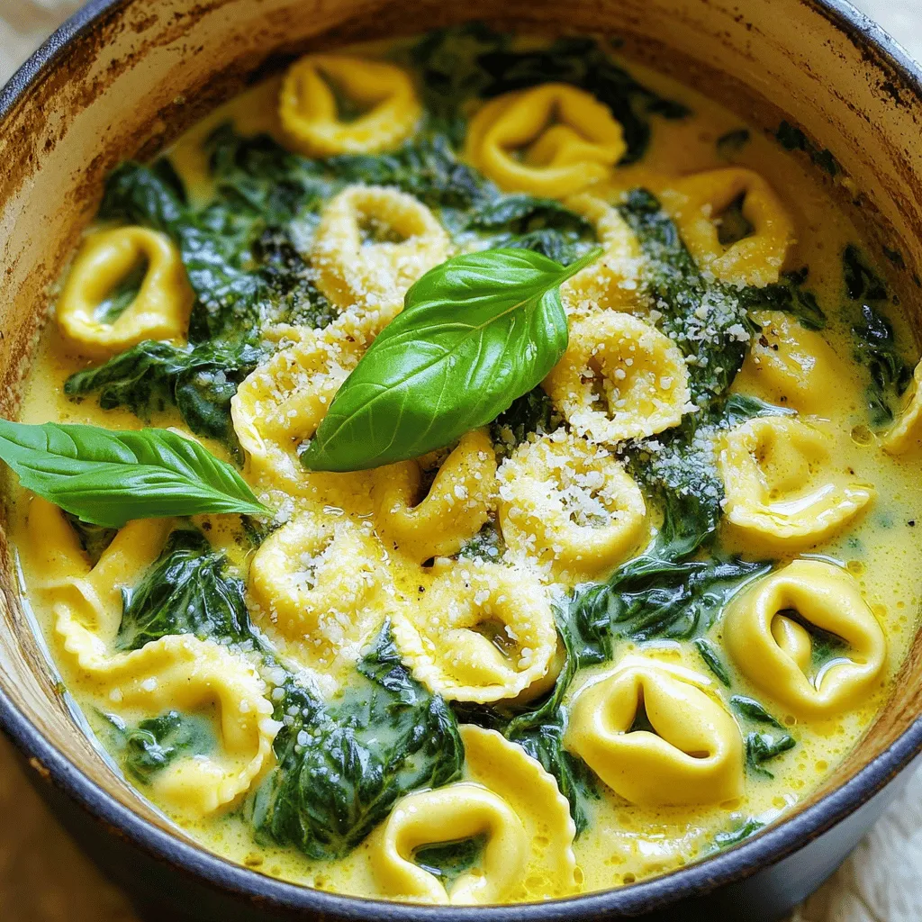 To make this dish, you need: - 1 package (9-12 oz) cheese tortellini (fresh or frozen) - 2 tablespoons olive oil - 3 cloves garlic, minced - 4 cups fresh spinach, chopped - 2 cups vegetable broth - 1 cup heavy cream (or coconut cream for a dairy-free option) - 1 cup grated Parmesan cheese - 1 teaspoon Italian seasoning - Salt and pepper to taste - Red pepper flakes (optional, for heat) These fresh and simple ingredients come together to create a creamy, comforting meal. The tortellini adds a nice texture, while the spinach brings color and nutrients. You can switch things up with these optional ingredients: - Fresh herbs like parsley or thyme for extra flavor - Sun-dried tomatoes for a tangy kick - Mushrooms for an earthy touch - Peas for sweetness and a pop of color These ingredients can help you tailor the dish to your taste. Feel free to experiment and make it your own! Garnishing can elevate your dish. Consider these options: - Fresh basil leaves for a burst of flavor - Extra grated Parmesan for richness - A sprinkle of red pepper flakes for heat Garnishes not only enhance the look of the dish but also add layers of flavor. They make your creamy spinach tortellini even more inviting! Start by gathering all your ingredients. You will need cheese tortellini, olive oil, garlic, spinach, vegetable broth, heavy cream, Parmesan cheese, Italian seasoning, salt, pepper, and red pepper flakes. This dish is quick and easy, so having everything ready helps. 1. In a large pot, heat 2 tablespoons of olive oil over medium heat. 2. Add 3 minced garlic cloves and sauté for 1 minute. The garlic should smell nice but not brown. 3. Next, add 4 cups of chopped spinach and cook until it wilts, which takes about 2-3 minutes. 4. Pour in 2 cups of vegetable broth and bring it to a gentle simmer. 5. Stir in 1 package of tortellini. Make sure they are all covered by the broth. Cook them based on package instructions. Fresh tortellini cooks in about 3-5 minutes, while frozen takes 7-10 minutes. 6. Once the tortellini are done, lower the heat and mix in 1 cup of heavy cream and 1 cup of grated Parmesan cheese. 7. Add 1 teaspoon of Italian seasoning, salt, pepper, and red pepper flakes if you want some heat. Stir until the cheese melts and the sauce becomes creamy. 8. Take the pot off the heat. Let it sit for a few minutes. This helps the sauce thicken. Serve your dish hot. Top it with fresh basil leaves for color and flavor. The creamy sauce and cheesy tortellini make a perfect meal. Enjoy this easy dinner! One common mistake is overcooking the tortellini. Follow the package time closely for best results. Another mistake is not sautéing the garlic long enough. Garlic should smell great before adding spinach. Also, do not skip seasoning the dish. Salt and pepper boost the flavors. To boost flavor, try adding a squeeze of lemon juice. This adds brightness to the dish. You can also use fresh herbs like basil or parsley. They give a fresh taste that pairs well with spinach. If you like heat, add more red pepper flakes. This makes it exciting! Prep your ingredients before starting. Chopped spinach, minced garlic, and grated cheese save time. Use a large pot. This gives you space to mix well. If you need a faster meal, choose fresh tortellini. They cook quicker than frozen ones. Lastly, keep an eye on the sauce. Stir often to prevent sticking. {{image_2}} You can easily make this dish dairy-free. Swap heavy cream for coconut cream. This gives a rich taste without any dairy. Use nutritional yeast instead of Parmesan for a cheesy flavor. You can also choose almond milk or cashew cream for a lighter sauce. These options keep the dish creamy and delicious. Want more protein? Add cooked chicken or shrimp. Cook the protein in the pot first, then remove it. After you add the spinach, return the protein to the pot before adding cream. This makes your meal heartier. You can use grilled chicken, rotisserie chicken, or shrimp. Each adds a nice touch to the dish. To make a vegan version, use dairy-free tortellini. Many brands offer plant-based options. Replace heavy cream with coconut cream or cashew cream. Use nutritional yeast for a cheesy taste. Also, make sure the vegetable broth is vegan. This way, you can enjoy a creamy dish without animal products. To store leftovers, let the dish cool to room temperature. Then, transfer it to an airtight container. You can keep it in the fridge for up to three days. Make sure to label the container with the date. When you’re ready to eat, reheat it on the stovetop. Use low heat to warm it gently. Add a splash of vegetable broth or cream if it seems too thick. Stir often until hot. You can also use a microwave; heat in short bursts. Stir between each burst for even heating. If you want to freeze this dish, let it cool completely first. Then, divide it into meal-sized portions. Use freezer-safe bags or containers. Squeeze out extra air before sealing. This keeps it fresh for up to three months. When ready to eat, thaw overnight in the fridge. Reheat as mentioned above for the best taste. Yes, you can use frozen tortellini. Just remember to cook it longer. Frozen tortellini usually takes around 7-10 minutes. Follow the package instructions for the best results. To make this dish gluten-free, choose gluten-free tortellini. Many brands offer tasty options. Also, check the vegetable broth to ensure it's gluten-free. You can serve this dish with a crisp salad. Garlic bread pairs well, too. A light wine also complements the creamy flavors nicely. If your sauce is too thick, add a little broth or cream. Stir well until it reaches your desired consistency. This will keep the dish creamy and delicious. In this post, we explored how to make One Pot Creamy Spinach Tortellini. We covered key ingredients, step-by-step instructions, and helpful tips. You can customize the dish with variations like protein or dairy-free options. Remember to store leftovers properly and reheat with care. This meal is quick and easy, making it perfect for any night. Enjoy cooking and savoring this tasty dish!