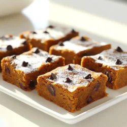 - 1 cup pumpkin puree - 1 cup brown sugar - 1/2 cup granulated sugar - 1/2 cup unsalted butter, melted - 2 large eggs - 1 teaspoon vanilla extract - 1 teaspoon baking powder - 1/2 teaspoon baking soda - 1/2 teaspoon salt - 1 teaspoon ground cinnamon - 1/2 teaspoon ground nutmeg - 1 1/2 cups all-purpose flour - 1 cup chocolate chips These ingredients create a delightful mix. The pumpkin puree gives moisture and flavor. Brown sugar adds richness, while granulated sugar balances the sweetness. The melted butter ensures a tender texture. Eggs help bind the mixture for the perfect blondie. You can switch some ingredients to fit your needs. Use coconut sugar instead of brown or granulated sugar. This option adds a caramel flavor. For a gluten-free version, try almond flour or a gluten-free blend. If you need dairy-free options, use coconut oil or a plant-based butter. These choices keep the recipe tasty while meeting dietary needs. First, preheat your oven to 350°F (175°C). This sets the stage for a perfect bake. Next, grease a 9x9 inch baking pan or line it with parchment paper. This step makes removal easy later on. In a large mixing bowl, whisk together these wet ingredients: - 1 cup pumpkin puree - 1 cup brown sugar - 1/2 cup granulated sugar - 1/2 cup unsalted butter, melted Mix until the mixture is smooth. Then, add two large eggs one at a time. Mix well after each egg. Finally, stir in 1 teaspoon of vanilla extract. In a separate bowl, combine the dry ingredients. Whisk together: - 1 teaspoon baking powder - 1/2 teaspoon baking soda - 1/2 teaspoon salt - 1 teaspoon ground cinnamon - 1/2 teaspoon ground nutmeg - 1 1/2 cups all-purpose flour Ensure everything blends well. After that, gradually mix the dry ingredients into the wet mixture. Be careful not to overmix, as this can change the texture. Next, fold in 1 cup of chocolate chips. Make sure they spread evenly throughout the batter. Pour the batter into the prepared baking pan. Use a spatula to spread it out evenly. Place the pan in your preheated oven. Bake for 25-30 minutes. The blondies are done when a toothpick comes out clean from the center. Once baked, remove the pan from the oven. Let the blondies cool in the pan for 10-15 minutes. Then, transfer them to a wire rack to cool completely. After cooling, cut into squares and they are ready to serve! To avoid overmixing, mix the wet and dry ingredients just until combined. This helps keep the blondies soft and chewy. Look for small flour pockets in the batter. They will bake out. When baked, the blondies should have a slight jiggle in the center. This means they are not overbaked. A toothpick inserted should come out with a few moist crumbs. Adding nuts like walnuts or pecans can give a nice crunch. You can also sprinkle in spices like ginger or cloves for extra warmth. Choose semi-sweet or dark chocolate chips for a rich taste. You can even try milk chocolate if you prefer sweetness. Serve the blondies on a rustic wooden board for a homey feel. Dust with powdered sugar for a touch of elegance. Add a sprinkle of cinnamon on top for color. Small pumpkin decorations can enhance the festive look. Cut them into squares or bars for easy serving. {{image_2}} You can change the flavor of your blondies easily. Adding spices like ginger or cloves gives a warm taste. These spices mix well with pumpkin and chocolate. You can also swap in white chocolate chips. They add a sweet twist to the dark chocolate. For a rich flavor, try using caramel bits instead of chocolate. These little changes can make your blondies new and fun. If you want a vegan option, replace eggs with flax eggs. Just mix one tablespoon of flaxseed meal with three tablespoons of water. Let it sit for a few minutes until it thickens. You can also use plant-based butter instead of regular butter. For a low-sugar version, you can try using coconut sugar or a sugar substitute. This way, you can enjoy your blondies without the extra sugar. You can make your blondies fit the season. Adding cranberries or pecans gives a festive touch. These ingredients work great with pumpkin flavors. If you want to make mini blondies, just use a smaller pan. You can bake them for a shorter time, about 15-20 minutes. These tiny treats are perfect for parties or gifts. Each variation brings something special to your pumpkin chocolate chip blondies. To keep your pumpkin chocolate chip blondies fresh, store them in an airtight container. Make sure they cool completely before sealing. Place a piece of parchment paper between layers to prevent sticking. Keep them at room temperature for the best taste. Avoid placing them in direct sunlight or near heat sources. To freeze blondies, first cut them into squares. Wrap each square tightly in plastic wrap. Then, place them in a freezer-safe bag or container. Label it with the date. For the best texture, enjoy them within three months. To thaw, take out the desired amount and leave them out at room temperature for a few hours. You can also microwave them for 10-15 seconds for a warm treat. At room temperature, your blondies stay fresh for about five days. After that, they might dry out or lose flavor. Signs of spoilage include an off smell, dry texture, or visible mold. If you see any of these signs, it's best to toss them out. Enjoying them fresh will give you the best taste! Yes, you can use fresh pumpkin. First, cook your pumpkin until soft. Then, mash it well. Make sure to drain excess water. Fresh pumpkin can change the texture slightly. The flavor will be rich and tasty! To make your blondies more cake-like, add an extra egg. You can also use less flour, about 1 1/4 cups. Mix the batter a bit longer to add air. This will create a lighter texture. You can use applesauce or mashed banana as egg substitutes. Each egg equals about 1/4 cup of applesauce. For banana, use about half a banana mashed. These options keep the blondies moist and sweet! Yes, you can double the recipe! Use a larger pan, like a 9x13 inch. Check for doneness around 30-35 minutes. A toothpick should come out clean. If it needs more time, add it in small increments. These blondies pair well with whipped cream or vanilla ice cream. A sprinkle of cinnamon adds warmth. You might also try a drizzle of caramel sauce. Each addition enhances the pumpkin flavor! This blog post covers how to make delicious pumpkin chocolate chip blondies. We discussed key ingredients, easy steps, and tips for great texture and flavor. Consider using alternative ingredients if you have dietary needs. Explore variations to keep it fun and fresh. Proper storage helps keep your blondies tasty longer. Now, you can bake with confidence! Enjoy your treats and share them with friends and family.