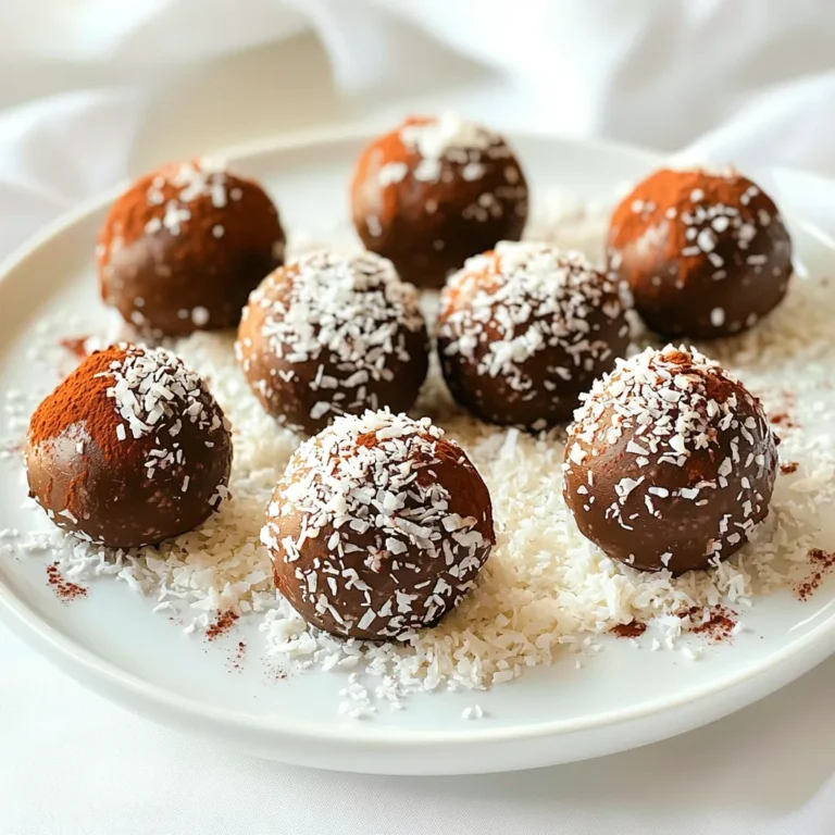 Here’s what you need for your chocolate coconut truffles. This list keeps it simple and fun. - 1 cup unsweetened shredded coconut - 1 cup dark chocolate chips (dairy-free if desired) - 1 cup almond flour (or any nut flour) - 1/2 cup pure maple syrup - 1/4 cup coconut oil, melted - 1 teaspoon vanilla extract - Pinch of sea salt - Cocoa powder for rolling (optional) These ingredients work together to create a rich and creamy delight. The shredded coconut adds texture, while the dark chocolate gives that deep flavor. Almond flour keeps the truffles soft and nutty. Maple syrup sweetens them naturally, and coconut oil helps bind everything. Using vanilla extract enhances the taste. A pinch of sea salt balances the sweetness. Finally, rolling the truffles in extra coconut or cocoa powder adds a lovely finish. Feel free to explore different flavors or adjust based on your taste buds! Start by taking a medium bowl. In it, combine one cup of almond flour, one cup of unsweetened shredded coconut, and a pinch of sea salt. Make sure to mix these dry ingredients well. This step is important as it ensures that the flavors blend nicely. Next, grab a small saucepan. Over low heat, melt one cup of dark chocolate chips and a quarter cup of coconut oil together. Stir the mixture until it becomes smooth and combined. This creates a rich base for your truffles. Once melted, remove the saucepan from the heat and stir in half a cup of pure maple syrup and one teaspoon of vanilla extract until fully mixed. Now, pour the melted chocolate mixture into your bowl with the dry ingredients. Mix it all together until you form a thick, sticky dough. This is where the magic happens! To make the dough easier to handle, chill it in the fridge for about 15 to 20 minutes. Once your dough is chilled, it’s time to shape the truffles. Scoop about a tablespoon of the mixture and roll it into a ball using your hands. You want each ball to be about the size of a teaspoon. Then, roll each truffle in extra shredded coconut or cocoa powder. This gives them a beautiful, tasty coating. Place the rolled truffles on a parchment-lined baking sheet. Repeat this process until all the dough is shaped into truffles. Finally, refrigerate the truffles for at least 30 minutes to set before serving. Refrigerating the dough is key. It helps the truffles hold their shape better. If you skip this step, your dough may be too soft to roll. Chill the dough for about 15-20 minutes. This makes it easier to handle. To avoid stickiness, use wet hands while rolling. This simple trick stops the dough from sticking to your fingers. Another tip is to dust your hands with a little coconut or cocoa powder. Both methods help you shape the truffles with ease. Garnishing your truffles can make them shine. You can roll them in extra shredded coconut for a rustic look. Cocoa powder adds a rich touch, too. For a fancy twist, add edible gold flakes on top. They will impress your guests! When serving, arrange the truffles on a nice plate. Sprinkle some shredded coconut around them for a fun touch. Place them on a dessert table at parties or gatherings. They will be a hit! {{image_2}} You can make these truffles even more fun. Try adding different extracts. Almond extract gives a sweet twist. Mint extract adds a cool touch. Both can change the flavor a lot. Spices can also spice up your truffles. A pinch of cinnamon can warm up the taste. Cocoa powder can deepen the chocolate flavor. Just mix these in when you combine the dry ingredients. These truffles are easy to adapt for everyone. For gluten-free options, just ensure your almond flour is certified gluten-free. It works just as well in this recipe. If you need dairy-free truffles, use dairy-free chocolate chips. They melt perfectly and taste great. You can even swap maple syrup with agave syrup if you prefer. For nut allergies, you can use sunflower seed flour instead of almond flour. This keeps the texture and taste nice. Just check that your chocolate is nut-free, too. To keep your chocolate coconut truffles fresh, store them in the fridge. Place them in an airtight container. This helps protect them from moisture and strong smells. When stored this way, they can last for about one week. If you want to enjoy them later, make sure they are fully set before storing. You can also layer them with parchment paper to avoid sticking. This simple step keeps them looking nice and tasty! Freezing is a great way to enjoy these truffles later. First, let the truffles set in the fridge for at least 30 minutes. Once set, place them in a single layer on a baking sheet. Freeze them for about one hour. After that, you can transfer them to a freezer-safe bag or container. This way, they will stay fresh for about three months. When you're ready to eat a truffle, take it out and let it thaw in the fridge. This keeps the texture smooth and the flavor rich. Remember, do not refreeze them after they thaw. Enjoy your sweet treat at its best! No-bake chocolate coconut truffles can last up to two weeks in the fridge. To keep them fresh, store them in an airtight container. If you notice them getting dry or hard, they may be past their prime. Always check for any odd smells or changes in texture before eating. Yes, you can use different types of chocolate. Dark chocolate gives a rich flavor and pairs well with coconut. Milk chocolate makes a sweeter truffle. If you prefer, you can also try semi-sweet chocolate. Each type will change the taste slightly, so choose what you like best! If you need a substitute for almond flour, there are several good options. You can use coconut flour, but use less since it absorbs more moisture. Oat flour is another choice and works well. For nut-free options, consider sunflower seed flour or a gluten-free blend. Each substitute will affect the texture, so adjust as needed. These no-bake chocolate coconut truffles are simple and fun to make. We covered the key ingredients and instructions to create these tasty bites. We also shared tips for the best texture and presentation. You can even mix in different flavors or adjust for dietary needs. Enjoy making these treats for yourself or your friends. Your creativity with flavors and presentation will impress everyone. Making truffles is quick, and they taste great. Get started on this delicious journey today!