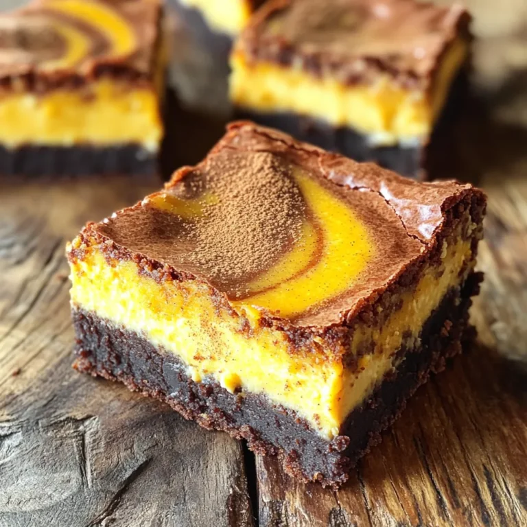 To make these tasty brownies, you will need the following ingredients: - 1 cup unsalted butter - 2 cups granulated sugar - 4 large eggs - 1 teaspoon vanilla extract - 1 ½ cups all-purpose flour - ½ cup unsweetened cocoa powder - 1 teaspoon baking powder - ½ teaspoon salt - 1 cup pumpkin puree - 1 teaspoon ground cinnamon - ½ teaspoon ground nutmeg - 8 oz cream cheese, softened - ½ cup powdered sugar These ingredients blend together to create a rich, chocolatey base with a creamy pumpkin swirl. Having the right tools makes baking easier and more fun. Here’s what you need: - 9x13 inch baking pan - Parchment paper - Medium saucepan - Mixing bowls - Whisk - Knife or skewer for swirling These tools help you mix, bake, and swirl your brownies perfectly. You can adjust the recipe to fit your needs. Here are some easy swaps: - Use coconut oil instead of butter for a dairy-free option. - Swap granulated sugar with coconut sugar for a lower-glycemic sweetener. - Use gluten-free flour instead of all-purpose flour for a gluten-free treat. - Replace cream cheese with a dairy-free cream cheese alternative for a vegan option. These substitutions keep the flavor while meeting dietary needs. Start by preheating your oven to 350°F (175°C). Prepare a 9x13 inch baking pan by greasing it and lining it with parchment paper. Leave some paper hanging over the edges. This makes it easy to lift out the brownies later. Next, combine the unsalted butter in a medium saucepan over low heat. Stir it until it melts completely. Once melted, take it off the heat and mix in 2 cups of granulated sugar. Then, add 4 large eggs and 1 teaspoon of vanilla extract. Stir until everything is well mixed. In a separate bowl, whisk together 1 ½ cups of all-purpose flour, ½ cup of unsweetened cocoa powder, 1 teaspoon of baking powder, and ½ teaspoon of salt. Gradually add this dry mix to the butter mixture. Stir until just combined. Do not overmix. Now, let’s make the pumpkin cheesecake swirl. In a mixing bowl, take 8 ounces of softened cream cheese. Add in ½ cup of powdered sugar and beat until smooth. Then, mix in 1 cup of pumpkin puree, 1 teaspoon of ground cinnamon, and ½ teaspoon of ground nutmeg. Blend until everything is well combined and creamy. To assemble, pour half of the brownie batter into your prepared pan. Spread it evenly. Next, dollop spoonfuls of the pumpkin cheesecake mixture over the brownie layer. After that, pour the remaining brownie batter on top. Now it’s time to create that beautiful swirl. Using a knife or a skewer, gently swirl the cheesecake mixture into the brownie batter. Aim for a marbled effect without fully mixing them together. Once you’ve swirled the mixture, place the pan in your preheated oven. Bake for 30-35 minutes. Check if they are done by inserting a toothpick in the center. It should come out with a few moist crumbs. Let the brownies cool in the pan for at least 30 minutes. Use the parchment overhang to lift them out. Cut into squares and enjoy your delicious pumpkin swirl cheesecake brownies! To get a great swirl, use a knife or skewer. Make gentle, slow movements. Do not mix too much; you want to see both the brownie and cheesecake. The goal is a fun marble pattern. It makes the brownies look fancy! Keep an eye on your brownies as they bake. Set a timer for 30 minutes first. Check with a toothpick at the center. If it comes out with a few moist crumbs, they are done. If it comes out wet, add a few more minutes. Overbaking can dry them out. Use the right amount of butter and sugar. They help keep the brownies soft. Avoid overmixing the batter, too. This can lead to a tough texture. Let them cool in the pan for 30 minutes before cutting. This helps them stay moist and delicious. {{image_2}} You can add nuts or chocolate chips to the brownie mix. Chopped walnuts or pecans give a nice crunch. They add fun texture to each bite. If you love chocolate, try adding semi-sweet or dark chocolate chips. Just sprinkle them on top of the brownie batter before baking. This extra layer of flavor makes these brownies even better. To make these brownies gluten-free, swap the all-purpose flour for gluten-free flour. Many brands work well in this recipe. Always check the package for the right measure. This change keeps the taste rich and moist. Your friends won’t even know they are gluten-free! Want to spice things up? You can add a caramel or chocolate ganache layer. To make a simple ganache, heat equal parts cream and chocolate until melted. Pour it over the cooled brownies for a rich finish. Or, swirl in some caramel into the pumpkin cheesecake mix. This adds a sweet surprise that everyone will love. Once your brownies cool, cut them into squares. Place the squares in an airtight container. This keeps them fresh for up to four days. You can also layer them with parchment paper to prevent sticking. To freeze brownies, wrap each square in plastic wrap. Then, place them in a freezer bag. They can last for up to three months in the freezer. When you're ready to enjoy them, just thaw in the fridge overnight. To reheat brownies, preheat your oven to 350°F (175°C). Place the brownies on a baking sheet. Heat for about 10-15 minutes. You can also microwave them for about 20-30 seconds on a microwave-safe plate. Enjoy them warm for that fresh-baked taste! Yes, you can use fresh pumpkin. First, cook the pumpkin until soft. Then, puree it well. Use it in the same amount as canned pumpkin. Fresh pumpkin can have a different taste, but it adds a nice touch. Check the brownies at 30 minutes by inserting a toothpick. If it comes out with a few moist crumbs, they are done. If it has wet batter, bake a little longer. Keep an eye on them. Overbaking can make them dry. These brownies are great on their own. You can also serve them with whipped cream. A scoop of vanilla ice cream adds a nice contrast. Pair them with a warm drink like coffee or chai for a cozy treat. Yes, you can make these brownies a day in advance. Store them in an airtight container to keep them fresh. They taste even better the next day as the flavors meld. Just warm them slightly before serving for a nice touch. In this guide, we explored how to make delightful Pumpkin Swirl Cheesecake Brownies. We covered essential ingredients, baking tools, and dietary swaps. You learned step-by-step instructions, tips for perfect results, and fun variations to try. Storing and reheating your brownies was also discussed. Enjoy crafting these brownies! They're perfect for any season. With a little practice, you'll impress everyone with your skills. Happy baking!