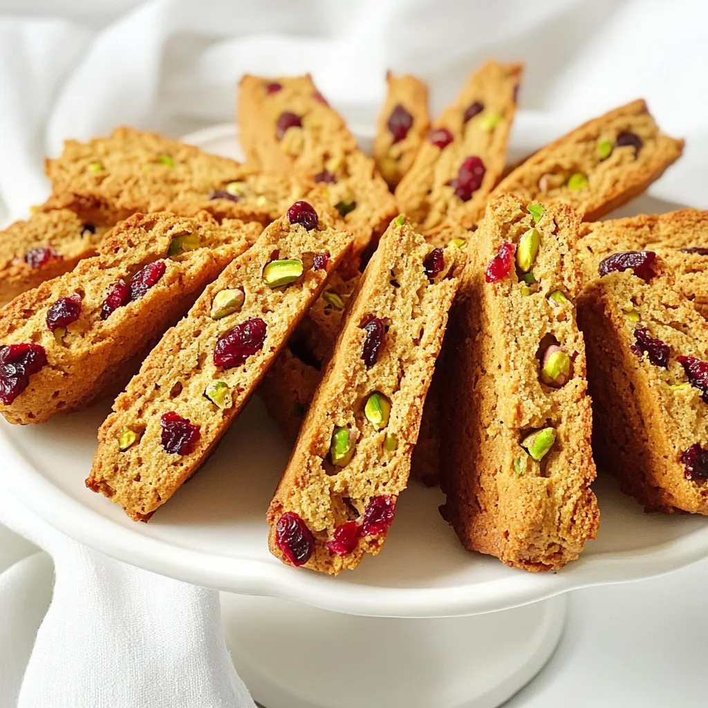 To create delicious bakery-style cranberry pistachio biscotti, you need the right ingredients. Here’s the complete list: - 1 cup all-purpose flour - 1/2 cup almond flour - 1/2 cup granulated sugar - 1/4 teaspoon baking powder - 1/4 teaspoon baking soda - 1/4 teaspoon salt - 3 large eggs - 1 teaspoon vanilla extract - 1/2 teaspoon almond extract - 1 cup dried cranberries - 1/2 cup unsalted pistachios, chopped - Zest of 1 orange Each ingredient plays a key role. The all-purpose flour forms the base while almond flour adds a nutty touch. Sugar gives sweetness, and baking powder and soda help the biscotti rise. Salt balances the flavors. Eggs bind the mixture and add richness. The vanilla and almond extracts infuse lovely flavors. Dried cranberries add chewiness and tartness, while pistachios provide a crunchy texture. Finally, orange zest brightens the flavor with a hint of citrus. Gather all these ingredients before you start. This will make the process smooth and fun! - Preheating the oven Start by preheating your oven to 350°F (175°C). This step ensures a nice bake. Grab a baking sheet and line it with parchment paper so your biscotti won’t stick. - Mixing dry ingredients In a large mixing bowl, whisk together: - 1 cup all-purpose flour - 1/2 cup almond flour - 1/2 cup granulated sugar - 1/4 teaspoon baking powder - 1/4 teaspoon baking soda - 1/4 teaspoon salt Make sure they blend well. This mix is the base of your biscotti. - Combining wet ingredients In a separate bowl, beat together: - 3 large eggs - 1 teaspoon vanilla extract - 1/2 teaspoon almond extract Add the zest of 1 orange for a burst of flavor. Mix until everything is smooth. Now, add this wet mix to your dry mix. Stir gently until just combined. - Shaping the dough log Once the dough is mixed, gently fold in: - 1 cup dried cranberries - 1/2 cup unsalted pistachios, chopped Shape the dough into a log about 12 inches long and 3 inches wide. Place this on your prepared baking sheet. - First baking process Bake the log in your preheated oven for 25-30 minutes. It should turn light golden brown and feel firm to the touch. This forms the first layer of your biscotti. - Slicing the biscotti After baking, let it cool for about 15 minutes. Use a sharp serrated knife to slice the log diagonally into 1/2-inch thick slices. Be careful; the log is still warm! - Adjusting oven temperature Reduce the oven temperature to 325°F (165°C). This lower heat helps the biscotti crisp up nicely. - Final baking time Place the slices cut-side down on the baking sheet. Bake for an additional 10-12 minutes. Look for a golden brown color for that perfect crispness. - Cooling on the wire rack Once done, let the biscotti cool completely on a wire rack. This step is key to achieving that delightful crunch. Enjoy your homemade bakery-style cranberry pistachio biscotti! To get the right texture in your biscotti, accuracy is key. Measure all your ingredients carefully. Too much flour can make them dry, while too little can make them too soft. After the first bake, cool the log for about 15 minutes. This helps the biscotti stay crisp during the second bake. When slicing, use a serrated knife. This keeps the edges smooth and prevents crumbling. You can take your biscotti to the next level by adding spices or extracts. Cinnamon or nutmeg can bring warmth. A touch of orange zest adds brightness. For a sweet twist, drizzle melted chocolate on top after baking. You can also customize the mix-ins. Try adding almonds or even white chocolate chips for something new. Each choice will change the flavor and make your biscotti unique. {{image_2}} You can change the nuts for fun flavors. If you want to swap out pistachios, use walnuts or almonds. Walnuts have a rich, earthy taste, while almonds add a nice crunch. Each nut brings its own charm and pairs well with cranberries. Mix up your dried fruits for new tastes. Try apricots or cherries. Apricots give a sweet touch, while cherries add a tart kick. Combining different fruits can create exciting flavors and textures in every bite. Want a gluten-free treat? Just swap the all-purpose flour for a gluten-free blend. Use a mix that includes rice flour and almond flour. This keeps the dough light and tasty. Make sure to check the consistency; it should be thick but not dry. To keep your bakery-style cranberry pistachio biscotti fresh, store them at room temperature. Place them in an airtight container. This helps to keep them crisp. Avoid moisture, as it can make them soft. You can freeze biscotti for longer storage. First, let them cool completely. Then, wrap each biscotti in plastic wrap. Place them in a freezer bag or airtight container. For thawing, take them out and let them sit at room temperature. This keeps them crunchy and tasty. Your biscotti will last about two weeks at room temperature. After that, they may start to lose their freshness. Look for signs of spoilage like a soft texture or off smell. If they feel chewy instead of crisp, it’s time to toss them. Biscotti have a unique texture. They are dry and crunchy. This is due to their double-baking method. First, you bake the dough as a log. After it cools, you slice it and bake the slices again. This creates a firm cookie that pairs well with drinks. You won’t find this texture in most cookies. Yes, you can make these biscotti ahead of time. They store well for days. To keep them fresh, use an airtight container. Place them in a cool, dry spot. You can also freeze them. Wrap each biscotti in plastic wrap, then place them in a freezer bag. They stay good for up to three months. Serving biscotti is simple and fun. You can enjoy them with coffee or tea. They also work well with hot chocolate. If you want to impress guests, arrange them on a nice platter. You can drizzle melted white chocolate on top. Sprinkle more pistachios for a beautiful touch. In this post, we explored how to make delicious biscotti from scratch. We covered ingredients, step-by-step instructions, and tips for the perfect outcome. Remember to measure accurately for the best texture and feel free to customize flavors. Biscotti can last long if stored right. Making these treats is simple and rewarding. Enjoy sharing them with friends or savoring them with your coffee!