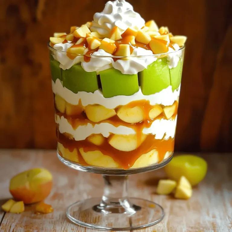 To make a delicious Caramel Apple Trifle, you need the following ingredients: - 4 medium apples (like Granny Smith or Honeycrisp), peeled and diced - 1 cup granulated sugar - 1/2 cup unsalted butter - 1 cup heavy cream - 1 teaspoon vanilla extract - 1 teaspoon cinnamon - 1/2 cup ground ginger cookies or graham crackers - 1 cup caramel sauce (store-bought or homemade) - 1 cup whipped cream (for topping) - Extra diced apples and caramel sauce for garnish You can swap some ingredients if needed. Instead of granulated sugar, try brown sugar for a richer taste. You can also use coconut cream instead of heavy cream for a dairy-free option. If you don’t have ginger cookies, graham crackers work just fine. For apples, feel free to use any variety you like, such as Fuji or Pink Lady. Those will add their unique flavors to the trifle. When it comes to caramel sauce, I suggest looking for quality brands. Some good options include: - Ghirardelli Caramel Sauce - Smucker's Caramel Sauce - Merckens Caramel Sauce These brands offer rich, smooth sauces that blend well in your trifle. You can also make your caramel at home for a fresher taste. To make the caramel sauce, start by melting 1/2 cup of unsalted butter in a saucepan over medium heat. Once the butter is melted, add 1 cup of granulated sugar. Stir this mix constantly until it begins to boil. This part is key to a smooth sauce. After boiling, reduce the heat and let it simmer for 5 minutes. You want the sauce to turn a nice golden color. Once ready, take it off the heat and let it cool slightly. This sauce will add a rich flavor to your trifle. Next, grab 4 medium apples. I love using Granny Smith or Honeycrisp for their tartness. Peel and dice them into small pieces. In a separate pan, combine these apples with 1 teaspoon of cinnamon and half of the caramel sauce you just made. Cook them on medium heat for about 5 to 7 minutes. You want the apples to be tender but not mushy. Once cooked, set them aside to cool. For the cream layer, take 1 cup of heavy cream and whip it in a mixing bowl. You should whip it until soft peaks form. This step is fun! It adds lightness to the trifle. Once you reach that point, gently fold in 1 teaspoon of vanilla extract. This adds a wonderful aroma and flavor to your cream mixture. Now comes the fun part—layering! In a large glass trifle dish or individual glasses, start with a layer of ground ginger cookies or crushed graham crackers. This gives a nice crunch. Next, add a layer of your cooked apple mix. Drizzle some of the reserved caramel sauce over the apples. Then, spoon a layer of the whipped cream mixture over the apples. Repeat these layers until you use up all your ingredients. Make sure to finish with a layer of whipped cream on top for that nice look. Once your trifle is layered, cover it with plastic wrap. Refrigerate it for at least 1 hour. This chilling time allows the flavors to blend nicely. Before serving, garnish with extra diced apples and a drizzle of caramel sauce. A sprinkle of crushed ginger cookies on top adds a great texture. Enjoy your delicious Caramel Apple Trifle! To make great caramel, you need to watch it closely. Start with medium heat. Melt the butter first. Then add the sugar and stir well. Keep stirring until it bubbles. Let it simmer for five minutes. The color should be golden brown. If it gets too dark, it can taste burnt. Remember to let it cool slightly before using it in your trifle. Pick apples that are firm and fresh. Granny Smith apples are tart and crisp. They add a nice tang to the dessert. Honeycrisp apples are sweet and juicy. Both types work well in this trifle. When you feel the apples, look for ones without soft spots. This ensures they will hold up well during cooking. Layering is key for a beautiful trifle. Use a clear glass dish to show off the layers. Start with ginger cookies, then add apples, and drizzle caramel. Repeat these layers, ending with whipped cream on top. For a fun touch, sprinkle ginger cookie crumbs on top. Add extra diced apples and a drizzle of caramel for a tasty finish. This will make your trifle look delightful and inviting. {{image_2}} You can change the topping of your trifle for a fun twist. Try using chopped toffee bits for crunch. They add a sweet flavor. You can also use chocolate shavings for a rich touch. Fresh nuts like walnuts or pecans work great too. For a fall vibe, sprinkle some cinnamon on top. You can even layer in different flavored whipped creams. Want to add more texture? Nuts give a nice crunch. Chopped walnuts or pecans are my favorites. They blend well with caramel and apples. You can also use other fruits. Sliced bananas or berries can bring a fresh taste. Just remember to layer them in between the apples and cream. It makes each bite interesting! If you need gluten-free options, use gluten-free cookies. They work just as well as ginger cookies. For a dairy-free choice, swap heavy cream with coconut cream. It gives a lovely flavor. You can also make the caramel sauce with coconut milk. This way, everyone can enjoy this dessert! To store your Caramel Apple Trifle, first cover it tightly. Use plastic wrap or a lid. This keeps the trifle fresh and tasty. If you have individual servings, put them in small containers. You can keep the trifle in the fridge for 2 to 3 days. After that, the apples may get too soft. The whipped cream may lose its fluffiness, too. Freezing trifle is not ideal due to the cream. However, you can freeze the apple mixture and caramel sauce separately. Just let them cool first. Store them in freezer-safe containers. You can save them for up to 3 months. When ready, thaw them in the fridge overnight before serving. Yes, you can make this trifle a day in advance. It tastes even better when chilled overnight. Just layer all the ingredients and cover it well. The flavors will mix and create a delicious dessert. I recommend using Granny Smith or Honeycrisp apples. These apples are crisp and have a nice balance of sweet and tart. They hold up well when cooked and add great flavor to your trifle. To make this trifle more kid-friendly, try using sweeter apples like Fuji or Gala. You can also reduce the amount of cinnamon in the recipe. Kids love extra caramel, so feel free to add more drizzles! Absolutely! Store-bought whipped cream works just fine. It saves time and still gives you a nice creamy layer. Just remember to check the label for quality ingredients. You can serve this trifle with coffee or a warm cup of cider. Ice cream is another great choice. For a fun twist, serve it with a side of caramel dip and some fresh apple slices. This blog post showed you how to make a delicious Caramel Apple Trifle. We covered the ingredients, cooking steps, and key tips for success. Remember, using the right apples and perfecting the caramel is crucial. You can dress up the trifle with fun toppings, nuts, or dairy-free options. Store your leftovers well and enjoy them later. With these tips, you can impress friends and family. Dive into this sweet dessert and make it your own! Enjoy making your trifle today.