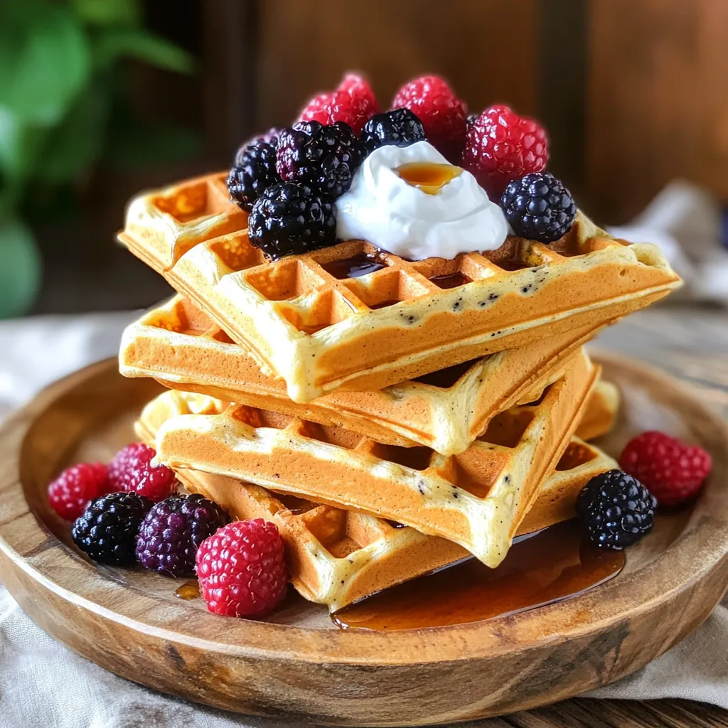 To make vanilla bean protein waffles, gather these simple ingredients: - 1 cup oat flour - 1 scoop vanilla protein powder - 1 tablespoon baking powder - 1 teaspoon ground cinnamon - 1/4 teaspoon salt - 1 cup almond milk (or any milk of choice) - 2 large eggs - 2 tablespoons maple syrup - 1 teaspoon pure vanilla extract - 1 vanilla bean, seeds scraped (or 1 additional teaspoon of vanilla extract) - Optional toppings: fresh berries, Greek yogurt, nut butter, or maple syrup These ingredients create a tasty and healthy breakfast option. Oat flour gives a nice texture and is gluten-free. The protein powder adds a boost, making these waffles filling. Maple syrup and vanilla bring sweetness and flavor. You can customize your toppings based on what you love. Fresh berries add a pop of color and nutrients, while nut butter adds creaminess and healthy fats. Enjoy experimenting with different flavors! First, preheat your waffle iron. Follow the manufacturer's instructions. This step is key to crispy waffles. In a big bowl, combine these dry ingredients: - 1 cup oat flour - 1 scoop vanilla protein powder - 1 tablespoon baking powder - 1 teaspoon ground cinnamon - 1/4 teaspoon salt Mix well so everything is evenly spread out. Now, grab another bowl. Whisk together these wet ingredients: - 1 cup almond milk (or any milk you like) - 2 large eggs - 2 tablespoons maple syrup - 1 teaspoon pure vanilla extract - Seeds from 1 vanilla bean Mix until it looks smooth. This mix adds a sweet and rich flavor. Pour the wet mix into the dry bowl. Gently mix them together. Stop mixing as soon as it combines. A few lumps are fine. Overmixing can make your waffles tough. Lightly grease the waffle iron with cooking spray or a little melted coconut oil. Pour about 1/2 to 3/4 cup of batter onto the hot iron. Close the lid and cook according to your iron's instructions. Usually, it takes about 4-6 minutes. Look for golden brown waffles. Carefully take them out when done. Enjoy your waffles hot with your favorite toppings! To make fluffy waffles, avoid overmixing the batter. When you combine the wet and dry ingredients, mix until just combined. It's okay if there are a few lumps. This keeps the waffles light and airy. For greasing your waffle iron, I recommend using coconut oil or a non-stick spray. These options help the waffles release easily without sticking. You want to ensure a smooth cooking process. These waffles taste great with various toppings. I love adding fresh berries for a pop of flavor. Greek yogurt adds a creamy texture, while nut butter gives a nutty taste. Don't forget a drizzle of maple syrup for sweetness. Mix and match to find your favorite combination! {{image_2}} You can change some ingredients to fit your needs. If you want to try different flours, you can use almond flour or coconut flour. These flours add unique flavors and textures. For protein powder, you can switch to pea protein or hemp protein. Both options are great for plant-based diets. If you're dairy-free or vegan, almond milk works well. You can also use oat milk or soy milk. Instead of eggs, try using flax eggs. To make a flax egg, mix one tablespoon of ground flaxseed with three tablespoons of water. Let it sit for five minutes to thicken. Want to kick up the taste? Add some chocolate chips to the batter. They melt and create a rich, sweet flavor. You can also mix in chopped nuts, like walnuts or pecans, for extra crunch. Adding spices can also change the taste. Try nutmeg for warmth or cardamom for a hint of sweetness. Just a pinch can elevate your waffles to a whole new level. Seasonal fruits are perfect for topping your waffles. In spring, use fresh strawberries or blueberries. Summer is great for peaches or cherries. In autumn, add sliced apples or pears, topped with a sprinkle of cinnamon. Winter brings citrus fruits like oranges or grapefruits. Each fruit adds bright flavors and colors to your breakfast. To store leftover waffles, let them cool first. Place them in an airtight container. Put the container in the fridge. They will stay fresh for about three days. When you want to eat them again, just reheat in a toaster or microwave. If you want to keep waffles longer, freeze them. Wrap each waffle in plastic wrap. Then, put them in a freezer bag or container. They will last for about one month in the freezer. To reheat, take a waffle out and toast it or microwave it for about 30 seconds. When stored properly, these waffles last well. In the fridge, they stay good for three days. In the freezer, they can last up to a month. Just remember to wrap them well to avoid freezer burn. Enjoy your waffles fresh and tasty! Yes, you can make these waffles vegan. For eggs, use flax eggs or applesauce. A flax egg is made by mixing 1 tablespoon of ground flaxseed with 3 tablespoons of water. Let it sit for a few minutes until it thickens. For milk, use almond milk or any plant-based milk you like. These swaps keep the flavor and texture great. To make more waffles, simply double or triple the recipe. For example, use 2 cups of oat flour and 2 scoops of protein powder if you want double. Keep all other ingredients in proportion. This method is great for family breakfasts or meal prep for the week. These waffles are a healthy choice. Each serving has about 15 grams of protein, thanks to the protein powder and eggs. They also provide fiber from the oat flour, which is good for your digestion. Plus, the healthy fats from almond milk and optional toppings add extra nutrition. Enjoy them guilt-free! Making protein waffles is easy and fun. You begin with simple ingredients like oat flour and protein powder. Mixing dry and wet ingredients carefully ensures light, fluffy waffles. Cooking them just right gives you that golden color. You can customize flavors and toppings to suit your taste. Store leftovers properly, and they can last a while. These waffles are not just tasty; they’re healthy too. Enjoy experimenting with your own blends. There’s a delicious waffle waiting for you!