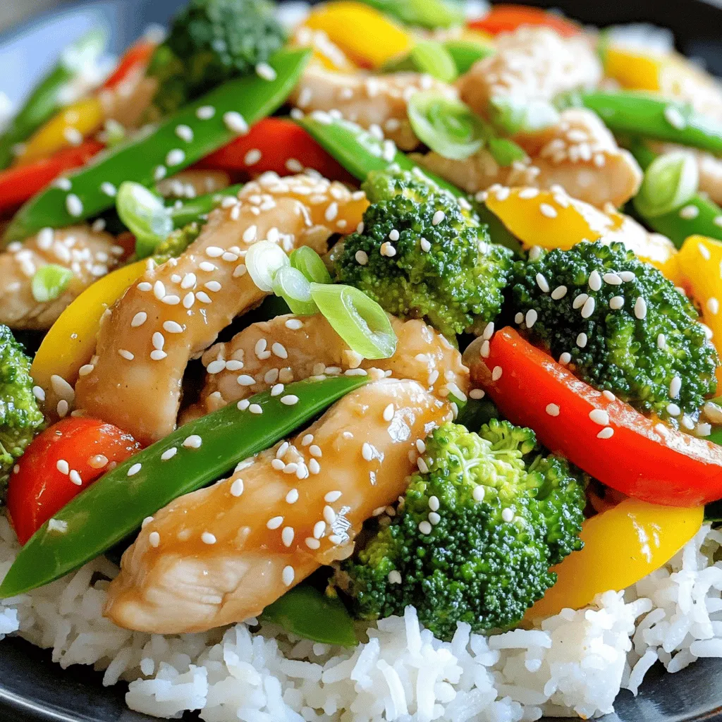 - 1 lb boneless, skinless chicken thighs, sliced into bite-sized pieces - 1 cup bell peppers (red and yellow), sliced - 1 cup broccoli florets - 1 cup snap peas - 4 cloves garlic, minced - 1 tablespoon ginger, finely grated For this stir-fry, I love using chicken thighs. They stay juicy and tender. Bell peppers add color and sweetness. Broccoli brings crunch and nutrition. Snap peas are crisp and fun to eat. Garlic and ginger give that bold flavor that pulls it all together. - 3 tablespoons soy sauce (low sodium) - 2 tablespoons honey - 1 tablespoon rice vinegar The sauce is easy to make. Soy sauce gives it depth. Honey adds a touch of sweetness. Rice vinegar gives a nice tang. Together, they create a perfect balance. - 1 tablespoon sesame seeds - Scallions for garnish - Cooked jasmine rice or cauliflower rice for serving I like to sprinkle sesame seeds on top. They add crunch and a nutty flavor. Scallions give a fresh bite. Serve it all over jasmine rice or cauliflower rice. This makes the meal filling and satisfying. - Heating the pan: Start by heating a large skillet or wok over medium-high heat. Add 2 tablespoons of sesame oil and let it warm up. This oil gives the dish a rich flavor and helps cook the chicken evenly. - Cooking time for chicken: Once the oil is hot, add 1 pound of sliced boneless, skinless chicken thighs. Season the chicken with salt and pepper. Stir-fry the chicken for about 5 minutes. Look for a nice golden brown color and ensure the chicken is cooked through. - Incorporating garlic and ginger: After the chicken is ready, add 4 cloves of minced garlic and 1 tablespoon of finely grated ginger. Stir them into the pan. This is where the magic begins. - Importance of timing: Cook the garlic and ginger for 1-2 minutes. Keep stirring to prevent burning the garlic. This step adds a wonderful aroma and flavor to the dish. - Cooking time for vegetables: Toss in 1 cup of sliced bell peppers, 1 cup of broccoli florets, and 1 cup of snap peas. Stir-fry these veggies for about 3-4 minutes. You want them to be bright and tender-crisp. - Steps for creating the sauce: In a small bowl, mix together 3 tablespoons of low-sodium soy sauce, 2 tablespoons of honey, and 1 tablespoon of rice vinegar. Pour this sauce over the chicken and vegetables. Stir well to coat everything. Let it simmer for another 1-2 minutes. This helps the flavors blend together beautifully. - Best oil for stir-frying: I recommend using sesame oil. It has a rich flavor that adds depth. You can mix in a bit of canola or vegetable oil. This mix helps with high heat cooking. - Keeping vegetables crisp: To keep veggies crunchy, cook them last. Add them after the chicken is golden. Stir-fry for just a few minutes. - Adding heat: If you like spice, add chili flakes or hot sauce. This gives the dish a nice kick. Start with a pinch and adjust to your taste. - Alternative sweeteners for the sauce: You can swap honey for maple syrup or agave. Both options work well. They add sweetness without changing the flavor much. - Plating techniques: Serve the stir-fry on a white plate. This makes the colors of the dish pop. You can layer the rice first, then add the stir-fry on top. - Garnishing tips: Top with chopped scallions and sprinkle extra sesame seeds. This adds color and texture. You can even add some fresh herbs like cilantro for a fresh touch. {{image_2}} You can switch up the protein in this dish. Shrimp works well for a quick cook. Just sauté them until pink for about 2-3 minutes. Tofu is another great option. Use firm tofu and cut it into cubes. Sauté until golden brown. You can also use different cuts of chicken. Chicken breast is leaner, while thighs are juicier. Both will taste great in this stir-fry. Feel free to mix in other veggies. Carrots add a nice crunch, and zucchini gives a fresh flavor. Seasonal vegetables like asparagus or green beans also work well. Just adjust the cooking time if the veggies need longer to cook. This way, you can enjoy new tastes and textures. If you're gluten-free, choose tamari instead of soy sauce. It has a similar flavor but is made without wheat. For a low-carb option, skip the rice and serve it over salad greens or cauliflower rice. This keeps the dish light and healthy while still being tasty. You can enjoy your Garlic Sesame Chicken Stir-Fry no matter your dietary needs! To store leftovers of your Garlic Sesame Chicken Stir-Fry, let it cool first. Use an airtight container to keep it fresh. Glass or BPA-free plastic containers work well. Store in the fridge for up to four days. This method helps keep all the flavors intact. If you want to freeze your stir-fry, place it in a freezer-safe container after cooling. Leave some space at the top for expansion. It can last up to three months in the freezer. When ready to eat, move it to the fridge to thaw overnight. For reheating, warm it in a pan over medium heat until heated through. The best time to consume leftovers is within four days when stored in the fridge. Look for signs of spoilage before eating. If you see mold or smell something off, do not eat it. Always trust your senses to keep safe. This dish takes only 15 minutes to make. You need about 5 minutes to prep your ingredients. Then, the cooking takes around 10 minutes. It’s a quick meal that fits well into busy days. Yes, you can use frozen chicken or vegetables. Just keep in mind that it may change the cooking time. Frozen chicken thighs will take longer to cook through. Frozen veggies may release more water, which can affect texture. Always cook until everything is hot and safe to eat. If you need a soy sauce alternative, try tamari. It’s gluten-free and has a similar taste. Coconut aminos is another good choice. It’s sweeter and less salty. You can also use homemade broth with a bit of salt for a lighter flavor. In this blog post, you learned how to make a delicious garlic sesame chicken stir-fry. We covered key ingredients like chicken thighs, fresh veggies, and a flavorful sauce. You also found tips for cooking, plating, and even variations to suit your taste. Remember, cooking should be fun, and you can customize each dish to your liking. Use these guidelines to create meals that impress. Enjoy experimenting in the kitchen and make this recipe your own!