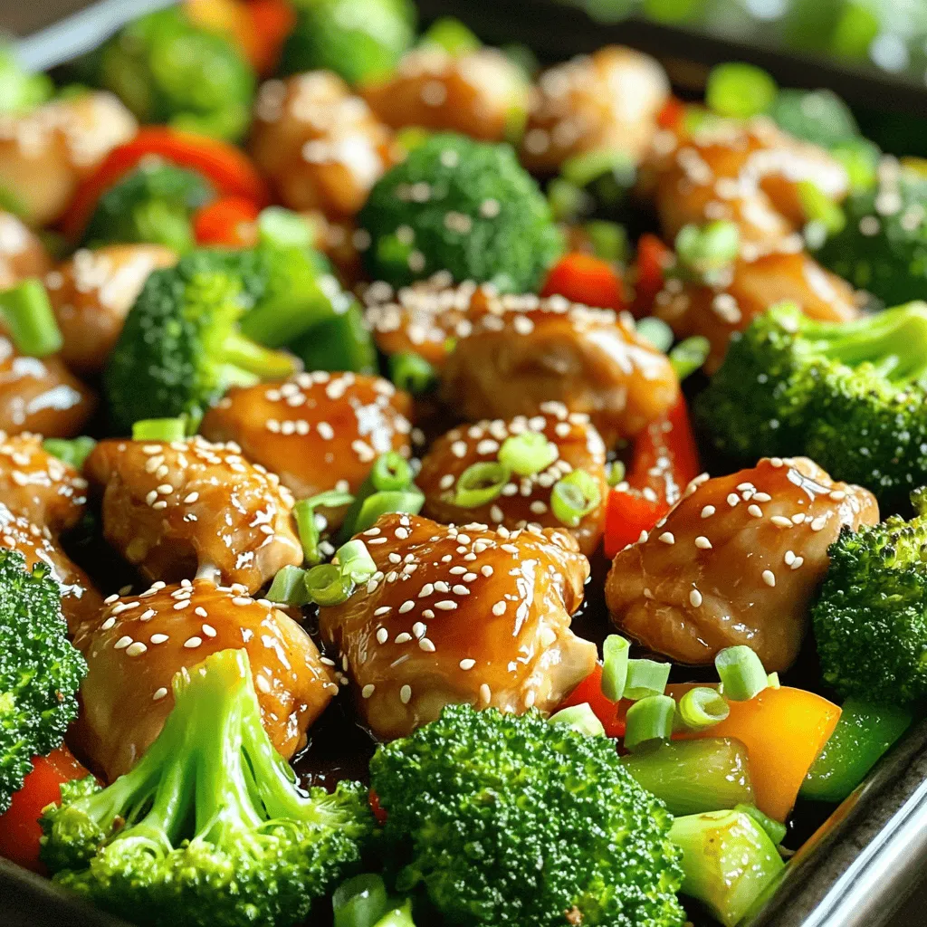 To make a delicious Sheet Pan Teriyaki Chicken Broccoli, you'll need the following ingredients: - 1 lb boneless, skinless chicken thighs, cut into bite-sized pieces - 2 cups broccoli florets - 1 red bell pepper, sliced - 1 tablespoon olive oil - Salt and pepper to taste - ¼ cup low-sodium soy sauce - 2 tablespoons honey or maple syrup - 1 tablespoon rice vinegar - 1 tablespoon freshly grated ginger - 2 cloves garlic, minced - 1 teaspoon sesame oil - Sesame seeds for garnish - Green onions, sliced for garnish These ingredients come together to create a sweet and savory dish. The chicken thighs stay moist and tender, while the broccoli adds a nice crunch. The red bell pepper brings a pop of color and flavor. Each element works in harmony to create a balanced meal. - Preheat your oven to 400°F (200°C). - Line a large baking sheet with parchment paper. This helps with easy cleanup. - In a medium bowl, whisk together these ingredients: - ¼ cup low-sodium soy sauce - 2 tablespoons honey or maple syrup - 1 tablespoon rice vinegar - 1 tablespoon freshly grated ginger - 2 cloves minced garlic - 1 teaspoon sesame oil - Mix until all the ingredients are well combined. This sauce adds flavor to the chicken. - In a separate bowl, toss 1 pound of boneless, skinless chicken thighs with: - 1 tablespoon olive oil - Salt and pepper to taste - Add half of the teriyaki sauce to the chicken. - Stir to coat the chicken evenly. - Spread the chicken in a single layer on the prepared baking sheet. - Add 2 cups of broccoli florets and 1 sliced red bell pepper around the chicken. - Place the sheet pan in the preheated oven. - Bake for 20-25 minutes. Check that the chicken is cooked through and the vegetables are tender. - Drizzle the reserved teriyaki sauce over the chicken and veggies. - Switch the oven to broil. - Broil for 2-3 minutes until caramelized. Keep a close eye to prevent burning! To get crispy chicken, you need an even coat. Toss the chicken pieces well in olive oil, salt, and pepper. This helps them crisp up nicely in the oven. When you bake them, spread them out on the sheet pan. This way, they won’t steam. After baking, broil the dish for a perfect finish. This step caramelizes the sauce and adds a nice crunch. Keep a close eye on it, so it doesn’t burn. Just two to three minutes under the broiler can make a big difference. Broccoli needs just the right timing to stay tender yet crisp. Add the broccoli to the pan for the last ten minutes of baking. This ensures it cooks but keeps its bright color and crunch. If you add it too early, it may turn mushy. Cleaning up can be a breeze with some simple tricks. Always line your baking sheet with parchment paper. This prevents sticking and makes cleanup easy. After the meal, just toss the paper away. Also, soak any sticky pans in warm water for a few minutes. This will help loosen any residue. A little prep goes a long way in making cooking fun and easy! {{image_2}} You can switch the chicken thighs for chicken breast. Chicken breast is leaner and cooks quicker. Just ensure you cut it into small pieces. If you want a plant-based option, try tofu. Use firm tofu and press it to remove extra water. Cut it into cubes and toss it with the teriyaki sauce. Both options work great in this dish. Feel free to mix in other veggies. Carrots add sweetness, and snap peas bring crunch. You can also use zucchini or asparagus for a fresh twist. Just remember to cut them into similar sizes as the broccoli. This way, they cook evenly and look nice on your plate. Want to add some heat? Try sriracha! Just mix a bit into the teriyaki sauce. You can also use chili paste or garlic chili sauce for a kick. If you like something sweeter, add more honey or maple syrup. These small changes can really enhance the dish and suit your taste. To keep your Sheet Pan Teriyaki Chicken Broccoli fresh, store it in the fridge. Place leftovers in an airtight container. This helps lock in flavor and moisture. They will last about 3 to 4 days. Make sure to let the dish cool down before sealing it. This avoids extra moisture build-up inside the container. When you're ready to enjoy your leftovers, reheating is simple. You can use a microwave or an oven. For the microwave, place the chicken and broccoli on a microwave-safe plate. Heat for 1-2 minutes, checking to ensure it warms evenly. If using an oven, preheat it to 350°F (175°C). Place the dish in a baking pan and cover it with foil. Heat for about 10-15 minutes or until hot. If you want to save some for later, freezing is a great option. First, let the dish cool completely. Then, portion it into freezer-safe bags or containers. Remember to remove as much air as possible. This helps prevent freezer burn. You can freeze the dish for up to 2-3 months. When ready to eat, thaw it in the fridge overnight before reheating. Yes, you can use frozen broccoli. It saves time and still tastes good. Just add it to the pan without thawing. The cooking time might be a bit longer, so check for doneness. To make this dish gluten-free, use tamari instead of soy sauce. Tamari has a similar taste but is safe for gluten-free diets. You can also check labels on honey or maple syrup. You can serve this dish with rice or quinoa. Both options soak up the tasty sauce well. You might also add a simple salad for extra crunch. This blog post provided a simple way to make sheet pan teriyaki chicken. We discussed all the essential ingredients, step-by-step cooking instructions, and tips for crispy chicken. You learned how to adjust flavors and store leftovers. Remember, this dish is easy to modify with different proteins and vegetables. My final thought: enjoy the process and have fun experimenting with your own twists. Happy cooking!