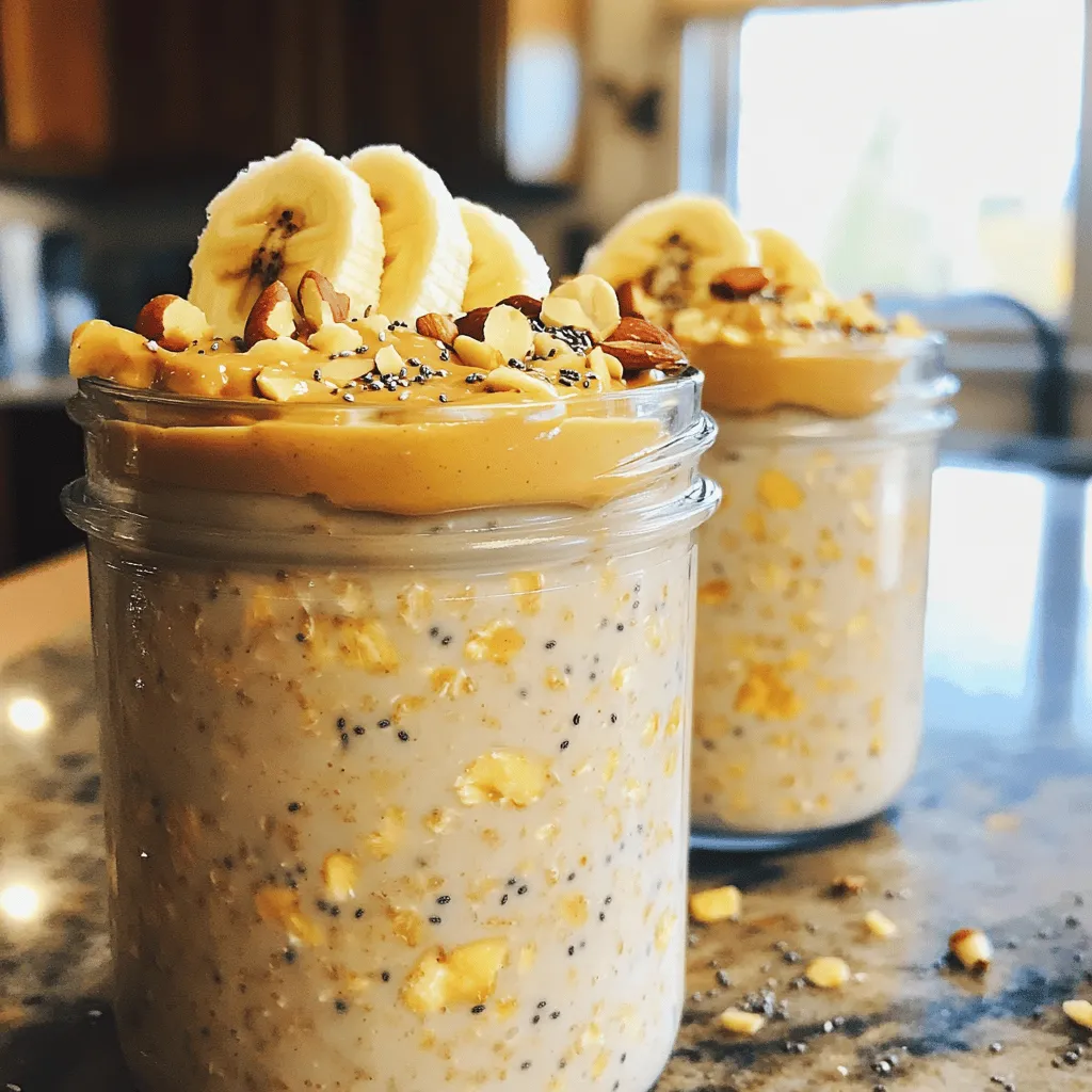To make High-Protein Peanut Butter Banana Overnight Oats, you'll need a few simple ingredients. Here’s the list: - 1 cup rolled oats - 2 cups unsweetened almond milk (or milk of choice) - 2 tablespoons natural peanut butter - 1 ripe banana, mashed - 1 tablespoon chia seeds - 1 scoop protein powder (vanilla or unflavored) - 1 tablespoon honey or maple syrup (optional) - 1/2 teaspoon cinnamon - Toppings: sliced bananas, chopped nuts, and a sprinkle of chia seeds These ingredients blend well to create a creamy, tasty breakfast. The rolled oats provide fiber. Almond milk keeps it light. Peanut butter adds healthy fats. Banana gives natural sweetness. Chia seeds boost protein and fiber. Protein powder gives extra energy. Honey or maple syrup can sweeten it more. Cinnamon adds warmth and spice. Feel free to mix and match toppings. Sliced bananas and nuts add crunch. Chia seeds on top give a nice finish. With these ingredients, you can make a healthy meal that keeps you full and satisfied. - In a large mixing bowl, combine: - 1 cup rolled oats - 2 cups unsweetened almond milk (or milk of choice) - 2 tablespoons natural peanut butter - 1 ripe banana, mashed - 1 tablespoon chia seeds - 1 scoop protein powder (vanilla or unflavored) - 1 tablespoon honey or maple syrup (optional) - 1/2 teaspoon cinnamon - Mix until well-combined and the peanut butter spreads evenly. - Divide this yummy mixture into jars or airtight containers. - Seal jars tightly. - Refrigerate them overnight or for at least 4 hours. This helps the oats soak up the liquid. - When you wake up, stir the mixture well. - If it seems too thick, add a splash of milk for your desired smoothness. - Top each serving with: - Fresh banana slices - A sprinkle of chopped nuts for some crunch - A little extra chia seeds if you like. To get the best texture for your overnight oats, you may need to adjust a few things. - Adding milk to thin the mixture: If your oats seem too thick after chilling, add a splash of milk. Stir well to mix it in. This small step can make a big difference. - Adjusting overnight soaking time: Soaking the oats longer can help them soften more. Aim for at least 4 hours, but overnight works best for a creamy texture. Adding flavor can take your oats to the next level. - Using flavored protein powder: Try flavored protein powder for an extra kick. Vanilla or chocolate can add sweetness without extra sugar. - Experimenting with additional spices: Don’t stop at cinnamon! Consider nutmeg or cardamom for a unique twist. A pinch can change the whole taste. Proper storage keeps your oats fresh and tasty. - Best practices for storing overnight oats: Use airtight containers or jars. This helps keep your oats from drying out and ensures maximum freshness. - Recommended jar types for freshness: Glass jars work well. They seal tightly and are easy to clean. Plus, they look nice in your fridge! {{image_2}} You can boost your overnight oats by adding Greek yogurt or cottage cheese. These options add creaminess and a protein punch. A half cup of Greek yogurt or cottage cheese blends in nicely. You will get more protein and a thicker texture. This makes your breakfast even more filling. Try swapping peanut butter for almond or sunflower seed butter. Both options add a nutty taste. Almond butter gives a sweet, rich flavor. Sunflower seed butter offers a unique twist and is nut-free. Another fun idea is adding cocoa powder for a chocolate twist. Just a tablespoon can transform your oats into a chocolate delight. It also pairs well with banana and peanut butter. You can switch up your fruit toppings, too. Berries, apples, or diced peaches make great alternatives. Each fruit brings a different taste and color. For a crunchy finish, add granola or coconut flakes. These toppings add texture and make your oats more exciting. Enjoy mixing and matching these variations to keep breakfast fun! Each serving of High-Protein Peanut Butter Banana Overnight Oats packs a nutritious punch. You get about: - Calories: 400 - Protein: 20 grams - Carbohydrates: 50 grams - Fats: 15 grams This balance helps fuel your day. The protein comes mainly from the peanut butter and protein powder. The oats provide healthy carbs, while the fats support satiety. Oats offer many benefits. They are high in fiber, which keeps you full. They help with digestion and can lower cholesterol. Chia seeds add omega-3 fatty acids and more fiber. Peanut butter gives you healthy fats and protein. Eating protein at breakfast is key. It helps build muscle and keeps your energy levels steady. This meal can keep you satisfied until lunch. If you are gluten-free, choose certified gluten-free oats. You can also swap in nut-free options. For nut allergies, use sun butter or soy nut butter. These options keep the recipe safe and delicious. Enjoy your oats without worry! Yes, you can skip chia seeds. They help thicken the oats. If you want a substitute, try ground flaxseed. It offers a similar texture and adds fiber. You can also use an extra tablespoon of peanut butter or yogurt for thickness. You can store overnight oats for up to five days in the fridge. Make sure to keep them in airtight containers. This helps maintain freshness. The oats will soften and absorb flavors as they sit. Absolutely! This recipe is perfect for meal prep. You can make several jars at once. Just store them in the fridge. They stay tasty for days. This makes mornings easy and quick for a healthy breakfast. You can use quick oats, but the texture changes. Quick oats soak up liquid faster. They may turn mushy if soaked too long. If you prefer a chewier texture, stick to rolled oats. These overnight oats provide a simple, nutritious meal. We covered essential ingredients, easy steps, and tips for success. Remember, you can mix flavors and toppings to personalize your oats. These oats suit many diets and are great for meal prep. Enjoy experimenting to find your perfect mix. Now get started on your tasty, healthy breakfast!