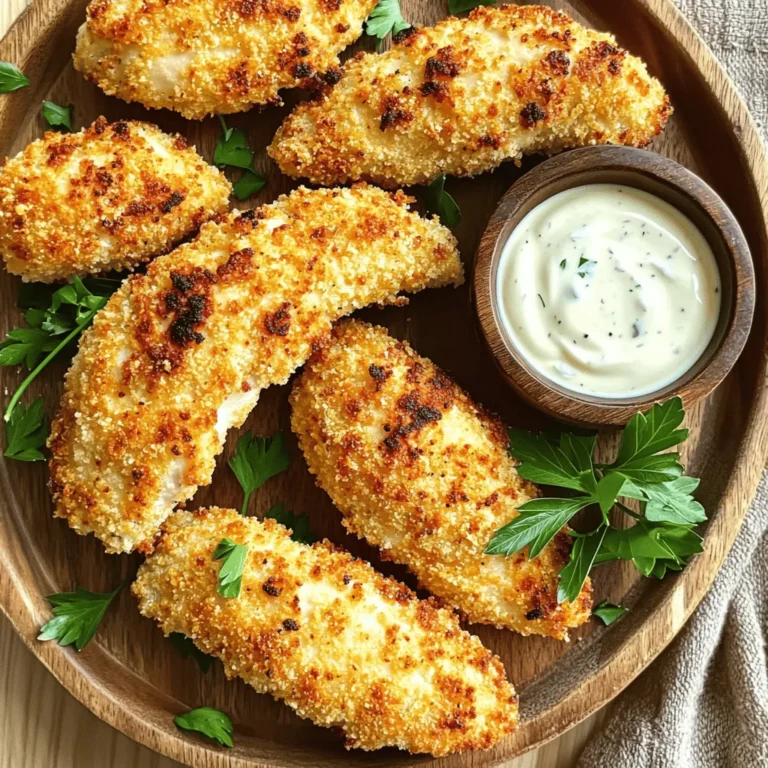 - 1 lb chicken tenders - 1/2 cup buttermilk - 1 packet ranch seasoning mix - 1 cup breadcrumbs (Panko for extra crunch) - 1/2 teaspoon garlic powder - 1/2 teaspoon onion powder - 1/4 teaspoon paprika - Salt and pepper to taste - Cooking spray The ingredients for Air Fryer Ranch Chicken Tenders are simple but full of flavor. First, you need chicken tenders, about 1 pound. Look for fresh or thawed chicken for the best taste. Next, grab a 1/2 cup of buttermilk. This will help make the chicken tender and add creaminess. The ranch seasoning mix is crucial. One packet gives a burst of flavor that everyone loves. For the crunch, use 1 cup of breadcrumbs. I recommend Panko breadcrumbs. They create a crispier texture that you will enjoy. To spice things up, gather a few seasonings. You will need 1/2 teaspoon of garlic powder and 1/2 teaspoon of onion powder. Add a 1/4 teaspoon of paprika for a hint of warmth. Finally, season with salt and pepper to taste. Don't forget cooking spray! It helps prevent sticking and adds to the crispiness of the chicken. With these ingredients, you're ready to make a dish that is both tasty and satisfying. Feel free to experiment with different spices or herbs. Cooking should be fun and creative! To make the best Air Fryer Ranch Chicken Tenders, start with the marination. In a large bowl, mix 1/2 cup of buttermilk with 1 packet of ranch seasoning. Stir until blended. Next, add 1 lb of chicken tenders to the bowl. Make sure they are fully coated in the mixture. Cover the bowl and place it in the fridge for at least 30 minutes. For more flavor, marinate for up to 2 hours. While the chicken is marinating, prepare the breadcrumb mix. In a shallow dish, combine 1 cup of breadcrumbs, 1/2 teaspoon of garlic powder, 1/2 teaspoon of onion powder, and 1/4 teaspoon of paprika. Add salt and pepper to taste. Mix this well so the spices are evenly spread. Now, let’s get the air fryer ready. Preheat your air fryer to 400°F (200°C). This step is key for a crispy texture. While it heats, prepare the air fryer basket. Lightly spray it with cooking spray. This will help prevent sticking and enhance crispiness. After marinating, take each chicken tender from the buttermilk mixture. Allow excess liquid to drip off. Then, dredge the tender in the breadcrumb mix. Press gently so the crumbs stick well. Place the coated tenders in the air fryer basket in a single layer. Make sure they do not overlap. For extra crispiness, spray the tops of the tenders with cooking spray. Cook them in the air fryer for about 10 to 12 minutes. Flip them halfway through to ensure even cooking. The chicken is done when it is golden brown and has an internal temperature of 165°F (74°C). After cooking, let them cool for a few minutes before serving. To get the best taste from your Air Fryer Ranch Chicken Tenders, marinate them in the buttermilk mixture for at least 30 minutes. If you have extra time, try marinating for up to 2 hours. This helps the chicken soak up all the ranch flavor. You can also adjust the seasoning by adding more ranch mix or spices to the buttermilk. This way, you can make the flavor suit your taste. Crispiness is key to great chicken tenders. Use cooking spray generously. Spray the air fryer basket lightly before adding the chicken. After coating the tenders in breadcrumbs, spray the tops of the tenders again. For the breadcrumbs, Panko is your best choice. It gives an extra crunch that makes your chicken tenders even better. When serving your chicken tenders, pair them with ranch dressing for dipping. It enhances the ranch flavor and makes each bite better. For sides, think about fresh veggies or a light salad. It balances the meal. To make your dish look nice, garnish the chicken tenders with fresh herbs or parsley. A little color always makes food more inviting! {{image_2}} You can spice up your chicken tenders in a few fun ways. Adding cayenne pepper gives a nice kick. If you want a warm flavor, use cumin. You can also try different seasoning mixes, like taco or Italian blends. Each mix brings a new taste. Experiment to find your favorite. Sometimes, you may not have buttermilk. You can use plain yogurt instead. Mix it with a bit of water to thin it out. If you need a gluten-free option, try crushed rice crackers or gluten-free breadcrumbs. They work just as well and keep the crunch. If you don't have an air fryer, you can bake the chicken tenders. Preheat your oven to 425°F (220°C). Place the tenders on a baking sheet lined with parchment paper and spray with cooking spray. Bake for 15-20 minutes or until golden brown. For a classic taste, you can also fry them in oil. Heat enough oil in a pan. Fry the tenders for a few minutes on each side until they are crispy and cooked through. Enjoy finding the method that works best for you! After enjoying your Air Fryer Ranch Chicken Tenders, let them cool down. Proper cooling helps keep them safe to eat later. Place the tenders in an airtight container. This helps prevent moisture loss and keeps them fresh. You can store them in the fridge for up to three days. If you want them to last longer, consider freezing. When you’re ready to enjoy your leftovers, reheating them can be tricky. To keep the tenders crispy, use your air fryer. Set it to 350°F (175°C) and heat for about five minutes. This helps restore their crunch. You can also use an oven. Just place them on a baking sheet and heat until warm. Avoid using the microwave, as it can make them soft and chewy. Freezing chicken tenders is easy when you follow a few steps. First, let the cooked tenders cool completely. Next, place them in a single layer on a baking sheet. Freeze for about one hour. This helps keep them from sticking together. After they freeze, you can transfer them to a freezer bag. Make sure to remove as much air as possible. You can freeze them for up to three months. When you're ready to eat, just reheat straight from the freezer! You should marinate the chicken for at least 30 minutes. This time helps the chicken soak up the flavor. For even better taste, you can marinate it for up to 2 hours. The longer it sits, the more flavorful it becomes. Yes, you can use frozen chicken tenders. However, you need to thaw them first. Place frozen tenders in the fridge overnight. If you're short on time, you can use a microwave. Make sure they are fully thawed before marinating. This ensures they absorb the buttermilk and ranch flavor well. The ideal cooking temperature for chicken tenders is 400°F (200°C). This high heat helps them cook evenly and get crispy. Always check the internal temperature. It should reach 165°F (74°C) for safe eating. Use a meat thermometer to make sure they are cooked through. In this post, we explored how to make tasty chicken tenders using simple ingredients. We covered marinating, coating, and cooking to ensure flavor and crispiness. Remember, the right seasonings and cooking methods can make a big difference. You can also play with flavors and cooking alternatives to suit your taste. Follow these tips, and you'll enjoy delicious chicken tenders every time. Enjoy the cooking, and share your tasty results!