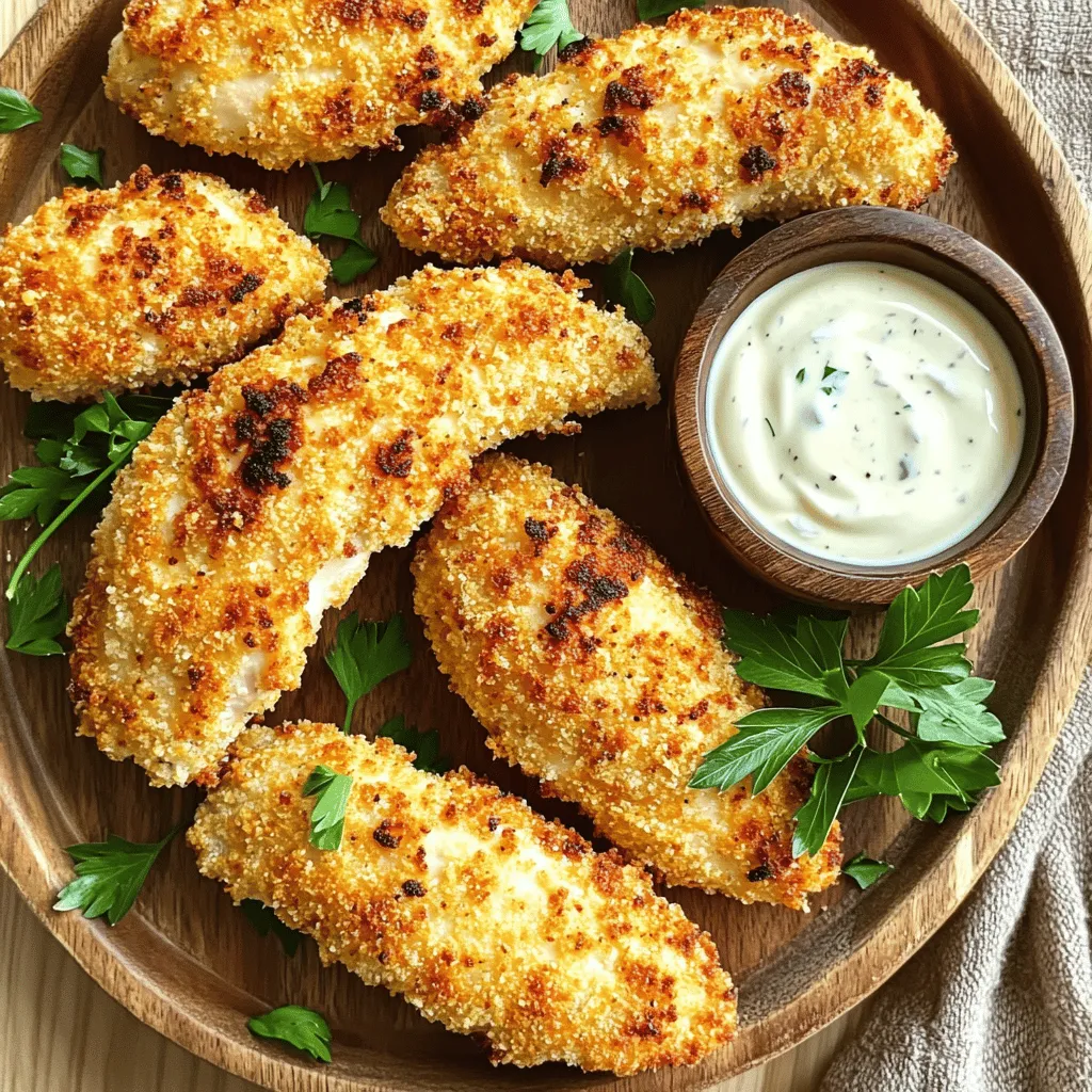 - 1 lb chicken tenders - 1/2 cup buttermilk - 1 packet ranch seasoning mix - 1 cup breadcrumbs (Panko for extra crunch) - 1/2 teaspoon garlic powder - 1/2 teaspoon onion powder - 1/4 teaspoon paprika - Salt and pepper to taste - Cooking spray The ingredients for Air Fryer Ranch Chicken Tenders are simple but full of flavor. First, you need chicken tenders, about 1 pound. Look for fresh or thawed chicken for the best taste. Next, grab a 1/2 cup of buttermilk. This will help make the chicken tender and add creaminess. The ranch seasoning mix is crucial. One packet gives a burst of flavor that everyone loves. For the crunch, use 1 cup of breadcrumbs. I recommend Panko breadcrumbs. They create a crispier texture that you will enjoy. To spice things up, gather a few seasonings. You will need 1/2 teaspoon of garlic powder and 1/2 teaspoon of onion powder. Add a 1/4 teaspoon of paprika for a hint of warmth. Finally, season with salt and pepper to taste. Don't forget cooking spray! It helps prevent sticking and adds to the crispiness of the chicken. With these ingredients, you're ready to make a dish that is both tasty and satisfying. Feel free to experiment with different spices or herbs. Cooking should be fun and creative! To make the best Air Fryer Ranch Chicken Tenders, start with the marination. In a large bowl, mix 1/2 cup of buttermilk with 1 packet of ranch seasoning. Stir until blended. Next, add 1 lb of chicken tenders to the bowl. Make sure they are fully coated in the mixture. Cover the bowl and place it in the fridge for at least 30 minutes. For more flavor, marinate for up to 2 hours. While the chicken is marinating, prepare the breadcrumb mix. In a shallow dish, combine 1 cup of breadcrumbs, 1/2 teaspoon of garlic powder, 1/2 teaspoon of onion powder, and 1/4 teaspoon of paprika. Add salt and pepper to taste. Mix this well so the spices are evenly spread. Now, let’s get the air fryer ready. Preheat your air fryer to 400°F (200°C). This step is key for a crispy texture. While it heats, prepare the air fryer basket. Lightly spray it with cooking spray. This will help prevent sticking and enhance crispiness. After marinating, take each chicken tender from the buttermilk mixture. Allow excess liquid to drip off. Then, dredge the tender in the breadcrumb mix. Press gently so the crumbs stick well. Place the coated tenders in the air fryer basket in a single layer. Make sure they do not overlap. For extra crispiness, spray the tops of the tenders with cooking spray. Cook them in the air fryer for about 10 to 12 minutes. Flip them halfway through to ensure even cooking. The chicken is done when it is golden brown and has an internal temperature of 165°F (74°C). After cooking, let them cool for a few minutes before serving. To get the best taste from your Air Fryer Ranch Chicken Tenders, marinate them in the buttermilk mixture for at least 30 minutes. If you have extra time, try marinating for up to 2 hours. This helps the chicken soak up all the ranch flavor. You can also adjust the seasoning by adding more ranch mix or spices to the buttermilk. This way, you can make the flavor suit your taste. Crispiness is key to great chicken tenders. Use cooking spray generously. Spray the air fryer basket lightly before adding the chicken. After coating the tenders in breadcrumbs, spray the tops of the tenders again. For the breadcrumbs, Panko is your best choice. It gives an extra crunch that makes your chicken tenders even better. When serving your chicken tenders, pair them with ranch dressing for dipping. It enhances the ranch flavor and makes each bite better. For sides, think about fresh veggies or a light salad. It balances the meal. To make your dish look nice, garnish the chicken tenders with fresh herbs or parsley. A little color always makes food more inviting! {{image_2}} You can spice up your chicken tenders in a few fun ways. Adding cayenne pepper gives a nice kick. If you want a warm flavor, use cumin. You can also try different seasoning mixes, like taco or Italian blends. Each mix brings a new taste. Experiment to find your favorite. Sometimes, you may not have buttermilk. You can use plain yogurt instead. Mix it with a bit of water to thin it out. If you need a gluten-free option, try crushed rice crackers or gluten-free breadcrumbs. They work just as well and keep the crunch. If you don't have an air fryer, you can bake the chicken tenders. Preheat your oven to 425°F (220°C). Place the tenders on a baking sheet lined with parchment paper and spray with cooking spray. Bake for 15-20 minutes or until golden brown. For a classic taste, you can also fry them in oil. Heat enough oil in a pan. Fry the tenders for a few minutes on each side until they are crispy and cooked through. Enjoy finding the method that works best for you! After enjoying your Air Fryer Ranch Chicken Tenders, let them cool down. Proper cooling helps keep them safe to eat later. Place the tenders in an airtight container. This helps prevent moisture loss and keeps them fresh. You can store them in the fridge for up to three days. If you want them to last longer, consider freezing. When you’re ready to enjoy your leftovers, reheating them can be tricky. To keep the tenders crispy, use your air fryer. Set it to 350°F (175°C) and heat for about five minutes. This helps restore their crunch. You can also use an oven. Just place them on a baking sheet and heat until warm. Avoid using the microwave, as it can make them soft and chewy. Freezing chicken tenders is easy when you follow a few steps. First, let the cooked tenders cool completely. Next, place them in a single layer on a baking sheet. Freeze for about one hour. This helps keep them from sticking together. After they freeze, you can transfer them to a freezer bag. Make sure to remove as much air as possible. You can freeze them for up to three months. When you're ready to eat, just reheat straight from the freezer! You should marinate the chicken for at least 30 minutes. This time helps the chicken soak up the flavor. For even better taste, you can marinate it for up to 2 hours. The longer it sits, the more flavorful it becomes. Yes, you can use frozen chicken tenders. However, you need to thaw them first. Place frozen tenders in the fridge overnight. If you're short on time, you can use a microwave. Make sure they are fully thawed before marinating. This ensures they absorb the buttermilk and ranch flavor well. The ideal cooking temperature for chicken tenders is 400°F (200°C). This high heat helps them cook evenly and get crispy. Always check the internal temperature. It should reach 165°F (74°C) for safe eating. Use a meat thermometer to make sure they are cooked through. In this post, we explored how to make tasty chicken tenders using simple ingredients. We covered marinating, coating, and cooking to ensure flavor and crispiness. Remember, the right seasonings and cooking methods can make a big difference. You can also play with flavors and cooking alternatives to suit your taste. Follow these tips, and you'll enjoy delicious chicken tenders every time. Enjoy the cooking, and share your tasty results!