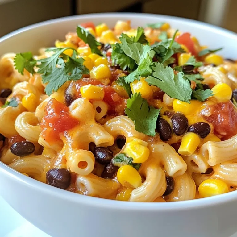 - 1 lb (450g) ground beef or turkey - 1 cup elbow macaroni - 1 can (15 oz) diced tomatoes with green chilies, undrained - 1 packet taco seasoning - 1 small onion, diced - 2 cloves garlic, minced - 1 can (15 oz) black beans, rinsed and drained - 1 cup corn, frozen or canned - 1 cup shredded cheddar cheese Gather these ingredients for a tasty meal. Start with ground beef or turkey. This gives your dish a hearty base. Next, elbow macaroni adds a nice texture. The diced tomatoes with green chilies bring a spicy kick. For flavor, taco seasoning is a must. It gives the dish its signature taste. The onion and garlic build a strong, aromatic base. They add depth and warmth to each bite. If you want to boost nutrition, add black beans. They offer protein and fiber. Corn adds sweetness and color. Finally, shredded cheddar cheese makes it creamy and rich. It melts beautifully over the dish. With these ingredients, you are set to create a fun, one-pot meal. Each item plays a key role in delivering flavor and satisfaction. Enjoy the process of making this easy dinner dish! {{ingredient_image_1}} - First, heat 1 tablespoon of olive oil in a large pot over medium heat. - Next, add 1 small diced onion and 2 minced garlic cloves. Sauté until fragrant, about 3-4 minutes. - Then, add 1 pound of ground beef or turkey to the pot. Cook it until browned, about 5-6 minutes. Drain any excess fat if needed. - Now stir in 1 packet of taco seasoning. Mix it well to coat the meat. - Pour in 3 cups of chicken or vegetable broth. Add 1 cup of elbow macaroni. - Stir in 1 can of diced tomatoes with green chilies, undrained, 1 can of rinsed black beans, and 1 cup of corn. - Bring the mixture to a boil, then reduce the heat to a simmer. Cover the pot and let it simmer for 10-12 minutes, stirring occasionally. - Once the pasta is tender, remove the pot from heat. Stir in 1 cup of shredded cheddar cheese until it melts. - Finally, season with salt and pepper to taste. Adjust as needed. - To serve, ladle the One-Pot Taco Mac into bowls. - For a fresh touch, garnish with chopped cilantro on top. This adds color and flavor. To make your One-Pot Taco Mac extra creamy, add more cheese. Stir in a bit more shredded cheddar at the end for a rich taste. You can also use cream cheese for a different texture. This makes every bite smooth and tasty. Adjusting the spice level is easy. For mild flavor, use less taco seasoning. If you love heat, add chopped jalapeños or hot sauce. You can even mix in a pinch of cayenne pepper for a spicy kick. Using a large pot or Dutch oven works best for this dish. A pot with a heavy bottom helps cook evenly. A wooden spoon is great for stirring and mixing. Avoid metal utensils, as they can scratch your pot. You can also use a slow cooker. Just brown the meat first, then add the rest of the ingredients. Cook on low for 6-8 hours. This method lets the flavors blend nicely, too. Meal prep can cut down your cooking time. Dice the onion and garlic ahead of time. You can also measure out the taco seasoning. Store them in containers for quick access. Make-ahead options are perfect for busy days. You can cook the dish and then refrigerate it. Just reheat when you're ready to eat. It tastes great even after a day in the fridge! Pro Tips Use Lean Meat: Opt for lean ground beef or turkey to reduce fat content and make the dish a bit healthier. Customize the Heat: Adjust the spice level by choosing a mild or spicy taco seasoning according to your preference. Add Fresh Veggies: Enhance the nutritional value by adding bell peppers, zucchini, or spinach to the mix. Store Leftovers Properly: Store any leftovers in an airtight container in the fridge for up to 3 days, or freeze for longer storage. {{image_2}} For a vegetarian or vegan version of One-Pot Taco Mac, swap the meat. Use lentils or chopped mushrooms instead. These options add great texture and flavor. You can also use vegetable broth to keep it plant-based. If you're looking for gluten-free options, choose gluten-free elbow macaroni. Many brands offer this now. Also, double-check your taco seasoning for gluten-free ingredients. To add a Southwestern flair, mix in some diced bell peppers or jalapeños. These will bring a nice kick to your dish. You can also try using different cheese types. Pepper jack cheese gives it a spicy twist. For a milder taste, stick with mozzarella or Monterey Jack. For taco-style toppings, serve your One-Pot Taco Mac with sour cream, diced avocados, or sliced olives. Fresh salsa also works great. You can make it a casserole too! After cooking, transfer the mix to a baking dish. Top with extra cheese and bake until bubbly. This adds a crunchy topping and makes it even more delicious. After enjoying your One-Pot Taco Mac, let it cool down to room temperature. Place leftovers in an airtight container. This keeps it fresh and tasty. Store it in the fridge for up to three days. When you’re ready to eat it again, heat it in a pot over medium heat. Stir it often to keep it from sticking. You can also use the microwave. Just cover it and heat it in short bursts until hot. If you want to save some for later, freezing is a great option. Allow the dish to cool completely. Then, scoop it into freezer-safe containers. Leave some space at the top because it will expand. You can freeze it for up to three months. When you’re ready to eat, move it to the fridge to thaw overnight. For fast reheating, you can also microwave it straight from the freezer. Just add a splash of broth to keep it moist. In the fridge, your One-Pot Taco Mac will stay good for about three days. If you see any mold or a strange smell, it is best to throw it away. If it looks dry or hard, that means it has gone bad. Trust your senses. Always check before eating leftovers. How to make it spicier? You can add more heat by using extra taco seasoning. Try adding diced jalapeños or crushed red pepper flakes. If you want a smoky flavor, consider adding chipotle peppers in adobo sauce. Can I use different pastas? Yes, you can use other types of pasta. Shells, penne, or even rotini work well. Just keep an eye on the cooking time, as it might change based on the pasta shape. Pasta too mushy? If your pasta turns mushy, you might have overcooked it. Next time, reduce the simmering time. Stir occasionally to help the pasta cook evenly and keep an eye on it. How to fix a bland dish? To fix a bland taco mac, add a bit more taco seasoning. Fresh lime juice or hot sauce can also boost flavor. Taste and adjust the seasoning until it’s just right for you. Caloric content per serving Each serving of One-Pot Taco Mac has about 400 to 450 calories. This can vary based on your meat choice and cheese used. Healthier ingredient options You can swap ground beef for lean turkey or chicken. Use whole wheat pasta for extra fiber. Adding more veggies, like bell peppers or zucchini, can also boost nutrition. This article covered how to make a tasty one-pot taco mac. We discussed the key ingredients like ground beef, elbow macaroni, and diced tomatoes. I shared steps for cooking, tips for flavor, and ideas for variations. You learned about storage and answered common questions too. Remember, cooking is fun, and you can customize this dish to fit your taste. Enjoy your cooking journey and try new combinations to make it your own.