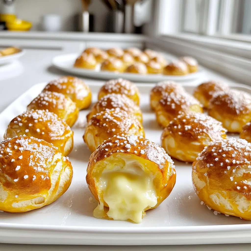 - 1 ½ cups warm water - 1 packet (2 ¼ tsp) active dry yeast - 1 tablespoon granulated sugar These three items kick off your pretzel bite journey. The warm water wakes up the yeast. The yeast helps the dough rise. The sugar feeds the yeast and adds a hint of sweetness. - 4 cups all-purpose flour - 1 teaspoon salt - ¼ cup unsalted butter, melted The flour is your base for the dough. It gives it structure. Salt adds flavor, while melted butter makes it rich and tasty. - 1 cup shredded cheese (cheddar or mozzarella) - Optional additions: pepperoni, jalapeños, sausage Cheese is the star of the filling. Cheddar or mozzarella both work great. You can add pepperoni for spice or jalapeños for heat. Sausage bits bring a savory touch. Mix and match to suit your taste! To start, you need to make the dough. In a large bowl, combine 1 ½ cups of warm water, 1 packet of active dry yeast, and 1 tablespoon of granulated sugar. Stir gently. Let it sit for about 5 minutes. You want it to get frothy. This means the yeast is alive and ready to work. Next, add 4 cups of all-purpose flour, 1 teaspoon of salt, and ¼ cup of melted unsalted butter to the yeast mixture. Mix this together until a dough forms. You will need to knead the dough on a floured surface for about 5 minutes. The dough should feel smooth and elastic. Now, it’s time for the dough to rise. Place the dough in a greased bowl. Cover it with a kitchen towel. Let it rise in a warm place for about 1 hour. You want it to double in size. This step is key for light and fluffy pretzel bites. Once the dough has risen, punch it down to release the air. Divide the dough into 12 equal pieces. Flatten each piece with your hands. Place about 1 tablespoon of your chosen filling in the center. You can use cheese, pepperoni, or jalapeños. Fold the edges of the dough over the filling. Pinch it tight to seal it. Roll each piece into a ball to shape the bites. Prepare the baking soda bath next. In a small bowl, dissolve 1 teaspoon of baking soda in 4 cups of water. This step is important for that classic pretzel taste. Quickly dip each pretzel bite in the baking soda solution for about 10 seconds. Make sure to drain any excess water after dipping. Preheat your air fryer to 350°F (175°C). It’s important to get it hot before cooking. Brush each pretzel bite with a beaten egg. Sprinkle coarse sea salt on top. Arrange the bites in a single layer in the air fryer basket. Make sure they are not touching. Air fry for 8-10 minutes. Keep an eye on them until they turn golden brown and puffed. Remove them from the air fryer and let them cool for a few minutes. Enjoy them with your favorite dipping sauce! To make great pretzel bites, you need to knead the dough well. Knead for about 5 minutes. This helps develop the gluten. Gluten gives the dough its chewy texture. Give the dough enough time to rise. Let it sit for about 1 hour. This allows the dough to double in size. A good rise makes the bites fluffy and light. You can spice up your pretzel bites easily. Try adding garlic powder or onion powder to the dough. This will give a nice flavor base. For fillings, shredded cheese is a must. Cheddar and mozzarella are great choices. You can also add some fun extras like pepperoni or jalapeños. These add a nice kick to each bite! If your dough is too sticky, don't worry. Sprinkle a little flour on your hands and the surface. This will help you manage the dough better. If your pretzel bites are undercooked, check your air fryer temp. Make sure it's preheated to 350°F. You can also air fry them for a couple more minutes. They should be golden brown when done. {{image_2}} You can use many types of cheese for these pretzel bites. Cheddar gives a sharp flavor. Mozzarella melts well, making a gooey center. You can also mix cheeses for a unique taste. Try adding cream cheese for a rich filling. Experiment with pepper jack for some heat. The cheese blends can change the whole bite. You can make your pretzel bites even better with herbs and spices. Adding garlic powder gives a nice kick. Italian herbs like basil and oregano add great flavor. You can also sprinkle some onion powder for depth. If you like spicy, consider using crushed red pepper. These additions make each bite exciting and tasty. Sweet fillings can turn your pretzel bites into a treat! Try chocolate chips for a melty surprise inside. Cinnamon sugar is another great option for a sweet coating. You can even add fruit jams for a fruity twist. Consider using peanut butter for a nutty flavor. These sweet options make perfect snacks or desserts. To keep your cooked pretzel bites fresh, place them in an airtight container. They stay good for about 2-3 days in the fridge. If you want to keep them longer, consider freezing them. Just make sure they are cool before you store them, so they won’t get soggy. The best way to reheat your pretzel bites is in the air fryer. Set it to 350°F (175°C). Place the bites in the basket and heat for about 3-5 minutes. This will make them crispy again. You can also use the oven, but the air fryer is quicker and keeps them tasty. You can freeze both unbaked and baked pretzel bites. To freeze unbaked bites, place them on a tray and freeze for about an hour. Once they are firm, transfer them to a freezer bag. For baked bites, let them cool completely first. Then, store them in an airtight container or freezer bag. They will keep for about a month. When you're ready to eat, just thaw them in the fridge and reheat as needed. You can tell when your pretzel bites are done by looking for a golden-brown color. They should puff up nicely and feel firm to the touch. If you tap one gently, it should sound hollow. This means the inside is cooked perfectly, and the outside has that classic pretzel crunch. Yes, you can use instant yeast instead of active dry yeast. Just remember that you don’t need to dissolve instant yeast in water first. Mix it directly with your flour. This can save you a few steps and time. Use the same amount, about 2 ¼ teaspoons for this recipe. Pretzel bites taste great with different sauces. Here are a few popular options: - Mustard: A classic choice that adds a nice tang. - Cheese sauce: Creamy and cheesy, it’s hard to resist. - Marinara sauce: Adds a tasty twist for those who love pizza flavors. - Ranch dressing: Perfect for those who enjoy a cool dip. Feel free to try different sauces to find your favorite! Making pretzel bites is fun and rewarding. You learned about key ingredients like warm water, yeast, and flour. We covered step-by-step instructions, from mixing the dough to air frying the bites. Tips helped refine your texture and flavors. You can even explore variations like sweet or savory options. Finally, we discussed storage and reheating for leftovers. Now, it's time to create your own delicious pretzel bites. Enjoy experimenting with fillings and flavors. You’ll impress your friends and family with your tasty treats!