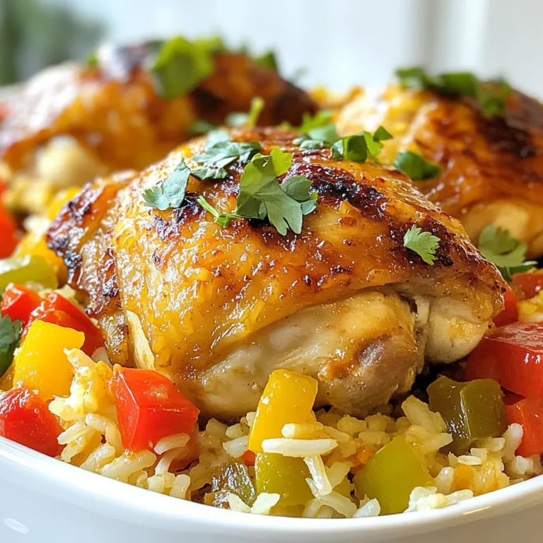 - 4 boneless, skinless chicken thighs - 1 cup long-grain rice - 1 can coconut milk - 1 cup chicken broth - 1 red bell pepper, diced - 1 green bell pepper, diced - 1 small onion, finely chopped - 2 cloves garlic, minced - 1 tablespoon curry powder - 1 teaspoon allspice - Olive oil, salt, and pepper to taste - Fresh cilantro for garnish In this dish, the chicken thighs are the star. They stay juicy and tender as they cook. The long-grain rice absorbs all the rich flavors. Coconut milk adds creaminess, while chicken broth gives depth. The colorful bell peppers bring crunch and sweetness. Onion and garlic add aroma and taste. Together, they create a fragrant base. For spices, curry powder adds warmth and earthiness. Allspice introduces a hint of sweetness. Use olive oil for sautéing, and season with salt and pepper to enhance flavor. Don’t forget the fresh cilantro! It adds a burst of freshness as a garnish. This blend of ingredients makes Caribbean Chicken and Rice a comforting and vibrant meal. {{ingredient_image_1}} To start, you need to season the chicken thighs. Use salt, pepper, curry powder, and allspice. Rub the spices all over the chicken to ensure each bite is full of flavor. Next, heat a large skillet over medium heat and add olive oil. Once the oil is hot, add the seasoned chicken thighs. Brown the chicken for about 5 minutes on each side. This step adds deep flavor and color. Once browned, remove the chicken from the skillet and set it aside. In the same skillet, add chopped onion and minced garlic. Sauté them until the onion becomes soft and clear. This should take around 3-4 minutes. Now, it's time to add the diced red and green bell peppers. Cook these for another 3 minutes until they soften. The colors and smells will brighten your kitchen. After the vegetables are ready, stir in the long-grain rice. Toast the rice for about 2 minutes, stirring often. Toasting helps enhance the rice's flavor and gives it a nice nutty taste. Next, slowly pour in the can of coconut milk and the chicken broth. Stir well to mix everything. Bring this mixture to a gentle simmer. Make sure the rice is evenly spread out in the skillet. Now, return the browned chicken to the skillet, nestling it into the rice. Cover the skillet with a lid and reduce the heat to low. Cook for about 20-25 minutes. This allows the rice to absorb all the flavors and become fluffy. In the last 5 minutes, add frozen peas. Replace the lid to let them warm up. Once everything is cooked, fluff the rice with a fork. Garnish with fresh cilantro for a pop of color. Enjoy your delicious Caribbean chicken and rice! Using fresh herbs makes your dish pop. I love to use cilantro as a garnish. It adds color and a fresh taste. You can also add lime juice for a zesty touch. If you want a kick, try adding hot sauce. A few drops can boost the flavor and heat. Browning the chicken is key for flavor. When you heat the chicken in olive oil, it forms a nice crust. This gives your dish depth and richness. Toasting the rice is another great trick. When you toast it for a few minutes with the veggies, it adds a nutty flavor. It makes the rice even more tasty. If you want to change the protein, chicken is not your only option. You can use shrimp or tofu for a different twist. Each will bring its unique taste. About the rice, long-grain is classic, but you can try jasmine or basmati. Each type will change the dish a bit, but they are still delicious. Pro Tips Marinate for More Flavor: Let the chicken thighs marinate in the spices for at least 30 minutes before cooking to enhance the flavors. Use Fresh Ingredients: Whenever possible, use fresh vegetables and herbs for a more vibrant taste and nutritional value. Fluff the Rice: After cooking, use a fork to fluff the rice gently to separate the grains and prevent clumping. Adjust Coconut Milk: For a creamier dish, you can use more coconut milk and reduce the chicken broth accordingly. {{image_2}} You can make this dish even better with fun additions. Try adding pineapple or mango chunks. This gives a sweet touch that works well with the spices. The fruit’s juice mixes with the rice, making it super tasty. Another great option is black beans. They add fiber and protein. Just drain and rinse a can before mixing them in. This makes your meal more filling and healthy. If you need a gluten-free meal, it’s easy to make. Just check your chicken broth. Many brands are gluten-free. You can also use rice that is certified gluten-free. For a vegetarian version, swap the chicken for tofu. Firm tofu works best. Just press it to remove excess water, then cube it. Cook it the same way as chicken for great flavor. To change the heat level, adjust the curry powder and pepper amounts. If you like it mild, use less. If you want more kick, add more spice. For those who love heat, include Scotch bonnet peppers. These peppers are very spicy. Just add one, finely chopped, to the skillet when cooking the veggies. Be careful with these, as they pack a punch! To keep your Caribbean chicken and rice fresh, follow these tips: - Refrigeration: Place leftovers in an airtight container. Store them in the fridge within two hours of cooking. This helps keep the food safe. - Freezing: If you plan to eat it later, freeze the dish. Use a freezer-safe container. It can last up to three months in the freezer. You have two main options for reheating: microwave or stovetop. - Microwave: Use a microwave-safe dish. Add a splash of water to keep the rice moist. Heat for a few minutes, stirring halfway through. - Stovetop: Use a skillet over low heat. Add a little chicken broth or water. Stir often to maintain the dish's texture and prevent sticking. Your dish will last for a few days in the fridge. - Refrigerator: It stays good for about 3 to 4 days. - Signs of spoilage: Look for off smells, mold, or changes in texture. If you notice these signs, throw it away. Safe eating is key! Yes, you can use white rice. However, long-grain rice gives a fluffy texture. White rice tends to be stickier. This can change how your dish looks and feels. Long-grain rice absorbs flavors better, making every bite tasty. If you choose white rice, adjust the water amount. You might need less liquid since white rice cooks faster. You have many options for sides. Here are a few ideas: - Black beans: They add fiber and flavor. - Fried plantains: Their sweetness pairs well with the dish. - Coleslaw: A crunchy side that adds freshness. - Simple green salad: This lightens the meal and adds color. These sides complement the rich flavors of Caribbean Chicken and Rice. To kick up the heat, try these tips: - Add more curry powder: This can boost the spice level. - Use hot sauce: Just a few drops can make a big difference. - Incorporate fresh peppers: Diced jalapeños or habaneros will add heat. - Try Scotch bonnet peppers: They bring authentic Caribbean spice. Adjust the heat to suit your taste. Enjoy experimenting! This dish brings together simple ingredients and bold flavors for a great meal. You learned how to prepare chicken thighs, rice, and tasty vegetables. We also explored tips for enhancing flavor and possible variations. Remember, you can adjust spices or switch ingredients to fit your taste. Whether you keep it classic or try new twists, enjoy your cooking journey. A delicious meal is just a recipe away!