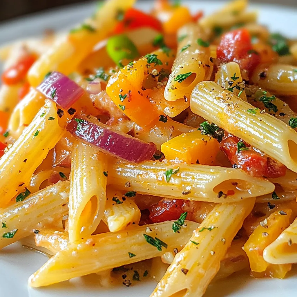 To make Rasta Pasta, you need some key ingredients that create its vibrant taste. Here’s what you’ll need: - 12 oz penne pasta - 1 tablespoon olive oil - 1 red bell pepper, sliced - 1 yellow bell pepper, sliced - 1 green bell pepper, sliced - 1 small red onion, sliced - 3 garlic cloves, minced - 1 teaspoon dried thyme - 1 teaspoon allspice - 1 teaspoon paprika - 1/2 teaspoon cayenne pepper (adjust to taste) - 1 cup heavy cream or coconut milk - 1 cup vegetable or chicken broth - 1/2 cup grated Parmesan cheese (or nutritional yeast for vegan option) - Salt and pepper to taste - Fresh parsley, chopped for garnish These ingredients bring together a mix of colors and flavors that make this dish delightful. You can add a few optional ingredients to enhance the taste even more. Consider these for extra zest: - Red pepper flakes for heat - Fresh thyme leaves for a fragrant touch - Cherry tomatoes for sweetness and color - Spinach or kale for added greens These extras can take your Rasta Pasta to the next level! If you have dietary needs, you can easily swap ingredients. Here are some smart substitutions: - Use gluten-free penne pasta for a gluten-free option. - Replace heavy cream with almond milk or oat milk for a lighter dish. - Use nutritional yeast instead of Parmesan cheese for a vegan choice. - Chicken broth can be replaced with vegetable broth for vegetarian diets. These substitutions ensure everyone can enjoy this tasty meal. {{ingredient_image_1}} To start, boil a large pot of salted water. It should be bubbling hard. Add 12 ounces of penne pasta to the pot. Cook it until it is al dente, about 8 to 10 minutes. Stir it every now and then to prevent sticking. Once ready, drain the pasta in a colander. Set it aside for later. This step is key for a great dish. Grab a large skillet and heat 1 tablespoon of olive oil over medium heat. Add sliced red, yellow, and green bell peppers along with sliced red onion. Sauté these veggies for about 5 to 7 minutes. You want them to soften but not lose their color. Keep an eye on them and stir often. Next, add 3 minced garlic cloves, 1 teaspoon of dried thyme, 1 teaspoon of allspice, 1 teaspoon of paprika, and 1/2 teaspoon of cayenne pepper. Cook for another 1 to 2 minutes. This brings out all the lovely flavors. Now, pour in 1 cup of heavy cream or coconut milk and 1 cup of vegetable or chicken broth. Stir the mixture well. Bring it to a gentle simmer. This step is where the magic happens. Add 1/2 cup of grated Parmesan cheese or nutritional yeast if you want a vegan option. Mix it all together until creamy. Season with salt and pepper to your liking. The sauce should be thick but smooth, coating the pasta just right. To make Rasta Pasta burst with flavor, focus on your spices. Use fresh thyme for a bright taste. Allspice adds a warm, sweet note. Paprika brings a slight smokiness. Adjust cayenne pepper for heat, depending on your taste. For a creamy texture, choose heavy cream or coconut milk. Coconut milk offers a unique twist. Don't forget salt and pepper to enhance all the flavors. Cooking pasta perfectly is key. Always use a large pot with salted water. Bring the water to a full boil before adding the penne. Cook according to the package time, but check it a minute early. It should be firm but tender. Drain the pasta well and do not rinse. This helps the sauce cling better. Garnish adds a nice touch to your dish. Fresh parsley gives color and freshness. You can also add sliced scallions for a bit of crunch. A sprinkle of grated cheese makes it rich and creamy. For a pop of color, consider diced tomatoes or olives. These little touches make your Rasta Pasta stand out on the table. Pro Tips Tip Title: Use Fresh Ingredients: Fresh vegetables enhance the flavor and texture of your Rasta Pasta. Whenever possible, choose ripe, seasonal produce for the best results. Tip Title: Adjust the Spice Level: Customize the heat of your dish by adjusting the cayenne pepper according to your taste. Start with a smaller amount and add more if you like it spicier. Tip Title: Creaminess Factor: For an extra creamy sauce, let the heavy cream simmer a little longer before adding the pasta. This allows the flavors to meld beautifully. Tip Title: Garnish for Flavor: Don't skip the parsley garnish! It adds a fresh, vibrant touch that brightens the dish and enhances the overall presentation. {{image_2}} You can easily make Rasta Pasta vegetarian or vegan. For a vegetarian twist, just skip the meat and use vegetable broth. Replace heavy cream with coconut milk for a vegan option. You can also use nutritional yeast instead of Parmesan cheese. This gives a cheesy flavor without dairy. Add more veggies like spinach or mushrooms for extra nutrients and taste. If you want to add protein, consider chicken, shrimp, or tofu. For chicken, use diced breasts or thighs. Cook them in the skillet before adding veggies. For shrimp, toss them in after the garlic and spices. They cook quickly and add great flavor. For tofu, cube it and sauté until golden. This keeps the dish hearty while still being tasty. Adjusting the spice level can change the dish’s whole vibe. If you like heat, add more cayenne pepper. Start with a small amount and taste as you go. You can also add chili flakes for an extra kick. For milder flavors, reduce the cayenne or skip it entirely. Adding fresh herbs like cilantro or basil can give a fresh twist without heat. To keep your Rasta Pasta fresh, let it cool first. Place it in an airtight container. Store it in the fridge for up to three days. Make sure to label the container with the date. This way, you know when to eat it. When reheating, use a skillet for the best texture. Add a splash of broth or cream. This helps to revive the sauce's creaminess. Heat it over low to medium heat. Stir often to avoid burning. You can also use the microwave. Just heat it in short bursts, stirring between. If you want to freeze Rasta Pasta, do it right after cooking. Let it cool completely. Transfer it to a freezer-safe bag or container. Remove as much air as you can. It will last for up to three months. To thaw, place it in the fridge overnight. Reheat as described above for the best taste. Rasta Pasta is a fun, colorful dish that blends Italian pasta with Jamaican flavors. It features bright bell peppers, creamy sauce, and tasty spices. You cook penne pasta and mix it with sautéed veggies. The dish gets its name from the Rastafarian culture, known for its vibrant colors and rich flavors. The mix of fresh ingredients makes it a great meal for any occasion. Yes, you can. You can use coconut milk instead of heavy cream for a dairy-free option. Coconut milk adds a rich, creamy texture and a hint of sweetness. If you want a lighter dish, you can use vegetable broth only. This keeps the dish light while still being flavorful. You can even use pureed cashews for a creamy feel without dairy. Rasta Pasta is not a traditional dish from Jamaica. It is a fusion meal that combines Italian pasta with Jamaican spices and ingredients. While it uses many Jamaican flavors, it is not found in traditional Jamaican cuisine. Instead, it blends cultures and flavors to create something new and exciting. This dish celebrates culinary creativity and the joy of mixing different flavors. Rasta Pasta is a unique dish that combines bold flavors and vibrant colors. We explored its main and optional ingredients, cooking techniques, and various ways to personalize the dish. Tips for perfecting taste and texture help ensure great results every time. Plus, we discussed storage options for leftovers and answered common questions. In the end, Rasta Pasta is all about creativity and joy in cooking. Try it your way, and enjoy the process!