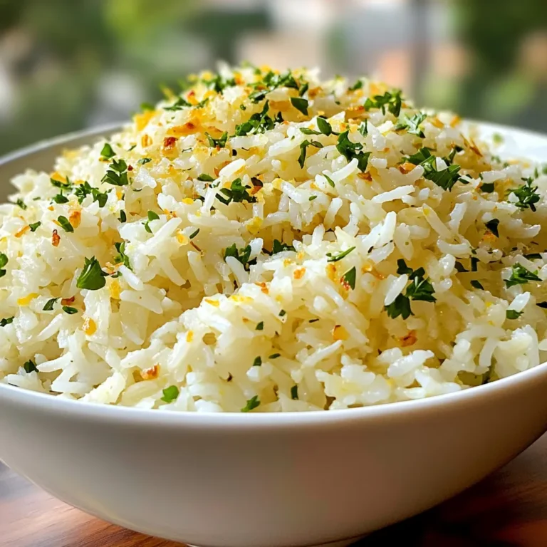 - 1 cup long-grain white rice - 2 cups vegetable or chicken broth - 4 tablespoons unsalted butter - 3 cloves garlic, minced - 1 teaspoon garlic powder - 1 teaspoon onion powder - 1/2 teaspoon paprika - 1/4 teaspoon black pepper - Salt to taste - Optional: Zest of 1 lemon - Optional: 1/4 cup freshly chopped parsley To make garlic butter rice, gather all the ingredients first. You need long-grain white rice for fluffiness. Broth adds flavor and moisture, so choose vegetable or chicken broth as you prefer. Garlic is the star of this dish, so use minced garlic and garlic powder for a strong taste. Onion powder adds depth, while paprika gives a hint of heat. Black pepper adds a warm bite, and salt enhances all the flavors. For an extra touch, consider adding lemon zest. It brightens the dish and adds freshness. Fresh parsley offers a pop of color and flavor. With these ingredients, you are set to create a delightful meal. {{ingredient_image_1}} Rinsing rice is key for fluffiness. This step removes excess starch. When you rinse it, the grains won’t stick together. Simply place the rice in a fine-mesh strainer. Run cold water over it until the water runs clear. This takes just a couple of minutes but makes a big difference. To cook the rice, start by combining the rinsed rice and broth in a medium saucepan. Use either vegetable or chicken broth for great flavor. Bring this mixture to a boil over medium-high heat. Once it bubbles, reduce the heat to low. Cover the pot and let it simmer for about 15-18 minutes. The rice should absorb all the liquid and become tender. While the rice cooks, melt the butter in a small skillet over medium heat. Once melted, add the minced garlic. Sauté it for about 1-2 minutes. You want the garlic to smell great but not turn brown. Next, stir in garlic powder, onion powder, paprika, and black pepper. Cook this mixture for another minute. This step really boosts the flavor. After the rice is done, use a fork to fluff it. This keeps the grains separate. Pour the garlic butter mixture over the rice. Gently fold it in to coat every grain. Taste the rice and add salt if needed. For a bright twist, you can add lemon zest here. Lastly, fold in freshly chopped parsley. This adds a nice color and fresh taste. To cook perfect rice, use the right water-to-rice ratio. For long-grain white rice, use 2 cups of broth for every 1 cup of rice. This ratio helps keep the rice moist and fluffy. Timing is key. Start with medium-high heat to boil the broth and rice. Once boiling, lower the heat to low and cover. Simmer for 15 to 18 minutes. Never lift the lid while cooking. This ensures even cooking and the right texture. You can boost the flavor with herbs and spices. Consider adding thyme, basil, or even a bit of dill. These herbs add depth without overpowering the garlic. For perfect consistency, remember to fold the garlic butter into the rice gently. This way, you coat every grain without breaking it. If you want a little kick, add more black pepper or even some red pepper flakes. For serving, use a large bowl to show off the garlic butter rice. Garnish with fresh parsley and a sprinkle of paprika for color. Pair it with grilled chicken, fish, or roasted vegetables. This creates a balanced meal full of flavor and nutrients. The bright colors of the side dishes will make your plate inviting and appealing. Pro Tips Rinse the Rice: Rinsing the rice not only removes excess starch but also prevents it from becoming gummy, ensuring a fluffy texture. Monitor Garlic: Keep a close eye on the garlic while sautéing; it can go from fragrant to burnt very quickly, affecting the flavor of your dish. Broth Selection: Using homemade or high-quality broth can significantly enhance the flavor of your rice. Adjust the salt accordingly if the broth is salty. Add a Twist: For a refreshing zing, consider adding lemon zest or a squeeze of lemon juice right before serving, elevating the dish's flavor profile. {{image_2}} You can make garlic butter rice even better by adding herbs. Fresh herbs bring a new flavor. Try thyme or basil. Thyme adds a nice earthiness. Basil gives a sweet and fresh taste. Just chop them finely and stir them in at the end. This change makes the dish pop with color and flavor. Adding vegetables to garlic butter rice is easy. You can use peas, carrots, or bell peppers. Chop them small so they cook well. Add them to the rice during the last few minutes of cooking. This method keeps the veggies bright and crunchy. It also adds nutrition and color to your meal. For a unique twist, add lemon to your garlic butter rice. The zest of one lemon can brighten the dish. It adds a tangy flavor that cuts through the richness. Mix the lemon zest into the garlic butter just before combining it with the rice. This small addition makes a big difference, giving your dish a fresh lift. To keep garlic butter rice fresh, let it cool to room temperature. Place the rice in an airtight container. This keeps moisture in and prevents drying out. You can store it in the fridge for up to four days. For longer storage, freeze it in smaller portions. Use freezer-safe bags or containers for best results. When you need to reheat, use the microwave or stovetop. If using a microwave, add a splash of broth or water. This helps keep the rice moist. Heat in short bursts, stirring in between. If using the stovetop, add a bit of water to a pan. Heat over low until warmed through, stirring gently. Garlic butter rice lasts about four days in the fridge. If frozen, it can last for up to three months. To check if it’s still good, look for any change in color or smell. If it smells off or looks strange, it’s best to toss it. Always be safe and enjoy your delicious rice! Yes, you can use brown rice. It has a different cooking time. Brown rice usually takes about 40-45 minutes to cook. Use 2 1/2 cups of broth instead of 2 cups. Rinse the rice just like white rice. This helps remove some starch. Garlic butter rice pairs well with many dishes. Try it with grilled chicken or fish. It also goes great with roasted vegetables. You can serve it alongside a fresh salad for a light meal. For something heartier, add it to a stir-fry or meat dish. Yes, you can make it vegan! Use vegan butter instead of regular butter. For broth, choose vegetable broth. This keeps the flavor but makes it plant-based. You can also add more veggies for extra flavor and nutrients. To avoid mushy rice, rinse it well first. This removes extra starch. Use the right water-to-rice ratio; stick to 2 cups of broth per cup of rice. Let the rice simmer on low heat and avoid lifting the lid while cooking. This keeps the steam in and helps the rice cook evenly. Garlic butter rice is simple, tasty, and full of options. You learned about the key ingredients, the perfect cooking method, and tips to boost flavor. Remember to rinse the rice for fluffiness and mix in fresh herbs for extra taste. You can enjoy it with proteins, vegetables, or alone. Storing leftovers properly helps keep it fresh. Use these tips to create a meal everyone will love. Try the variations to keep things exciting. Enjoy your cooking and the flavors you create!