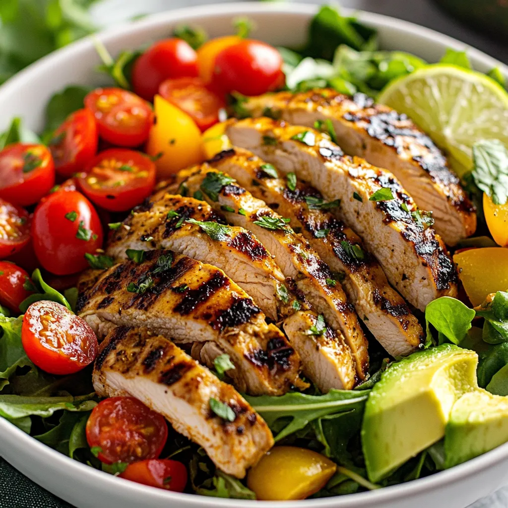 To make a tasty Caribbean jerk chicken salad, you need some key items: - 2 boneless, skinless chicken breasts - 2 tablespoons jerk seasoning - 1 tablespoon olive oil - 4 cups mixed salad greens (arugula, spinach, and romaine) - 1 red bell pepper, sliced - 1 avocado, diced - 1 cup cherry tomatoes, halved - 1/2 red onion, thinly sliced - 1/4 cup fresh cilantro, chopped - Juice of 1 lime - Salt and pepper to taste These ingredients make the salad fresh and colorful. The combination of greens and veggies adds great crunch and flavor. You can enhance the taste of your salad with these additions: - Lime juice gives it a zesty kick. - Fresh cilantro offers a bright, herbal note. - Salt and pepper balance the flavors perfectly. Just a few drops of lime juice can brighten the whole dish. Use fresh cilantro for that extra twist. Feel free to add these if you want more flavor: - Sliced jalapeños for heat. - Crumbled feta cheese for creaminess. - Nuts or seeds for crunch. These options let you customize your salad. Add what you love to make your meal truly yours. {{ingredient_image_1}} To start, take the chicken breasts and place them in a bowl. Rub the jerk seasoning all over the chicken. Make sure every part gets a good coat. Then, drizzle in the olive oil. This helps the spices stick and adds flavor. Cover the bowl with plastic wrap and let it sit. Marinate for at least 30 minutes. If you have time, let it sit for up to 2 hours. The longer it marinates, the more flavor it will have. Now it's time to cook! Heat a grill or a grill pan over medium heat. You want it hot enough to sear but not too hot. Once ready, place the marinated chicken on the grill. Cook for about 6-7 minutes on one side. Flip the chicken and cook for another 6-7 minutes. Use a meat thermometer to check. The chicken should reach 165°F (75°C) inside. When done, take it off the grill and let it rest for 5 minutes. This keeps it juicy. After resting, slice the chicken into strips. Grab a large serving bowl and add the mixed salad greens. I like to use arugula, spinach, and romaine for a mix of flavors. Next, toss in the sliced red bell pepper, diced avocado, halved cherry tomatoes, and thinly sliced red onion. These add color and crunch. Place the sliced jerk chicken on top of the salad mix. For the finishing touch, drizzle fresh lime juice over everything. Sprinkle chopped cilantro, salt, and pepper to taste. Gently toss all the ingredients together. Make sure everything is mixed well. Now, divide the salad onto individual plates. Each serving should have a good amount of chicken and veggies. Enjoy your fresh and flavorful Caribbean Jerk Chicken Salad! Grilling is my favorite way to cook jerk chicken. It adds a nice smoky flavor. You can also use a grill pan if you don’t have an outdoor grill. Cook the chicken on medium heat for even cooking. Ensure it reaches 165°F (75°C) for safe eating. If you prefer, you can bake it in the oven too. Bake at 375°F (190°C) for about 25-30 minutes. Let the chicken rest after cooking. This helps keep it juicy and tender. The key to great jerk chicken is marinating. Use jerk seasoning and olive oil to coat the chicken. Let it marinate for at least 30 minutes. For more flavor, marinate for up to 2 hours. You can even marinate overnight in the fridge. This allows the spices to soak in well. Don’t skip the lime juice in the dressing. It brightens all the flavors. Fresh cilantro also adds a burst of freshness. For serving, use large, shallow bowls for a beautiful look. Start with a base of mixed salad greens. Then, add colorful veggies like red bell pepper and cherry tomatoes. Top with sliced jerk chicken for a nice touch. For extra flair, garnish with lime wedges and more cilantro. This not only looks great but enhances the flavor too. Enjoy your fresh and flavorful Caribbean jerk chicken salad! Pro Tips Marinate for Maximum Flavor: Allowing the chicken to marinate for at least 2 hours will significantly enhance the depth of flavor in your dish. Grilling Technique: Preheat your grill properly to achieve a nice sear on the chicken, which locks in moisture and adds a delicious charred flavor. Fresh Ingredients: Using fresh, ripe produce, especially the avocado and tomatoes, will elevate the taste and freshness of the salad. Presentation Matters: For an attractive presentation, serve the salad in large, shallow bowls and garnish with additional cilantro and lime wedges. {{image_2}} If you want a vegetarian or vegan option, swap the chicken for grilled tofu or tempeh. Both options absorb flavors well. Simply marinate them in jerk seasoning just like the chicken. For a heartier meal, try adding black beans or chickpeas. These add protein and fiber, making your salad filling and satisfying. You can easily change this salad to suit your taste. Here are some ideas: - Add cucumber for extra crunch. - Toss in radishes for a peppery bite. - Include corn for sweetness and color. - Use different greens like kale or mixed baby greens. - Try adding nuts or seeds for a nice texture. Feel free to mix and match to create your perfect salad. To make the dressing stand out, consider these tips: - Add a touch of honey or maple syrup for sweetness. - Mix in a spoonful of yogurt for creaminess. - Stir in a bit of hot sauce to kick it up a notch. - Try adding fresh herbs like mint or basil for a fresh twist. Experiment with these ideas to find your favorite dressing blend. After enjoying your Caribbean jerk chicken salad, you may have some leftovers. To keep them fresh, place the salad in an airtight container. Make sure to separate the chicken from the greens if possible. This helps prevent the greens from wilting. Store the container in the fridge. Leftovers can last for about three days. When you're ready to enjoy the chicken again, reheat it gently. You can use a microwave or a skillet. If using the microwave, heat the chicken for 30 seconds, then check it. If it needs more time, heat in 15-second intervals. For the skillet, warm it on medium heat for a few minutes. This keeps the chicken juicy and tasty. For storing your salad, use glass or BPA-free plastic containers. Glass containers are great because they don’t stain or hold odors. Choose a container with a tight lid to keep air out. For reheating, you can use microwave-safe containers. This option makes it easy to pop your meal in the microwave. Yes, you can use store-bought jerk seasoning. It saves time and adds good flavor. Look for a brand with natural ingredients for the best taste. If you prefer, you can also make your own jerk seasoning at home. Just blend spices like allspice, thyme, and scotch bonnet peppers. If you want a substitute for olive oil, try avocado oil or coconut oil. Both oils work well for cooking and add a nice flavor. You can also use vegetable oil if you have it on hand. Each option brings its own unique taste to the chicken. You can marinate the chicken for 30 minutes to 2 hours. The longer you marinate, the more flavor it will absorb. Just remember to keep the chicken in the fridge while marinating. This keeps it safe and fresh until you're ready to cook. Yes, you can prepare parts of the salad in advance. Chop the veggies and store them in the fridge for up to a day. You can also cook and slice the chicken ahead of time. Just keep everything separate until you're ready to serve. Mix it all together for a fresh taste when it's time to eat. This blog post covered how to make a delicious Caribbean Jerk Chicken Salad. We explored the key ingredients, including chicken and tasty dressings. I shared step-by-step instructions to help you cook and assemble the dish easily. You learned tips for great flavor, storage advice, and fun variations. In conclusion, making this salad at home is simple and rewarding. Enjoy your meal and impress your friends with these flavors!