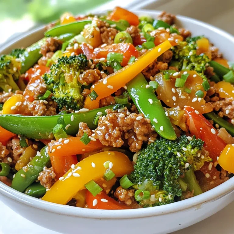 - 1 lb ground turkey - 2 tablespoons vegetable oil - 3 cloves garlic, minced - 1 inch ginger, grated - 1 cup bell peppers (red, yellow, and green), sliced - 1 cup broccoli florets - 1/2 cup carrots, thinly sliced - 1 cup snap peas - 1/4 cup soy sauce (low sodium if preferred) - 2 tablespoons honey or maple syrup - 1 tablespoon sesame oil - 2 green onions, chopped - Sesame seeds for garnish - Salt and pepper to taste You can add other veggies like zucchini or mushrooms. You might also try adding pineapple for sweetness. If you want more heat, add red pepper flakes. Each serving offers about 350 calories. It has 30 grams of protein and 20 grams of carbs. You will also get fiber from the veggies, making it a balanced meal. {{ingredient_image_1}} To start, gather all your ingredients. This helps you stay organized. Here’s what you need: - 1 lb ground turkey - 2 tablespoons vegetable oil - 3 cloves garlic, minced - 1 inch ginger, grated - 1 cup bell peppers (red, yellow, and green), sliced - 1 cup broccoli florets - 1/2 cup carrots, thinly sliced - 1 cup snap peas - 1/4 cup soy sauce (low sodium if preferred) - 2 tablespoons honey or maple syrup - 1 tablespoon sesame oil - 2 green onions, chopped - Sesame seeds for garnish - Salt and pepper to taste Make sure to wash and slice your veggies. This saves time later. Mince the garlic and grate the ginger. Set these aside for later use. 1. Heat the vegetable oil in a large skillet or wok over medium-high heat. Make sure it’s hot before adding anything. 2. Add the minced garlic and grated ginger to the skillet. Sauté for about 30 seconds until fragrant. This step adds great flavor. 3. Increase the heat to high and add the ground turkey. Cook it for about 5-7 minutes. Break the turkey apart with a spatula as it cooks. You want it browned all over. 4. Season the turkey with a pinch of salt and pepper. This enhances the taste. 5. Add the sliced bell peppers, broccoli, carrots, and snap peas. Stir-fry these veggies for 3-4 minutes. They should be tender but still crisp. 6. In a small bowl, mix the soy sauce, honey or maple syrup, and sesame oil. Pour this sauce over the turkey and veggies. Stir well to coat everything evenly. 7. Let it cook for another 2-3 minutes. This helps the flavors mix together. 8. Remove the skillet from heat and stir in the chopped green onions. For the best texture, make sure not to overcrowd the pan. This allows even cooking. Stir-frying over high heat keeps the veggies crisp. If you want more crunch, add your veggies in batches. Also, remember to use fresh ingredients. Fresh veggies taste better and keep their shape. The key is to cook quickly to avoid mushiness. To make a great stir fry, you need high heat. This helps to cook everything fast. It also keeps the veggies crisp. Use a large skillet or wok. This gives you space to mix the food well. Keep all your ingredients ready before you start cooking. This way, you won’t rush and miss steps. To boost the flavors, use fresh garlic and ginger. They add a nice kick. Try adding a splash of rice vinegar for a tangy twist. You can also mix in red pepper flakes for heat. If you like it sweet, use honey or maple syrup. They balance the saltiness of the soy sauce. Avoid overcrowding the pan. If it’s too full, the food steams instead of fries. This makes it soggy. Don’t skip the salt and pepper. They enhance the taste of the turkey and veggies. Lastly, be careful not to overcook the vegetables. They should stay bright and crisp for the best texture. Pro Tips Use Fresh Ingredients: Fresh vegetables and ground turkey enhance the flavor and texture of your stir fry, making it more vibrant and delicious. Prep Everything First: Have all your ingredients chopped and ready to go before you start cooking. Stir frying is a quick process, and you'll want everything at hand. High Heat is Key: Cooking on high heat allows for quick cooking and helps maintain the crispness of your vegetables while ensuring the turkey is thoroughly cooked. Customize Your Veggies: Feel free to swap in your favorite vegetables or whatever you have on hand. Cauliflower, zucchini, or mushrooms can make great additions! {{image_2}} You can swap ground turkey for other proteins. Ground chicken works well and tastes great. If you like beef, use ground beef instead. For a lighter option, try ground pork. Each protein brings its own flavor. Adjust cooking times based on the protein you choose. Always cook until it’s safe to eat. To make this dish vegan, use tofu or tempeh. Both give a nice texture. Simply cube the tofu and cook it in the same way. Tempeh can be crumbled for a meat-like feel. Use soy sauce or tamari to keep it flavorful. Remember to check for vegan-friendly sweeteners too. Maple syrup is a great option here. You can mix and match vegetables in this stir fry. Try zucchini or snap peas for extra crunch. Mushrooms add umami, while baby corn gives sweetness. Just remember to cut vegetables into similar sizes. This helps them cook evenly. You can also use frozen veggies if you’re short on time. Just add them straight to the pan! After you make ground turkey teriyaki stir fry, let it cool first. Store it in an airtight container. This keeps it fresh. You can keep leftovers in the fridge for 3 to 4 days. Make sure to label the container with the date. This helps you know when to eat it. To reheat, you can use a microwave or a skillet. If you use a microwave, place the stir fry in a bowl. Cover it with a microwave-safe lid. Heat it on high for about 1 to 2 minutes. Stir it halfway to heat evenly. If you use a skillet, add a little oil and heat over medium. Stir until hot. This keeps the texture nice. You can freeze ground turkey teriyaki stir fry, too. Divide it into portions and store them in freezer bags. Squeeze out the air before sealing. This helps prevent freezer burn. It can stay good for up to 3 months. When ready to eat, thaw it in the fridge overnight. Reheat it using the methods above. Enjoy your meal anytime! Yes, you can use different sauces. Try soy sauce, hoisin, or sweet chili. Each sauce adds its unique twist. Adjust the sweetener if you choose a less sweet sauce. Remember, the flavor will change, but it can still be tasty. To make this stir fry gluten-free, choose gluten-free soy sauce. Brands like Tamari offer great options. Always check the labels to ensure they are truly gluten-free. This small change keeps the dish safe for those who avoid gluten. Many side dishes go well with this stir fry. Here are some ideas: - Steamed rice - Quinoa - Cauliflower rice - Noodles - A simple green salad These sides balance the flavors and add texture to your meal. Enjoy experimenting with different combinations! This blog covered how to make a tasty ground turkey teriyaki stir fry. We listed ingredients, shared step-by-step cooking instructions, and offered valuable tips. You can even try variations with different proteins and veggies. Storing leftovers and reheating them correctly helps maintain quality. With these insights, you can enjoy a delicious meal. Experiment with flavors and enjoy the process of cooking. Your stir fry will always impress family and friends. Happy cooking!