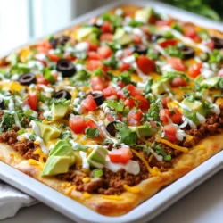 To make this delicious taco pizza, you will need: - 1 large pizza dough (store-bought or homemade) - 1 cup refried beans - 1 ½ cups shredded cheddar cheese - 1 cup cooked ground beef or turkey, seasoned with taco seasoning - 1 cup diced tomatoes - 1 cup shredded lettuce - ½ cup sliced black olives - ¼ cup green onions, sliced - ½ cup sour cream (for drizzle) - 1 avocado, diced - 1 tablespoon olive oil - 1 teaspoon chili powder (optional) - Salt and pepper to taste These ingredients blend perfectly to create a taco twist on pizza that everyone will love. The fun part of making taco pizza is adding your favorite toppings. Here are some ideas: - Fresh cilantro for a burst of flavor - Jalapeños for a spicy kick - Sour cream or guacamole for creaminess - Lime wedges for a zesty touch Feel free to mix and match according to your taste! For the best crust, you can choose either store-bought or homemade dough. Store-bought dough is quick and easy. It saves time, especially on busy nights. If you prefer homemade dough, you can control the ingredients and flavors. Either way, make sure the dough stretches well to fit your sheet pan. A thin, crispy crust makes the best base for your toppings. {{ingredient_image_1}} First, set your oven to 425°F (220°C). This high heat helps the pizza crisp up nicely. While the oven heats, take a large sheet pan and lightly grease it. Use cooking spray or a little olive oil. This step keeps your pizza from sticking. Next, stretch or roll out the pizza dough. Make sure it fits the whole pan. If you use store-bought dough, follow the package directions for stretching. Now, it's time to build your taco pizza. Start by spreading 1 cup of refried beans over the dough. Leave a small border around the edges for the crust. Next, sprinkle half of the shredded cheddar cheese on top of the beans. This layer adds a nice cheesy base. Then, take 1 cup of cooked ground beef or turkey, which should be seasoned with taco seasoning, and spread it evenly over the cheese. This meat layer gives great flavor. After that, top it with the rest of the cheddar cheese and 1 cup of diced tomatoes. For extra taste, drizzle a little olive oil over the top. You can also sprinkle chili powder, salt, and pepper if you want more spice. Once you have everything layered, place the sheet pan in your preheated oven. Bake for 15 to 20 minutes. Keep an eye on it. You want the cheese to be bubbly and golden, while the crust cooks through. After baking, carefully take the pizza out of the oven. Let it cool for a few minutes. Then, slice it into 8 pieces. Load up each slice with fresh toppings. Add shredded lettuce, diced avocado, sliced black olives, and green onions. Finally, drizzle sour cream over the top for a creamy finish. Enjoy this fun twist on pizza! To stretch the pizza dough, start with a clean surface. Use a little flour to keep it from sticking. If you use store-bought dough, let it sit at room temperature for 20 minutes. This helps it stretch easier. Use your hands to gently press the dough outwards. Move from the center to the edges. You can also use a rolling pin if you like. Aim for a thin crust but keep the edges thicker for a nice crust. Taco seasoning makes a big difference in flavor. You can buy it or make your own. If you make your own, mix chili powder, cumin, garlic powder, and onion powder. Use about 2 tablespoons for one pound of meat. This gives the ground beef or turkey a great taste. Don't forget to season the meat well while cooking. Taste as you go; adjust with salt and pepper to suit your taste. For the best cheese melt, use fresh shredded cheese instead of pre-shredded. Pre-shredded cheese has additives that prevent melting well. Mix cheddar with a bit of mozzarella for a great blend. Bake the pizza until the cheese is bubbly and golden, which usually takes 15-20 minutes. Keep an eye on the crust. It should be golden brown and firm to the touch. If the edges brown too fast, you can cover them with foil. This keeps the crust nice and crispy. Pro Tips Use a Hot Oven: Preheating your oven to the correct temperature ensures a crisp crust and perfectly melted cheese. Layer Ingredients Wisely: Start with refried beans as the base to keep the crust from becoming soggy, and layer cheese on top to seal in moisture. Customize Your Toppings: Feel free to add your favorite taco toppings, such as jalapeños, corn, or different types of cheese for added flavor. Let It Rest: Allow the pizza to cool for a few minutes before slicing to help the toppings set and prevent a messy cut. {{image_2}} You can make a tasty vegetarian version of taco pizza. Start with the same dough. Instead of meat, use extra refried beans or black beans. Add more veggies like bell peppers, corn, or zucchini. Sprinkle with cheese and bake as usual. This option packs great flavor and is filling too! If you want to switch the protein, try chicken or turkey. You can also use plant-based meat like lentils or chickpeas. Season them with taco spices for that bold taste. Cooked shrimp or fish can also make a unique twist. Each choice brings its own fun flavor to the pizza. Get creative with your toppings! Try jalapeños for heat or pineapple for sweetness. Fresh cilantro adds a nice touch. You can also add salsa or guacamole after baking. Experimenting with toppings lets you make this dish your own. Each bite can be a new surprise! To store leftover taco pizza, let it cool to room temperature. Then, cut it into slices. Place the slices in an airtight container or wrap them in plastic wrap. You can keep them in the fridge for up to three days. If you want to keep them longer, consider freezing them. When you're ready to enjoy leftovers, preheat your oven to 350°F (175°C). Place the pizza slices on a baking sheet. Heat for about 10 to 15 minutes. This method keeps the crust crispy and the cheese melty. You can also use a microwave, but this may make the crust soft. To avoid sogginess, reheat in the oven whenever you can. To freeze taco pizza, wrap each slice tightly in plastic wrap. Then, place them in a freezer-safe bag or container. You can freeze them for up to two months. When you want to eat them, thaw the slices in the fridge overnight. Then, reheat as mentioned above. This way, you can enjoy your taco pizza whenever you crave it! Yes, you can! Use gluten-free pizza dough instead of regular dough. Many stores sell it. You can also make your own using gluten-free flour. Just make sure all other ingredients are gluten-free too. This way, everyone can enjoy your taco pizza. You can serve fresh fruit or a simple green salad. Chips and salsa are also great choices. For a fun twist, try a corn salad or guacamole. These sides balance the flavors and add freshness to your meal. To keep the crust crispy, preheat your oven well. Bake the pizza on a hot sheet pan. Avoid adding too many wet toppings. Let the pizza cool for a bit after baking. This will help keep the crust crunchy. You can make an easy and tasty sheet pan taco pizza at home. We covered ingredients, steps, and tips to ensure great results. Remember, you can mix toppings and try new dough choices. Don't forget to store leftovers properly for later meals. Feel free to get creative with flavors and textures. With these tips, you’ll impress your family and friends. Enjoy making this fun twist on a classic!