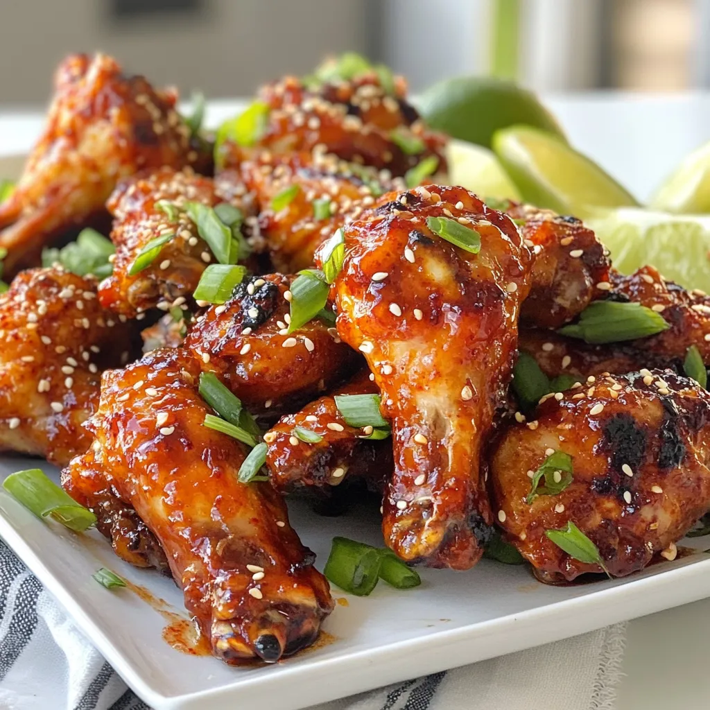 The main ingredients create a burst of flavor. Here’s what you need: - 2 pounds chicken wings - 1/2 cup gochujang (Korean red chili paste) - 1/4 cup honey - 2 tablespoons soy sauce - 1 tablespoon sesame oil - 4 cloves garlic, minced - 1-inch piece ginger, grated - 1 tablespoon rice vinegar - 1 tablespoon sesame seeds - 3 green onions, finely chopped - Salt and pepper to taste Gochujang is the star of this dish. It brings heat and depth. Honey balances the spice with sweetness. Soy sauce adds umami, while sesame oil gives a nutty finish. Garlic and ginger bring warmth and zest, enhancing the overall taste. Rice vinegar adds a tangy note to brighten the dish, making it deliciously complex. You can easily swap ingredients if needed. Use sriracha if you can't find gochujang. Maple syrup is a good honey alternative for sweetness. Low-sodium soy sauce works well for a healthier option. If you prefer less spice, use less gochujang or add more honey. You can also try different oils, like olive oil, for a unique twist. {{ingredient_image_1}} To start, gather your ingredients. You need gochujang, honey, soy sauce, sesame oil, garlic, ginger, and rice vinegar. In a large bowl, mix these items well. You want a smooth marinade. The gochujang gives the wings their spicy kick, while honey adds sweetness. Garlic and ginger bring a nice depth of flavor. This combination is key for great wings. Next, add the chicken wings to the marinade. Use your hands or a spoon to coat each wing evenly. Make sure they are well covered. This step is crucial for flavor. Once coated, cover the bowl with plastic wrap. Place the bowl in the fridge. Let the wings marinate for at least 1 hour. For even better taste, marinate them overnight. Now, it’s time to bake. Preheat your oven to 425°F (220°C). Line a baking sheet with parchment paper. This helps with cleanup later. Remove the wings from the marinade. Let the excess marinade drip off. Place the wings in a single layer on the baking sheet. Bake them for 35-40 minutes. Flip the wings halfway through. They should be crispy and reach an internal temperature of 165°F (75°C). When the wings are done, it’s time to garnish. Sprinkle sesame seeds and chopped green onions over the top. This adds a nice touch. Serve the wings hot, with dipping sauce on the side. You can also pair them with pickled vegetables for a true Korean experience. If you want to impress, arrange the wings on a large platter. Add lime wedges and extra green onions for color. Enjoy your spicy chicken wings! To get the right heat, start with gochujang. This Korean chili paste brings depth and flavor. If you want it spicier, add more gochujang. For less heat, mix in some honey. Balance is key. Taste the marinade before you add the wings. Adjust the spice to your liking. For crispy wings, bake them at 425°F (220°C). This high heat crisps up the skin nicely. Line your baking sheet with parchment paper. This helps with easy cleanup and prevents sticking. Flip the wings halfway through cooking. This ensures even crispiness. Do not crowd the wings on the tray; give them space to breathe. You can add sesame oil for a nutty taste. If you want a tangy kick, add more rice vinegar. Fresh herbs like cilantro can brighten the dish. Try adding a bit of lime juice before serving. You can also serve the wings with pickled veggies for a fresh crunch. Experiment with different dipping sauces to find your favorite! Pro Tips Marinate Longer for More Flavor: For the best results, marinate the chicken wings overnight. This allows the flavors to penetrate deeper into the meat, resulting in a more flavorful dish. Use a Baking Rack: Placing the wings on a wire rack over the baking sheet allows air to circulate around the wings, resulting in crispier skin. Check for Crispiness: If you like extra crispy wings, broil them for the last 2-3 minutes of cooking. Just keep a close eye on them to avoid burning. Serve with Dipping Sauce: Pair the wings with a cooling dipping sauce, such as a yogurt-based sauce or a sweet chili sauce, to balance the spiciness. {{image_2}} You can change the flavor of your wings with different marinades. For a sweet twist, try using teriyaki sauce mixed with garlic. If you want something zesty, mix lemon juice, honey, and soy sauce. You can also try a spicy BBQ sauce for a smoky flavor. Each marinade gives a new taste to the chicken wings. Experimenting with flavors makes cooking fun and exciting. You can cook your wings in two main ways: the air fryer or the oven. - Air Fryer: This method cooks wings faster. Preheat the air fryer to 400°F (200°C). Cook the wings for 25-30 minutes, shaking the basket halfway. You’ll get crispy wings with less oil. - Oven: Preheat your oven to 425°F (220°C). Bake for 35-40 minutes, flipping halfway. This method is great for making bigger batches. Both methods yield tasty wings, so choose what suits you best. Korean chicken wings go great with many side dishes. Here are some ideas: - Pickled Vegetables: They add a nice crunch and balance the heat. - Rice: Steamed white or brown rice soaks up the sauce well. - Coleslaw: A fresh slaw adds a coolness that pairs perfectly. - Korean Potato Salad: This creamy dish complements the spicy wings nicely. You can mix and match these sides to create a full meal. Enjoy the flavors together! To keep your spicy Korean chicken wings fresh, store them in an airtight container. Make sure to let them cool before sealing. Your wings will stay good in the fridge for up to four days. You can also freeze them for longer storage. Just place them in a freezer-safe bag and push out the air. They will last for about three months in the freezer. When you are ready to eat them, thaw the wings in the fridge overnight. Reheating chicken wings can be tricky if you want to keep them crispy. The best way to do this is in the oven. Preheat your oven to 375°F (190°C). Place the wings on a baking sheet lined with parchment paper. Heat them for about 10-15 minutes. Flip them halfway through to ensure even crispiness. You can also use an air fryer for a quick and crispy option. Set it to 350°F (175°C) and heat for about 5-7 minutes. Chicken wings are versatile for meal prep. You can use the leftover wings in salads, wraps, or rice bowls. Shred the wings and toss them with a bit of extra sauce for added flavor. They also make a great topping for pizza. Mix the wings with some veggies and serve them in tacos for a fun twist. The options are endless, and they make for quick, tasty meals throughout the week. Gochujang is a spicy Korean red chili paste. It has a unique sweet and savory flavor. You can find it in Asian grocery stores or larger supermarkets. Look in the international aisle or the Asian section. If you can't find it, you can order it online. For the best flavor, marinate the chicken wings for at least one hour. If you have time, marinate them overnight. This longer time allows the flavors to soak in deeply. Yes, you can use frozen chicken wings. Just make sure to thaw them completely before marinating. Cooking times may vary slightly, so check that they reach 165°F (75°C) inside. Sweet desserts balance the heat of spicy wings. Consider serving mango sticky rice or vanilla ice cream. Chocolate mousse also makes a nice contrast to the spice. To reduce spice, use less gochujang in the marinade. You can mix in more honey to add sweetness. Another option is to serve the wings with a cooling dip like ranch or yogurt sauce. You now know how to make spicy Korean chicken wings. We covered main ingredients, cooking steps, and useful tips. You can substitute ingredients and explore variations to suit your taste. Remember to store leftovers properly and reheat them for that perfect crispy bite. Enjoy experimenting with flavors and pairing these wings with great sides. Whether you cook them in the oven or air fryer, your wings will impress everyone. Dive into this delicious dish and have fun cooking!