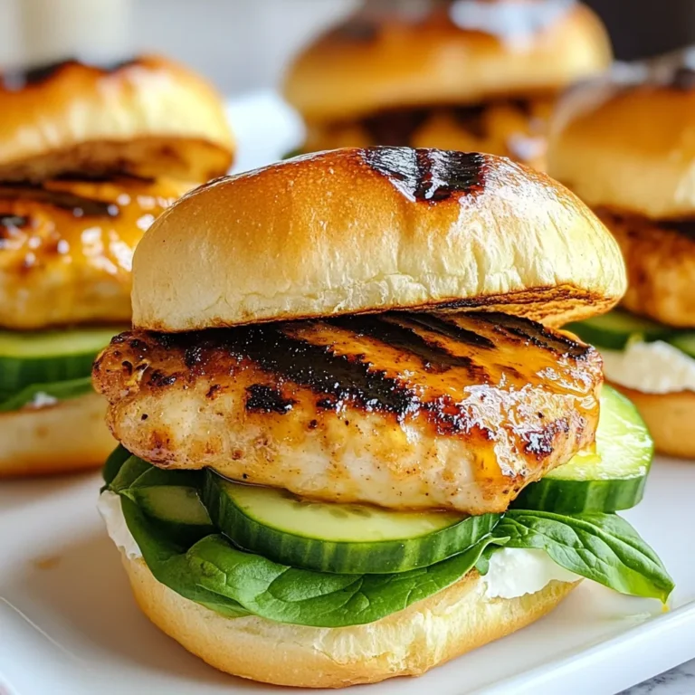 To make these tasty sliders, you need: - 1 lb ground chicken - 1/4 cup pure maple syrup - 1 tablespoon Dijon mustard - 1 teaspoon garlic powder - 1 teaspoon onion powder - Salt and pepper to taste - 8 slider buns - 1 cup baby spinach or arugula - 1/2 cup sliced cucumbers These ingredients come together for a sweet and savory flavor. The ground chicken is light and pairs well with the maple syrup. The mustard adds a nice tang. Garlic and onion powder bring depth to the taste. You can add cream cheese to your sliders for extra creaminess. Spread about 4 tablespoons of cream cheese on the buns. This adds a nice texture and balances the sweetness of the maple syrup. If you can’t find ground chicken, you can use ground turkey or lean beef. Maple syrup can be swapped for honey or agave syrup if needed. For the greens, any leafy greens like lettuce or kale work well. If you don’t have slider buns, use regular burger buns or even lettuce wraps for a low-carb option. {{ingredient_image_1}} To start, grab a large mixing bowl. Add 1 pound of ground chicken to the bowl. Then, pour in 1/4 cup of pure maple syrup. Next, add 1 tablespoon of Dijon mustard. Sprinkle in 1 teaspoon of garlic powder and 1 teaspoon of onion powder. Season with salt and pepper to taste. Mix this all together gently. Be careful not to overwork the meat. You want it just combined for the best texture. Now, take the mixture and form it into small patties. Aim for about the size of your slider buns. You should get around 8 patties from the mixture. Preheat your grill or skillet over medium heat. Once hot, place the chicken patties in and cook them for 5 to 6 minutes on each side. They should be fully cooked and have nice grill marks when done. Next, it’s time to assemble your sliders. If you like, spread a thin layer of cream cheese on the inside of each slider bun. This step is optional but adds a creamy touch. Place a cooked chicken patty on the bottom half of each bun. Top each patty with a few spinach leaves and a few cucumber slices. Finally, cover with the top half of the bun. If you want, drizzle a little extra maple syrup on top or serve it on the side for dipping. Enjoy! To make your sliders perfect, follow these tips: - Use ground chicken. It keeps the sliders moist. - Mix the chicken with the other ingredients gently. This helps avoid tough patties. - Preheat your grill or skillet. A hot surface gives nice grill marks. - Cook the patties for 5-6 minutes on each side. Check for doneness; they should be white inside. - If you want a crispy finish, lightly oil the grill or skillet. How you serve your sliders can impress your guests. Try these ideas: - Use a wooden board to stack the sliders. It adds a rustic look. - Add extra cucumber slices around the sliders. This gives a fresh touch. - You can drizzle a little maple syrup on top. It makes them look even tastier. - Serve with sweet potato fries. This adds color and crunch. Pairing your sliders makes for a great meal. Here are some ideas: - Serve with a fresh salad. Spinach or arugula works well. - A side of coleslaw adds crunch and flavor. - Try a light beer or iced tea as a drink. Both complement the sweetness of the maple. - Add a fruit salad for dessert. It balances the meal with freshness. Pro Tips Use Fresh Ingredients: Always opt for fresh ground chicken and high-quality maple syrup for the best flavor. Don’t Overmix: When combining the ingredients, mix just until combined to keep the patties tender. Patty Size Matters: Make sure the patties are uniform in size for even cooking and to fit the slider buns perfectly. Experiment with Toppings: Feel free to add other toppings like avocado or pickles for an extra flavor boost. {{image_2}} You can change the flavor of your sliders easily. For a spicy kick, add hot sauce or cayenne pepper to the chicken mix. If you want them sweeter, use more maple syrup. You can also mix in different herbs like thyme or basil for a fresh taste. This lets you play with flavors and keep things exciting. If you want a healthier slider, use lean ground chicken instead of regular. This option cuts down on fat while keeping the flavor. You can also swap regular buns for whole wheat buns. This gives you more fiber and nutrients. These small changes make your meal lighter but still tasty. These sliders work great as appetizers or a main meal. For appetizers, make smaller patties and serve them on mini buns. You can add toothpicks for easy handling. For a main course, stack the sliders high and serve with sides like sweet potato fries or a salad. This makes your meal fun and filling. After making these tasty sliders, you may have some left. To store them, let the sliders cool to room temperature. Place them in an airtight container. This keeps them fresh in your fridge for up to three days. If you have extra sauce, store it separately to avoid soggy buns. When you're ready to enjoy leftovers, reheating is key. Use a skillet over medium-low heat. This helps keep the sliders moist. Heat them for about 3-4 minutes on each side. You can also use a microwave if you’re in a hurry. Just cover them with a damp paper towel to keep them from drying out. Heat for about 30 seconds at a time until warm. If you want to save sliders for later, freezing is a great option. Wrap each slider tightly in plastic wrap. Then, place them in a freezer bag. This way, they can last up to three months. When you're ready to eat, thaw them in the fridge overnight. Then, reheat as mentioned above. Enjoy your homemade sliders anytime! Maple Glazed Chicken Sliders last about 3 to 4 days in the fridge. Make sure to store them in an airtight container. This keeps the sliders fresh and tasty. If you want to enjoy them longer, consider freezing them. Yes, you can use other meats like turkey or beef. Just adjust the cooking time based on the meat you choose. Ground turkey works well with the maple glaze. It still gives that sweet and savory taste you love. You can serve these sliders with sweet potato fries or a fresh salad. A side of crunchy pickles also pairs nicely. If you want a fun twist, add some coleslaw for extra crunch. These sides enhance the meal and add variety. No, the cream cheese is optional. It adds a creamy texture, but you can skip it if you want. The sliders are still delicious without it. You might want to try spreading some avocado or hummus instead for a different flavor. In this post, I covered making delicious maple glazed chicken sliders. I shared key ingredients, cooking steps, and helpful tips. You learned about tasty variations and smart storage options. These sliders blend flavor and fun, making them a perfect meal or snack. Try new ingredients or serve them in creative ways. Enjoy the process, and let your taste buds lead the way. Keep experimenting to find your favorite version of these tasty sliders.