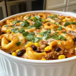 - 12 oz cheese tortellini (fresh or frozen) - 1 lb ground beef - 1 can (15 oz) enchilada sauce - 1 can (15 oz) black beans, rinsed and drained - 1 cup corn kernels (fresh or frozen) - 2 cups shredded cheddar cheese - 1 tsp ground cumin - 1 tsp chili powder - 1/2 tsp garlic powder - 1/2 tsp onion powder - Salt and pepper, to taste - Fresh cilantro, chopped (for garnish) Gathering the right ingredients is key for this dish. First, you need cheese tortellini. I prefer fresh, but frozen works fine too. Next, get some ground beef. It adds a nice, hearty flavor. The enchilada sauce brings a spicy kick. Black beans are a must for added protein and texture. Corn kernels add sweetness and color. For cheese lovers, use shredded cheddar cheese. The spices like cumin and chili powder create depth. Garlic and onion powders give more flavor. Don’t forget salt and pepper for seasoning. Finally, fresh cilantro adds a lovely touch on top. These ingredients come together to create a filling and tasty meal. You can find them at any grocery store, making this recipe easy to prepare. {{ingredient_image_1}} Set your oven to 350°F (175°C). This step gets your oven ready for baking. Boil a large pot of salted water. Add 12 oz of cheese tortellini. Cook it until al dente, as per the package. Drain the tortellini and set it aside. In a large skillet, add 1 lb of ground beef. Cook it over medium heat. Break the meat apart with a spatula. Cook until it is browned and fully done. Drain any extra grease. Stir in the spices: 1 tsp ground cumin, 1 tsp chili powder, 1/2 tsp garlic powder, and 1/2 tsp onion powder. Add salt and pepper to taste. Mix in 1 can of rinsed black beans and 1 cup of corn. Make sure everything is well combined. Pour in 1 can of enchilada sauce. Stir until the beef and beans are well coated. Let it simmer for around 5 minutes. This helps the flavors blend nicely. In a large mixing bowl, add the cooked tortellini. Then, add the beef and enchilada mixture. Mix everything well so it’s combined thoroughly. Grease a 9x13 inch baking dish. Spread half of the tortellini-beef mixture in it. Sprinkle half of the 2 cups of shredded cheddar cheese on top. Add the remaining tortellini-beef mixture and top it with the rest of the cheese. Cover the dish with aluminum foil. Bake for 20 minutes. After that, remove the foil. Bake for another 10-15 minutes until the cheese is golden and bubbling. Let the dish cool for a few minutes. Before serving, garnish it with chopped cilantro. Enjoy your meal! The prep time for this dish is 15 minutes. This includes gathering ingredients and getting everything ready to cook. The total cooking time is 50 minutes. This allows for prep, cooking the beef, and baking. This recipe serves 6 people. It is perfect for a family meal or a small gathering. Pro Tips Tip Title: Cook Tortellini Al Dente: Make sure to cook the tortellini just until al dente, as it will continue to cook in the oven and could become mushy if overcooked. Tip Title: Customize Your Beans: Feel free to substitute black beans with pinto beans or kidney beans, depending on your preference for texture and flavor. Tip Title: Extra Cheese, Extra Flavor: For an even cheesier bake, mix in some cream cheese or pepper jack cheese with the cheddar for added creaminess and a hint of spice. Tip Title: Garnish for Freshness: Don’t skip the cilantro garnish! It adds a fresh and vibrant flavor that complements the richness of the dish beautifully. {{image_2}} To keep your tortellini firm, cook them just until al dente. Follow the package time closely. Drain them well and do not let them sit in water. If you mix them with the sauce quickly, they'll stay nice and firm. Cheddar cheese brings great flavor, but you can mix it up! Try Monterey Jack or pepper jack for a kick. These cheeses melt well and add a creamy texture. You can even blend in some mozzarella for extra stretch. The spices in this dish make it pop! Use ground cumin for a warm taste. Chili powder adds a nice heat. Garlic and onion powders boost the flavor too. Don’t forget to season with salt and pepper to taste. Experimenting with smoked paprika or cayenne could spice things up even more. Make your dish look great for serving! Use individual bowls for a fun touch. Top each serving with fresh cilantro for color. Adding a dollop of sour cream or guacamole on the side will give it a tasty twist. Enjoy this dish as a feast for both the eyes and the taste buds! You can easily turn this dish into a vegetarian delight. Swap the ground beef for a mix of vegetables. Try using mushrooms, bell peppers, and zucchini. You can add extra black beans for protein. This keeps the dish hearty and filling without meat. Use vegetable broth instead of beef broth for extra flavor if needed. If you enjoy heat, add some spice! Mix in diced jalapeños or chipotle peppers to the beef mixture. You can also sprinkle some cayenne pepper into the enchilada sauce. This will give your dish a warm, spicy flavor. Serve with a side of sour cream to cool down the heat. For a gluten-free version, choose gluten-free tortellini. Many stores offer great options now. Check the labels to make sure they are certified gluten-free. You can also use corn tortillas cut into strips instead of tortellini. This keeps the dish tasty while making it suitable for those avoiding gluten. Yes, you can use frozen tortellini. Just cook it according to the package. Frozen tortellini works well in this dish. It saves time and still tastes great. Store leftovers in an airtight container. Keep them in the fridge for up to three days. Reheat in the oven or microwave until hot. You want to enjoy those flavors again! Absolutely! You can assemble the dish a day ahead. Just cover it and keep it in the fridge. When ready, bake it straight from the fridge. This saves time on busy days. Serve with a fresh salad or tortilla chips. You can add sour cream or guacamole for extra flavor. A side of rice also pairs well with this dish. To make it healthier, use lean ground beef or turkey. Swap the cheese for a lower-fat option. Add more veggies like bell peppers or zucchini. You can also use whole wheat tortellini. This dish combines rich flavor and easy prep. You saw the key ingredients and steps to make it great. Tips for avoiding soggy tortellini and variations keep it fun. With a few tweaks, it suits your diet and taste. Whether you cook for friends or family, this recipe shines. Enjoy your tasty beef enchilada tortellini bake!