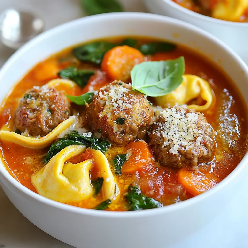 - 1 pound ground beef - 1/2 pound ground pork - 9 oz cheese tortellini - 14.5 oz can diced tomatoes - 1 teaspoon dried oregano - 1 teaspoon dried basil - 2 cups fresh spinach - 1 medium onion, chopped - 2 carrots, diced - 2 celery stalks, diced Italian Meatball Tortellini Soup is filling and warm. The meatballs are the star. I use a mix of ground beef and pork for rich flavor. The cheese tortellini adds a nice touch. You can find it in most stores, in the pasta aisle. Diced tomatoes bring brightness to the soup. They give a nice balance to the savory meatballs. I also add dried oregano and basil. These herbs are classic in Italian cooking. They enhance the soup's aroma and taste. Fresh spinach makes the soup healthy. It wilts quickly and adds color. The chopped onion, carrots, and celery form the base of this dish. These vegetables add sweetness and texture. They create layers of flavor in every bite. Gather these ingredients before you start cooking. Having everything ready makes the process smooth and fun. This soup is sure to please everyone at your table. {{ingredient_image_1}} - Mixing the ingredients In a large mixing bowl, combine the ground beef and ground pork. Add the breadcrumbs, grated Parmesan cheese, and the egg. Mix in minced garlic, oregano, basil, salt, and pepper. Use your hands for the best blend. Make sure everything is well combined. - Rolling into meatballs Take small portions of the mixture and roll them into meatballs. Aim for about 1 inch in diameter. This size cooks well and stays juicy. Once rolled, set them aside on a plate while you prepare the soup. - Sautéing onions, carrots, and celery In a large pot, heat olive oil over medium heat. Add the chopped onion, diced carrots, and diced celery. Sauté these veggies for about 5 minutes. You want them soft but not brown. This base adds great flavor to your soup. - Adding meatballs and broth Once the veggies are ready, add the meatballs to the pot. Cook them for about 5-7 minutes. Turn them occasionally until they are brown on all sides. Next, pour in the chicken broth. Add the diced tomatoes with their juices. Bring this to a gentle simmer. - Incorporating tortellini and spinach Carefully add the cheese tortellini to the pot. Cook for about 5-7 minutes, or until the pasta is tender. Finally, stir in the fresh spinach. Cook for another 2-3 minutes until the spinach wilts. Adjust the seasoning with salt and pepper as needed. Enjoy this rich and hearty dish! To make tender meatballs, mix the meat just enough. Over-mixing makes them tough. Use a light touch when forming the balls. They should be small, about 1 inch wide. If you run out of breadcrumbs, use crushed crackers or cooked rice. Both options work well to bind without changing taste much. Herbs can boost the taste of your soup. Try adding fresh parsley or thyme for great depth. A pinch of red pepper flakes brings warmth, too. For a cheesy finish, sprinkle grated Parmesan or mozzarella on top. Cheese melts beautifully and adds creaminess. This soup shines with crusty bread or a fresh salad. Both add texture and flavor balance. Serve the soup hot, around 165°F. It’s best when warm, so use a thermometer for accuracy. Garnishing with fresh basil adds a pop of color and taste. Enjoy every spoonful! Pro Tips Use Fresh Herbs: Fresh basil and oregano can elevate the flavor of your soup significantly compared to dried herbs. Brown Meatballs First: Browning the meatballs before adding them to the broth adds depth of flavor to the soup. Customize Vegetables: Feel free to add or substitute your favorite vegetables like zucchini or bell peppers for added nutrition and flavor. Let It Rest: Allow the soup to sit for a few minutes after cooking; this will help the flavors meld together beautifully. {{image_2}} You can easily swap out ingredients in this soup. If you want to change the protein, use ground turkey or chicken. They work well and make the dish lighter. For a fun twist, try using Italian sausage for more flavor. For vegetables, mix it up! You can use bell peppers or zucchini instead of carrots and celery. These veggies add different tastes and textures. Feel free to add any of your favorites to the pot. If you follow a gluten-free diet, use gluten-free breadcrumbs for the meatballs. You can also choose gluten-free tortellini if you want. This way, everyone can enjoy the soup without worry. For a vegetarian option, skip the meat altogether. Use cooked lentils and veggie broth instead. It still tastes great and is packed with nutrients. Add more veggies like mushrooms or kale to keep it hearty. Want some heat? Add red pepper flakes to the soup for a spicy kick. You can also add jalapeños for extra flavor. Adjust the amount to fit your taste. If you prefer a creamy soup, stir in some heavy cream or half-and-half at the end. This makes the soup rich and smooth. You’ll love the new depth of flavor it brings. Store your Italian Meatball Tortellini Soup in an airtight container. Let the soup cool down first. I like to use glass containers. They keep the soup fresh and are easy to clean. Make sure to eat leftovers within 3 to 4 days for the best taste. For freezing, pour the soup into freezer-safe bags. Remove as much air as possible. This helps avoid freezer burn. You can also use sturdy containers. When you want to enjoy it again, thaw the soup in the fridge overnight. Heat it on the stove until it’s warm. Stir well to mix the flavors. In the fridge, the soup lasts about 3 to 4 days. If it smells off or has a strange color, it’s best to throw it out. Always trust your senses; if it looks or smells bad, don’t eat it. You can pair this soup with several tasty side dishes. Here are some ideas: - Crusty garlic bread - A fresh green salad - Warm breadsticks - Parmesan cheese crisps - Grilled cheese sandwiches These sides add flavor and texture. They also make your meal feel more complete. Yes, you can prepare this soup in advance. Here are some best practices: - Cook the soup, then cool it. - Store it in the fridge for up to three days. - You can also freeze it for up to three months. - If freezing, leave out the tortellini. Add it when reheating. This way, your soup stays fresh and tasty. To keep your meatballs intact, follow these tips: - Make sure to mix the meatball ingredients well. - Don’t overwork the meat; this can make them tough. - Roll them gently into small balls. - Brown them in the pot before adding the broth. Using these steps will help your meatballs stay whole and delicious in the soup. This blog post covered how to make a delicious Italian Meatball Tortellini Soup. You learned about the key ingredients, from ground beef to fresh spinach. I shared step-by-step instructions for preparing the meatballs and simmering the soup. You also discovered tips for perfecting the meatballs, storing leftovers, and customizing flavors. In closing, this hearty soup is easy to make and fun to share. Try it today and enjoy a warm bowl of comfort!