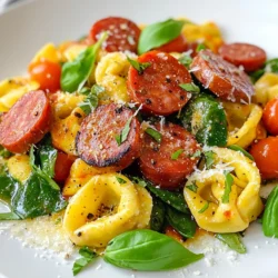 - 12 oz cheese tortellini (fresh or frozen) - 1 lb kielbasa sausage, sliced - 2 cups fresh spinach - 1 cup cherry tomatoes, halved - 1 bell pepper, diced (red or yellow) - 3 cloves garlic, minced - 2 tablespoons olive oil - 1 teaspoon Italian seasoning - Salt and pepper to taste - Grated Parmesan cheese for garnish - Fresh basil leaves for garnish To make this dish, I love using fresh or frozen cheese tortellini. You can find it in most stores. The kielbasa sausage adds a nice smoky flavor. I slice it up to help it cook evenly. Fresh spinach brings a pop of color and nutrition. Cherry tomatoes add sweetness and juiciness. A diced bell pepper gives crunch and taste. Minced garlic adds depth and aroma. For seasoning, I use olive oil to cook the sausage and veggies. Italian seasoning brightens up the dish. Salt and pepper enhance all the flavors. Finally, I sprinkle grated Parmesan cheese on top for richness. Fresh basil leaves bring a fresh touch that makes the dish shine. This combination creates a savory delight that is easy to prepare. You will enjoy every bite! {{ingredient_image_1}} Heating the blackstone griddle First, turn on the Blackstone griddle to medium heat. Add 2 tablespoons of olive oil to the hot surface. Let the oil heat up for a minute or two. Browning the kielbasa Next, slice the kielbasa sausage into bite-sized pieces. Once the oil is hot, add the sliced kielbasa to the griddle. Cook it for about 5 to 7 minutes. Stir it occasionally until it turns golden brown. The key is to get a nice crisp on the edges. Adding bell pepper and garlic Now, it’s time to add flavor. Dice a bell pepper (red or yellow works great). Add the diced pepper and 3 minced garlic cloves to the griddle. Cooking until tender Sauté the mixture for 3 to 4 minutes. You want the peppers to become soft and fragrant. Cooking fresh tortellini If you chose fresh tortellini, cook it according to the package instructions. This usually takes just a few minutes until it’s al dente. Cooking frozen tortellini If using frozen tortellini, follow the package directions. Typically, it will take longer to cook. Drain the tortellini once ready and set it aside. Mixing tortellini with kielbasa Now, it’s time to combine flavors! Add the cooked tortellini to the kielbasa mixture. Gently toss everything together to mix well. Adding spinach and tomatoes Next, add 2 cups of fresh spinach and 1 cup of halved cherry tomatoes. This adds a nice color and freshness to the dish. Seasoning the dish Sprinkle 1 teaspoon of Italian seasoning, along with salt and pepper to taste. Continue to cook for another 2 to 3 minutes. This will wilt the spinach and soften the tomatoes. Now you have a beautiful, savory Blackstone Kielbasa Tortellini Delight ready to serve! - Optimal cooking temperature: Always preheat your Blackstone griddle or skillet. Medium heat works best. This ensures even cooking and browning. If it’s too hot, your kielbasa can burn before it cooks through. - Avoiding mushy vegetables: Add your vegetables at the right time. Bell peppers and garlic need just a few minutes. Spinach and tomatoes cook quickly, so add them last. This keeps them crisp and colorful. - Choosing fresh produce: Fresh spinach and ripe cherry tomatoes make a big difference. Look for bright colors and firm textures. Fresh ingredients add flavor and nutrition to your dish. - Selecting the right kielbasa: Choose a kielbasa that you enjoy. A good quality sausage enhances the dish. Look for one that has a nice balance of spices and meat. This choice will elevate your tortellini delight. - Garnishing with cheese and basil: After serving, sprinkle grated Parmesan cheese on top. It adds a creamy taste. Fresh basil leaves also add color and aroma. This makes your dish look as good as it tastes. - Serving suggestions: Serve your dish in shallow bowls. This allows for easy mixing and eating. Pair it with a side salad or crusty bread for a complete meal. Enjoy each bite of this flavorful dish! Pro Tips Use Fresh Ingredients: Opt for fresh spinach and cherry tomatoes for the best flavor and texture in your dish. Adjust the Spice: Feel free to add red pepper flakes if you like a bit of heat in your meal. Perfectly Cooked Tortellini: Be careful not to overcook the tortellini; it should be al dente for the best texture. Garnish for Flavor: Don’t skip the Parmesan and fresh basil; they add a wonderful finishing touch to the dish. {{image_2}} You can switch the kielbasa for other types of sausage. Try Italian sausage for a spicy kick. Chicken sausage is a leaner option. You can even use smoked sausage for a deeper flavor. For vegetables, you have many choices. Zucchini or mushrooms add great texture. Broccoli or asparagus can make the dish more colorful. Get creative with what you have on hand! To make this dish gluten-free, use gluten-free tortellini. Many brands offer tasty options. You can also use rice or quinoa as a base. Just cook them according to package directions. If you want vegetarian options, skip the kielbasa. Try using plant-based sausage or just add more veggies. Chickpeas can provide protein and keep the meal filling. You can add spices to boost flavor. A pinch of red pepper flakes can add heat. Smoked paprika gives a nice smoky taste. For sauces, a splash of balsamic vinegar can brighten the dish. You could also drizzle some pesto for extra flavor. Different cheeses can change the taste too. Try goat cheese for a tangy twist. Feta cheese adds creaminess. Just sprinkle it on top before serving! To keep your Blackstone Kielbasa Tortellini fresh, store leftovers promptly. Let the dish cool to room temperature first. Then, place it in an airtight container. This way, it will stay tasty for up to three days in the fridge. If you want to keep your dish longer, freezing is a great option. First, let the tortellini cool completely. Then, use a freezer-safe, airtight container. This keeps the flavors intact and allows for up to three months of storage. When you're ready to enjoy it again, reheating is simple. Thaw the dish overnight in the fridge. Next, heat it in a skillet over medium heat until warm. You can also use the microwave, but stir it halfway through for even heating. Kielbasa comes in various types, and each has its own taste. The most popular types are: - Polska kielbasa: This is a classic choice. It has a mild taste and is great for any dish. - Garlic kielbasa: This type adds a nice punch. It works well if you love garlic. - Smoked kielbasa: This option has a rich flavor. It brings a hearty taste to your meals. Using any of these types will work, but I prefer Polska kielbasa for its balance of flavor. Yes, you can switch up the pasta! If you want to try something new, consider: - Penne: A great shape that holds sauce well. - Farfalle: Its bow-tie shape adds fun to the meal. - Orecchiette: These small, ear-shaped pasta pieces catch bits of sauce and toppings. Feel free to experiment with what you have at home. Each type will give a different twist to the dish. If you want some heat, there are easy ways to spice things up: - Red pepper flakes: Add a pinch when cooking for a mild kick. - Chili powder: Mix this in during the sauté phase for more depth. - Hot sauce: Drizzle some on top just before serving for an extra zing. Adjust the heat level based on your taste. You can always add more, but you can't take it out! To make a complete meal, pair your dish with: - Garlic bread: This is a classic choice. It complements the flavors well. - Simple salad: A fresh green salad adds crunch and balance. - Roasted vegetables: These add a nice touch and are healthy. These sides will enhance your meal, making it even more enjoyable. This blog post detailed a delicious Blackstone Kielbasa Tortellini dish. We covered main ingredients like cheese tortellini, kielbasa, and fresh veggies. I shared step-by-step cooking instructions that ensure a tasty meal. Tips on techniques and ingredient quality help improve your cooking. You can also explore variations and storage tips to keep meals fresh. With these insights, you're ready to make a fantastic dish. Enjoy your cooking journey!