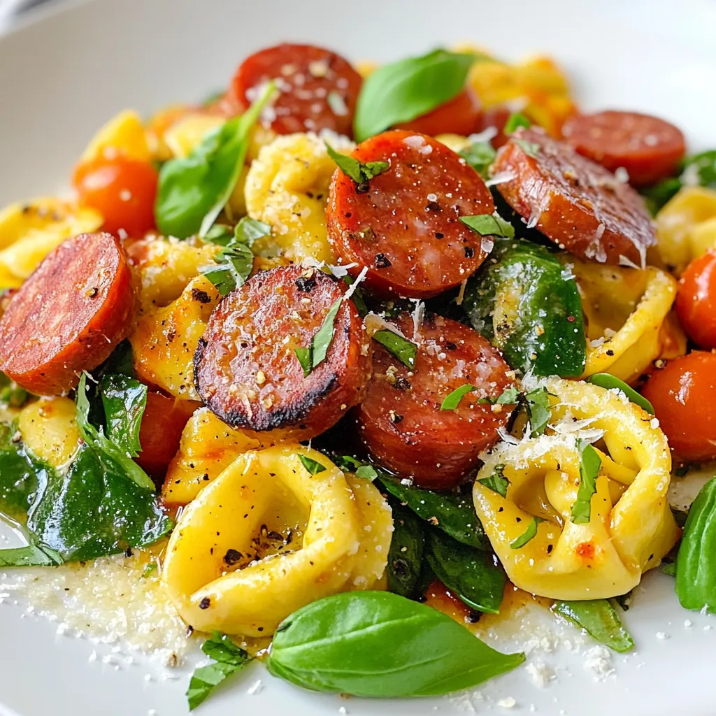 - 12 oz cheese tortellini (fresh or frozen) - 1 lb kielbasa sausage, sliced - 2 cups fresh spinach - 1 cup cherry tomatoes, halved - 1 bell pepper, diced (red or yellow) - 3 cloves garlic, minced - 2 tablespoons olive oil - 1 teaspoon Italian seasoning - Salt and pepper to taste - Grated Parmesan cheese for garnish - Fresh basil leaves for garnish To make this dish, I love using fresh or frozen cheese tortellini. You can find it in most stores. The kielbasa sausage adds a nice smoky flavor. I slice it up to help it cook evenly. Fresh spinach brings a pop of color and nutrition. Cherry tomatoes add sweetness and juiciness. A diced bell pepper gives crunch and taste. Minced garlic adds depth and aroma. For seasoning, I use olive oil to cook the sausage and veggies. Italian seasoning brightens up the dish. Salt and pepper enhance all the flavors. Finally, I sprinkle grated Parmesan cheese on top for richness. Fresh basil leaves bring a fresh touch that makes the dish shine. This combination creates a savory delight that is easy to prepare. You will enjoy every bite! {{ingredient_image_1}} Heating the blackstone griddle First, turn on the Blackstone griddle to medium heat. Add 2 tablespoons of olive oil to the hot surface. Let the oil heat up for a minute or two. Browning the kielbasa Next, slice the kielbasa sausage into bite-sized pieces. Once the oil is hot, add the sliced kielbasa to the griddle. Cook it for about 5 to 7 minutes. Stir it occasionally until it turns golden brown. The key is to get a nice crisp on the edges. Adding bell pepper and garlic Now, it’s time to add flavor. Dice a bell pepper (red or yellow works great). Add the diced pepper and 3 minced garlic cloves to the griddle. Cooking until tender Sauté the mixture for 3 to 4 minutes. You want the peppers to become soft and fragrant. Cooking fresh tortellini If you chose fresh tortellini, cook it according to the package instructions. This usually takes just a few minutes until it’s al dente. Cooking frozen tortellini If using frozen tortellini, follow the package directions. Typically, it will take longer to cook. Drain the tortellini once ready and set it aside. Mixing tortellini with kielbasa Now, it’s time to combine flavors! Add the cooked tortellini to the kielbasa mixture. Gently toss everything together to mix well. Adding spinach and tomatoes Next, add 2 cups of fresh spinach and 1 cup of halved cherry tomatoes. This adds a nice color and freshness to the dish. Seasoning the dish Sprinkle 1 teaspoon of Italian seasoning, along with salt and pepper to taste. Continue to cook for another 2 to 3 minutes. This will wilt the spinach and soften the tomatoes. Now you have a beautiful, savory Blackstone Kielbasa Tortellini Delight ready to serve! - Optimal cooking temperature: Always preheat your Blackstone griddle or skillet. Medium heat works best. This ensures even cooking and browning. If it’s too hot, your kielbasa can burn before it cooks through. - Avoiding mushy vegetables: Add your vegetables at the right time. Bell peppers and garlic need just a few minutes. Spinach and tomatoes cook quickly, so add them last. This keeps them crisp and colorful. - Choosing fresh produce: Fresh spinach and ripe cherry tomatoes make a big difference. Look for bright colors and firm textures. Fresh ingredients add flavor and nutrition to your dish. - Selecting the right kielbasa: Choose a kielbasa that you enjoy. A good quality sausage enhances the dish. Look for one that has a nice balance of spices and meat. This choice will elevate your tortellini delight. - Garnishing with cheese and basil: After serving, sprinkle grated Parmesan cheese on top. It adds a creamy taste. Fresh basil leaves also add color and aroma. This makes your dish look as good as it tastes. - Serving suggestions: Serve your dish in shallow bowls. This allows for easy mixing and eating. Pair it with a side salad or crusty bread for a complete meal. Enjoy each bite of this flavorful dish! Pro Tips Use Fresh Ingredients: Opt for fresh spinach and cherry tomatoes for the best flavor and texture in your dish. Adjust the Spice: Feel free to add red pepper flakes if you like a bit of heat in your meal. Perfectly Cooked Tortellini: Be careful not to overcook the tortellini; it should be al dente for the best texture. Garnish for Flavor: Don’t skip the Parmesan and fresh basil; they add a wonderful finishing touch to the dish. {{image_2}} You can switch the kielbasa for other types of sausage. Try Italian sausage for a spicy kick. Chicken sausage is a leaner option. You can even use smoked sausage for a deeper flavor. For vegetables, you have many choices. Zucchini or mushrooms add great texture. Broccoli or asparagus can make the dish more colorful. Get creative with what you have on hand! To make this dish gluten-free, use gluten-free tortellini. Many brands offer tasty options. You can also use rice or quinoa as a base. Just cook them according to package directions. If you want vegetarian options, skip the kielbasa. Try using plant-based sausage or just add more veggies. Chickpeas can provide protein and keep the meal filling. You can add spices to boost flavor. A pinch of red pepper flakes can add heat. Smoked paprika gives a nice smoky taste. For sauces, a splash of balsamic vinegar can brighten the dish. You could also drizzle some pesto for extra flavor. Different cheeses can change the taste too. Try goat cheese for a tangy twist. Feta cheese adds creaminess. Just sprinkle it on top before serving! To keep your Blackstone Kielbasa Tortellini fresh, store leftovers promptly. Let the dish cool to room temperature first. Then, place it in an airtight container. This way, it will stay tasty for up to three days in the fridge. If you want to keep your dish longer, freezing is a great option. First, let the tortellini cool completely. Then, use a freezer-safe, airtight container. This keeps the flavors intact and allows for up to three months of storage. When you're ready to enjoy it again, reheating is simple. Thaw the dish overnight in the fridge. Next, heat it in a skillet over medium heat until warm. You can also use the microwave, but stir it halfway through for even heating. Kielbasa comes in various types, and each has its own taste. The most popular types are: - Polska kielbasa: This is a classic choice. It has a mild taste and is great for any dish. - Garlic kielbasa: This type adds a nice punch. It works well if you love garlic. - Smoked kielbasa: This option has a rich flavor. It brings a hearty taste to your meals. Using any of these types will work, but I prefer Polska kielbasa for its balance of flavor. Yes, you can switch up the pasta! If you want to try something new, consider: - Penne: A great shape that holds sauce well. - Farfalle: Its bow-tie shape adds fun to the meal. - Orecchiette: These small, ear-shaped pasta pieces catch bits of sauce and toppings. Feel free to experiment with what you have at home. Each type will give a different twist to the dish. If you want some heat, there are easy ways to spice things up: - Red pepper flakes: Add a pinch when cooking for a mild kick. - Chili powder: Mix this in during the sauté phase for more depth. - Hot sauce: Drizzle some on top just before serving for an extra zing. Adjust the heat level based on your taste. You can always add more, but you can't take it out! To make a complete meal, pair your dish with: - Garlic bread: This is a classic choice. It complements the flavors well. - Simple salad: A fresh green salad adds crunch and balance. - Roasted vegetables: These add a nice touch and are healthy. These sides will enhance your meal, making it even more enjoyable. This blog post detailed a delicious Blackstone Kielbasa Tortellini dish. We covered main ingredients like cheese tortellini, kielbasa, and fresh veggies. I shared step-by-step cooking instructions that ensure a tasty meal. Tips on techniques and ingredient quality help improve your cooking. You can also explore variations and storage tips to keep meals fresh. With these insights, you're ready to make a fantastic dish. Enjoy your cooking journey!