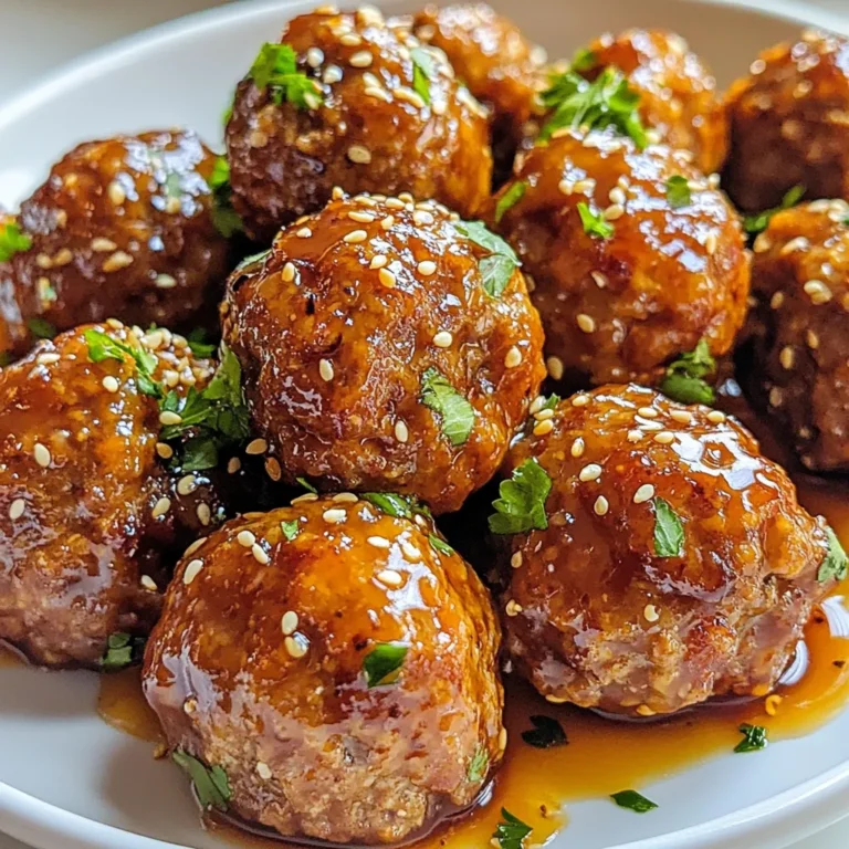 To make Honey Garlic Glazed Meatballs, gather these ingredients: - 1 lb ground beef (or ground turkey) - 1/2 cup breadcrumbs - 1/4 cup grated Parmesan cheese - 1/4 cup chopped fresh parsley - 1 egg, lightly beaten - 3 cloves garlic, minced - 1 teaspoon onion powder - 1/2 teaspoon salt - 1/4 teaspoon black pepper - 1/2 cup honey - 1/4 cup soy sauce (or coconut aminos for a gluten-free option) - 1 tablespoon apple cider vinegar - 1 teaspoon sesame oil - Sesame seeds for garnish (optional) - Fresh cilantro or parsley for garnish (optional) You can adjust some ingredients for your taste or needs. - Use ground turkey instead of beef for a leaner option. - Swap breadcrumbs with crushed gluten-free crackers if needed. - Try nutritional yeast instead of Parmesan for a dairy-free dish. - Coconut aminos work great if you want a gluten-free soy sauce alternative. To add more depth to your meatballs, consider these options: - Add crushed red pepper for heat. - Mix in some finely chopped onion for extra flavor. - Include fresh herbs like thyme or oregano for a unique twist. - Try a splash of Worcestershire sauce for a savory boost. These tips will help you create a dish that fits your taste and dietary needs. Enjoy crafting your Honey Garlic Glazed Meatballs! {{ingredient_image_1}} Start by preheating your oven to 400°F (200°C). This step is key to cooking the meatballs evenly. Next, line a baking sheet with parchment paper. This makes cleanup a breeze later on. In a large bowl, mix together the ground beef, breadcrumbs, and grated Parmesan cheese. Add the chopped parsley, beaten egg, minced garlic, onion powder, salt, and black pepper. Use your hands to combine all the ingredients well. Now, form small meatballs about 1 inch in size. Place them on the baking sheet, leaving space between each one. This helps them cook evenly. Bake these meatballs in the oven for 20 to 25 minutes. You want them to be cooked through and brown on the outside. While the meatballs bake, prepare the glaze. In a small saucepan, whisk together honey, soy sauce, apple cider vinegar, and sesame oil. Heat this mixture over medium heat. Bring it to a simmer and cook for about 5 minutes. This step thickens the glaze nicely. Once the meatballs are done, take them out of the oven. Transfer them to a large bowl. Pour the honey garlic glaze over the meatballs. Gently toss them until they are evenly coated. Now, arrange the glazed meatballs on a serving platter. If you like, drizzle any leftover glaze on top. Garnish with sesame seeds and fresh herbs for a pop of color. Enjoy your delicious creation! - Use fresh ingredients for the best flavor. Fresh parsley and garlic make a big difference. - Do not overmix the meatball mixture. Just mix until combined for a tender bite. - Keep meatballs the same size for even cooking. Aim for about 1 inch in diameter. - For a juicy meatball, use ground beef with some fat. Ground turkey needs extra care to stay moist. - Avoid making meatballs too large. They may not cook through properly. - Do not skip the breadcrumbs. They help hold the meatballs together and add texture. - Forgetting to preheat the oven leads to uneven cooking. Always preheat for best results. - Using too much glaze can overwhelm the meatballs. Drizzle just enough to enhance flavor. - Serve meatballs over rice or noodles for a complete meal. They pair well with both. - Add a side of steamed vegetables to balance the dish. Broccoli or green beans work well. - Garnish with sesame seeds and fresh herbs for a pop of color and flavor. - These meatballs also make great appetizers. Serve with toothpicks for easy eating at gatherings. Pro Tips Use Fresh Herbs: Always opt for fresh parsley instead of dried for a brighter flavor in your meatballs. Adjust the Sweetness: Depending on your preference, feel free to adjust the amount of honey in the glaze for a sweeter or more savory taste. Experiment with Proteins: Try using ground turkey or chicken for a lighter version of these meatballs, while maintaining the same delicious flavor. Serve with Dipping Sauce: Consider serving these meatballs with a side of extra honey garlic glaze for dipping to enhance the flavor experience. {{image_2}} You can swap ground beef for ground turkey or chicken. These options make the dish lighter. If you prefer plant-based meals, try using lentils or chickpeas. Just mash them and mix with the other ingredients. These choices still give good flavor and texture. For a gluten-free version, use gluten-free breadcrumbs. You can also replace soy sauce with coconut aminos. This keeps the sweet and salty taste while being safe for gluten-free diets. Always check labels to ensure all ingredients are gluten-free. Want to spice things up? Add crushed red pepper flakes to the glaze for heat. You can also mix in chopped green onions for a fresh bite. If you love citrus, add a splash of lime juice to brighten the flavors. Fresh herbs like cilantro or basil can add a nice touch, too. Don't be afraid to play with your favorite flavors! To store your leftover honey garlic glazed meatballs, place them in an airtight container. You should refrigerate them within two hours of cooking. They will stay fresh for up to three days in the fridge. Make sure to keep the glaze separate if you want them to stay crisp. If you want to keep them longer, freezing is a great option. Place the cooled meatballs in a single layer on a baking sheet. Freeze them for about one hour until firm. Then, transfer them to a freezer-safe bag or container. They can last in the freezer for up to three months. Label the bag with the date to keep track. When you're ready to enjoy the frozen meatballs, thaw them in the fridge overnight. Reheat them in the oven at 350°F (175°C) for about 15-20 minutes, or until heated through. You can also microwave them on medium power for a few minutes. Drizzle some extra glaze on top before serving for added flavor. Yes, you can make these meatballs ahead. Just prepare the meatballs and glaze as usual. You can store them in the fridge for up to two days. For best results, keep them in an airtight container. You can also freeze the raw meatballs. Place them on a baking sheet first, then freeze. Once frozen, transfer them to a bag. When ready to cook, bake them directly from the freezer. Just add a few extra minutes to the cooking time. Honey garlic glazed meatballs pair well with many sides. Here are some tasty options to consider: - Steamed rice or cauliflower rice - Noodles or pasta - A fresh green salad - Roasted veggies - Mashed potatoes These sides add balance to the dish. They also soak up the sauce well. To keep your meatballs tender, follow these tips: - Use a mix of ground beef and ground turkey. This gives flavor and moisture. - Don’t overmix the meat mixture. Mix just until combined. - Form the meatballs gently. Avoid packing them too tight. - Bake them at the right temperature. Baking at 400°F helps them cook evenly. - Let the meatballs rest after baking. This helps keep them juicy. Each step helps you create soft and tender meatballs. Enjoy the process and the tasty results! In this article, we covered the key ingredients for honey garlic glazed meatballs and their measurements. You learned how to make them, with useful tips and tricks to avoid common mistakes. We explored fun variations and how to store, freeze, and reheat leftovers. Making these meatballs is easy and fun. With these steps, you can impress your friends and family. Try out the recipes and enjoy delicious meals at home. Happy cooking!