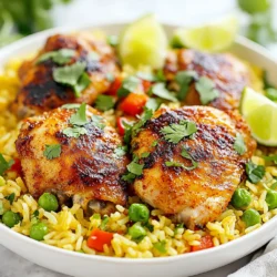 - 2 lbs chicken thighs, bone-in and skin-on - 1 cup long-grain rice - 2 cups chicken broth - 1 medium onion, finely chopped - 3 cloves garlic, minced - 1 red bell pepper, diced - 1 cup frozen peas - 2 tablespoons olive oil - 1 tablespoon ground cumin - 1 tablespoon smoked paprika - 1 teaspoon chili powder - Salt and pepper to taste - Fresh cilantro, for garnish - Lime wedges, for serving These ingredients create a rich and tasty meal. The chicken thighs bring moisture and flavor. The rice absorbs all the good juices from the chicken. The spices add warmth and depth to every bite. - Corn kernels - Black beans - Jalapeños, diced - Fresh lime juice - Avocado slices Adding these ingredients can give your dish a twist. Corn adds sweetness, while black beans boost protein. Jalapeños offer heat, and lime brightens up the flavors. Avocado can add creaminess for a nice contrast. - Chicken thighs: Use chicken breasts for a leaner option. - Long-grain rice: Swap for jasmine or basmati rice for a fragrant touch. - Chicken broth: Vegetable broth works well for a lighter flavor. - Olive oil: Canola or avocado oil are good choices too. These substitutes can help you customize your dish based on what you have on hand. Each option still keeps the heart of Pollo Loco Chicken and Rice intact. {{ingredient_image_1}} Begin by making the marinade for the chicken. In a bowl, mix together: - 2 tablespoons olive oil - 1 tablespoon ground cumin - 1 tablespoon smoked paprika - 1 teaspoon chili powder - Salt and pepper to taste Rub this mixture all over the 2 lbs of chicken thighs. Make sure to cover every part of the chicken. Let it sit for at least 30 minutes. If you have more time, marinate it in the fridge for up to 4 hours. This step adds great flavor to the chicken. Next, heat a splash of olive oil in a large skillet or Dutch oven over medium heat. Once hot, place the marinated chicken thighs skin side down in the skillet. Sear them for about 5-7 minutes until the skin is crispy and golden brown. Flip the chicken over and cook for another 5 minutes. Once done, remove the chicken and set it aside. This step locks in the juices and flavor. In the same skillet, add 1 finely chopped medium onion and 1 diced red bell pepper. Sauté these for about 5 minutes until they soften. Then, stir in 3 minced garlic cloves and cook for another minute. This will fill your kitchen with a lovely aroma. Now, add 1 cup of long-grain rice to the skillet. Stir well to coat the rice with the vegetable mix. Cook for about 2 minutes to lightly toast the rice, enhancing its flavor. Pour in 2 cups of chicken broth and bring the mixture to a simmer. Return the seared chicken thighs on top of the rice. This helps the chicken infuse flavor into the rice. Cover the skillet with a lid, reduce the heat to low, and let it cook for 25-30 minutes. This will allow the rice to absorb the broth and steam perfectly. Check that the chicken reaches an internal temperature of 165°F. In the last 5 minutes of cooking, sprinkle 1 cup of frozen peas on top. Do not stir; just cover again to steam the peas. When the dish is finished, remove it from the heat. Let it sit covered for another 5 minutes. Fluff the rice with a fork and mix in the peas. For serving, garnish with fresh cilantro and lime wedges for a bright touch. Enjoy your Pollo Loco Chicken and Rice! Marinating chicken adds flavor and juiciness. Start with good oil and spices. I use olive oil, cumin, smoked paprika, and chili powder. These ingredients work well together. Rub the marinade all over the chicken. Let it sit for at least 30 minutes. For extra flavor, marinate for up to 4 hours in the fridge. This step makes a big difference in taste. To cook rice perfectly, choose long-grain rice. Rinse it under cold water to remove excess starch. This helps keep the rice fluffy. Toast the rice in olive oil for a few minutes before adding broth. This step adds depth to the flavor. Use a 1:2 rice to broth ratio. Bring the mixture to a simmer and avoid lifting the lid. Let it cook undisturbed for 25-30 minutes. This method ensures nice, tender rice. Presentation matters when serving Pollo Loco Chicken and Rice. You can serve directly from the skillet for a cozy vibe. For a fancier look, plate the rice and chicken separately. Add fresh cilantro on top for color. Lime wedges also add a bright touch. The dish looks great and tastes even better. Enjoy your meal and impress your guests! Pro Tips Marinate for Maximum Flavor: Allow the chicken to marinate for at least 4 hours for a deeper flavor profile. If time permits, overnight marination is even better! Use Bone-In Thighs: The bone-in, skin-on thighs not only add flavor but also ensure the chicken stays juicy throughout the cooking process. Toasting the Rice: Toasting the rice in the skillet before adding the broth enhances its nutty flavor and helps to prevent it from becoming mushy. Rest Before Serving: Let the dish sit covered for 5 minutes after cooking. This resting period helps the flavors meld and allows the rice to finish cooking. {{image_2}} You can easily adapt this dish to be vegetarian or vegan. Instead of chicken, use hearty vegetables like mushrooms or eggplant. These veggies add a nice texture. For a protein boost, add chickpeas or lentils. Use vegetable broth in place of chicken broth. This keeps the dish flavorful and satisfying. You can also toss in some tofu for extra protein. Marinate it with the same spices for great taste. If you want to try different proteins, there are many options. You can use skinless chicken breasts for a leaner choice. Turkey thighs also work well and have a similar taste. For seafood lovers, shrimp cooks quickly and adds a fun twist. Just add it during the last few minutes of cooking. If you prefer beef, flank steak cut into strips can be a great option. Just sauté it first before adding rice. To boost the flavors of your Pollo Loco Chicken and Rice, consider adding more spices. A pinch of cayenne pepper can give it a nice kick. Fresh herbs like parsley or basil can brighten the dish. You might also add a splash of lime juice for a zesty finish. For a sweet touch, mix in some corn or diced pineapple. This adds sweetness and pairs well with the spices. Try different combinations to find your favorite flavor! To keep your Pollo Loco Chicken and Rice fresh, store it in the fridge. Place leftovers in an airtight container. Make sure to let the dish cool before sealing it. This helps prevent moisture build-up, which can make the rice soggy. Your leftovers will stay good for about 3 to 4 days in the fridge. When ready to eat, just take out what you need! You can freeze Pollo Loco Chicken and Rice for later. First, let the dish cool completely. Then, portion it into freezer-safe bags or containers. Remove as much air as possible to avoid freezer burn. Label the bags with the date. It’s best to use the frozen dish within 2 to 3 months for the best flavor. Thaw it overnight in the fridge before reheating. To reheat your Pollo Loco Chicken and Rice, you have a few options. If using the microwave, place the meal in a microwave-safe bowl. Cover it with a damp paper towel to keep moisture in. Heat it in 1-minute intervals, stirring in between, until hot. If you prefer the stove, add a splash of chicken broth or water to a pan. Heat over medium-low heat while stirring until warmed through. This method keeps the rice from drying out. Make sure the chicken reaches an internal temperature of 165°F before serving. Enjoy your delicious leftovers! You can serve many tasty sides with Pollo Loco Chicken and Rice. Here are some great options: - Corn salad: The sweet corn adds a nice crunch. - Guacamole: Creamy avocado pairs well with the spices. - Black beans: They add protein and fiber. - Mexican street corn: This dish brings a fresh, zesty taste. - Sautéed greens: Spinach or kale add some color and nutrition. These sides will make your meal even more delicious! Yes, you can use brown rice instead of white rice. However, the cooking time will change. Brown rice takes longer to cook. Use about 2.5 cups of chicken broth for brown rice. Cook it for about 40-45 minutes instead of 25-30 minutes. Make sure to check the rice for doneness. It should be tender and fluffy. The flavors from the chicken will still shine through! To check if the chicken is cooked, use a meat thermometer. The chicken should reach an internal temperature of 165°F. This ensures it is safe to eat. You can also cut into the thickest part. The meat should be white, not pink. Juices should run clear, not bloody. If you see any pink, cook it a bit longer. Trust your senses, and you'll have perfect chicken! This blog post covered the key ingredients, steps, and tips for making Pollo Loco Chicken and Rice. You learned how to prepare the marinade, cook the chicken, and achieve tasty rice. We also explored variations, storage options, and answered common questions. With these tools, you can create a delicious dish with ease. Enjoy your cooking adventures and share your results! Keep experimenting for the perfect meal every time.