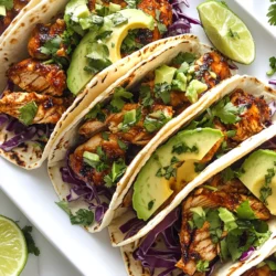 - 1 lb boneless, skinless chicken thighs - 2 tablespoons chipotle pepper in adobo sauce (finely chopped) - 1 teaspoon cumin - 1 teaspoon smoked paprika - 2 cloves garlic, minced - 1 tablespoon olive oil - Salt and pepper to taste - 8 small corn tortillas - 1 cup shredded red cabbage - 1 avocado, sliced - 1/4 cup fresh cilantro, chopped - Lime wedges for serving You need these fresh and simple ingredients to make the tacos pop. The chicken thighs are juicy and flavorful. Chipotle pepper in adobo sauce gives a nice smoky kick. Cumin and smoked paprika add warmth and depth. Garlic brings a rich, savory taste. Olive oil helps blend all the flavors well. Don’t forget salt and pepper to enhance the taste. For the tacos, small corn tortillas work best. They hold everything together nicely. Shredded red cabbage adds crunch and color. Sliced avocado brings creaminess and richness. Fresh cilantro gives a bright finish. Lastly, lime wedges give a zesty touch. You can squeeze them on just before eating. This mix of flavors and textures makes your Chipotle Chicken Street Tacos unforgettable. {{ingredient_image_1}} To start, we will prepare the marinade. In a bowl, mix: - 2 tablespoons chipotle pepper in adobo sauce, finely chopped - 1 teaspoon cumin - 1 teaspoon smoked paprika - 2 cloves garlic, minced - 1 tablespoon olive oil - Salt and pepper to taste Stir all these ingredients together until well combined. This mix gives the chicken its great flavor. Next, add 1 pound of boneless, skinless chicken thighs to the bowl. Make sure to coat them well with the marinade. Cover the bowl and let it sit for at least 30 minutes. If you have more time, let it marinate for up to 2 hours. This step helps the flavors soak into the chicken. Now it's time to cook. Preheat your grill or skillet over medium-high heat. Once it’s hot, add the marinated chicken thighs. Cook them for about 7-8 minutes on each side. You want to see nice char marks and ensure they are cooked through. The chicken should reach an internal temperature of 165°F. After cooking, take the chicken off the heat and let it rest for a few minutes. This resting time makes the chicken juicy. After resting, slice the chicken into bite-sized pieces. Next, we'll warm the corn tortillas. Place them on the grill or in a dry skillet for about 30 seconds on each side. This step makes them soft and pliable. Now, it's time to assemble the tacos. In each tortilla, add a generous amount of sliced chicken. Top with shredded red cabbage, avocado slices, and fresh cilantro. For a bright finish, serve lime wedges on the side. A squeeze of lime adds a fresh zing to each bite. Enjoy your flavorful Chipotle Chicken Street Tacos! To get the best flavor, marinate the chicken for at least 30 minutes. For a deeper taste, let it sit for up to 2 hours. This gives the spices time to soak in. You can add more spices like chili powder or oregano to enhance the flavor. Experiment until you find your perfect mix! When cooking, you can grill or use a skillet. Grilling gives a nice smoky flavor. If you use a skillet, make sure it is hot before adding chicken. Cook for about 7-8 minutes on each side. This keeps the chicken juicy and tender. Use a meat thermometer to check if it reaches 165°F. These tacos pair well with sides like rice, beans, or chips. For drinks, try a cold soda or a refreshing lemonade. To make your tacos extra special, add toppings like sliced radishes or a drizzle of crema. Fresh jalapeños can add a nice kick too! Pro Tips Marinate Longer for More Flavor: For an even richer taste, marinate the chicken for up to 2 hours. This allows the spices to penetrate deeper into the meat. Choose the Right Tortillas: Opt for freshly made corn tortillas if possible. They have a better texture and flavor that complements the tacos perfectly. Rest Your Chicken: Allowing the chicken to rest after cooking helps retain its juices, making every bite tender and succulent. Customize Your Toppings: Feel free to experiment with toppings like diced onions, jalapeños, or a drizzle of crema for added flavor and texture. {{image_2}} You can switch up the protein in these tacos. Try using chicken breasts instead of thighs. They are leaner but still tasty. If you prefer shrimp, it cooks quickly and adds a nice flavor. For vegetarian options, jackfruit works well. It mimics the texture of meat. Tofu is another great pick. Just make sure to press it to remove extra water. You can adjust the spice level to fit your taste. Add more chipotle for heat or remove it for milder tacos. You can also play with toppings. Use different herbs like mint or parsley. Try adding roasted peppers or diced tomatoes for a fresh twist. Taco bowls are a fun way to serve this dish. Layer the ingredients in a bowl instead of in tortillas. You can also get creative with sauces. Try adding a spicy crema or a tangy salsa. Dips like guacamole or queso complement these tacos perfectly. To keep your chicken tacos fresh, store them in an airtight container. Place the tacos in the fridge if you have leftovers. They will stay good for up to three days. Make sure to separate the chicken from the toppings for the best taste. The cabbage and avocado can get soggy if mixed. When it's time to eat leftovers, reheat the chicken gently. Use a skillet on low heat. This method keeps the chicken juicy and the tortillas soft. You can also microwave the chicken in short bursts, about 30 seconds. Check often to avoid overheating. If you want to save tacos for later, freeze the cooked chicken and tortillas. Place them in freezer bags and label them. They can last up to three months in the freezer. When you're ready to enjoy, thaw the chicken in the fridge overnight. Reheat it as mentioned above, and warm the tortillas in a skillet for best results. The best way to cook chicken for tacos is grilling or pan-searing. These methods give the chicken a nice char. I recommend marinating the chicken first. It adds great flavor. Cook on medium-high heat for about 7-8 minutes per side. Check that the chicken is cooked through. Use a meat thermometer to reach 165°F. This ensures your chicken is juicy and safe to eat. Yes, you can make this recipe in advance. Marinate the chicken up to 2 hours before cooking. If you want more time, marinate it overnight. Just keep it in the fridge. You can also cook the chicken ahead of time. Store it in the fridge for up to 3 days. Just reheat before serving to keep it tasty. Chipotle Chicken Street Tacos have a mild to moderate spice level. The chipotle pepper adds heat but is balanced. If you’re sensitive to spice, reduce the amount of chipotle pepper. You can also add more toppings like avocado and cabbage to cool it down. This way, you can enjoy the flavor without too much heat. If you prefer, you can use flour tortillas instead of corn. They are softer and often easier to handle. Other options include lettuce wraps for a low-carb choice. You can even use whole wheat or spinach tortillas for a twist. Just choose what you enjoy most. To keep your avocado fresh, leave the pit in the unused half. This helps slow browning. You can also brush the cut side with lemon juice. Store the avocado in an airtight container. Keep it in the fridge. Use it within a day or two for best flavor. This blog post shared a tasty recipe for chipotle chicken tacos. We explored the ingredients, steps for cooking, and tips for the best flavors. I also provided variations to suit your taste. Remember, cooking is fun and lets you be creative. Try new spices or proteins to make these tacos your own. Enjoy the process!