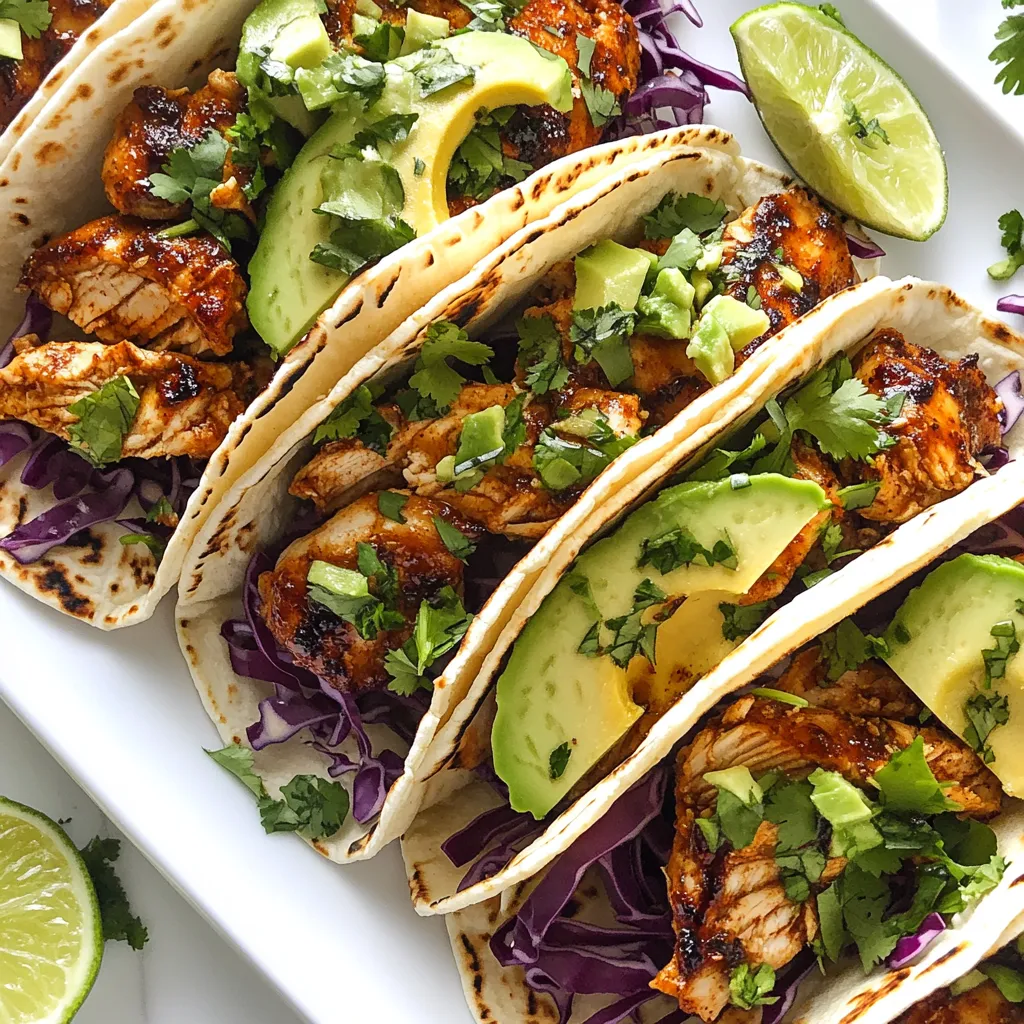 - 1 lb boneless, skinless chicken thighs - 2 tablespoons chipotle pepper in adobo sauce (finely chopped) - 1 teaspoon cumin - 1 teaspoon smoked paprika - 2 cloves garlic, minced - 1 tablespoon olive oil - Salt and pepper to taste - 8 small corn tortillas - 1 cup shredded red cabbage - 1 avocado, sliced - 1/4 cup fresh cilantro, chopped - Lime wedges for serving You need these fresh and simple ingredients to make the tacos pop. The chicken thighs are juicy and flavorful. Chipotle pepper in adobo sauce gives a nice smoky kick. Cumin and smoked paprika add warmth and depth. Garlic brings a rich, savory taste. Olive oil helps blend all the flavors well. Don’t forget salt and pepper to enhance the taste. For the tacos, small corn tortillas work best. They hold everything together nicely. Shredded red cabbage adds crunch and color. Sliced avocado brings creaminess and richness. Fresh cilantro gives a bright finish. Lastly, lime wedges give a zesty touch. You can squeeze them on just before eating. This mix of flavors and textures makes your Chipotle Chicken Street Tacos unforgettable. {{ingredient_image_1}} To start, we will prepare the marinade. In a bowl, mix: - 2 tablespoons chipotle pepper in adobo sauce, finely chopped - 1 teaspoon cumin - 1 teaspoon smoked paprika - 2 cloves garlic, minced - 1 tablespoon olive oil - Salt and pepper to taste Stir all these ingredients together until well combined. This mix gives the chicken its great flavor. Next, add 1 pound of boneless, skinless chicken thighs to the bowl. Make sure to coat them well with the marinade. Cover the bowl and let it sit for at least 30 minutes. If you have more time, let it marinate for up to 2 hours. This step helps the flavors soak into the chicken. Now it's time to cook. Preheat your grill or skillet over medium-high heat. Once it’s hot, add the marinated chicken thighs. Cook them for about 7-8 minutes on each side. You want to see nice char marks and ensure they are cooked through. The chicken should reach an internal temperature of 165°F. After cooking, take the chicken off the heat and let it rest for a few minutes. This resting time makes the chicken juicy. After resting, slice the chicken into bite-sized pieces. Next, we'll warm the corn tortillas. Place them on the grill or in a dry skillet for about 30 seconds on each side. This step makes them soft and pliable. Now, it's time to assemble the tacos. In each tortilla, add a generous amount of sliced chicken. Top with shredded red cabbage, avocado slices, and fresh cilantro. For a bright finish, serve lime wedges on the side. A squeeze of lime adds a fresh zing to each bite. Enjoy your flavorful Chipotle Chicken Street Tacos! To get the best flavor, marinate the chicken for at least 30 minutes. For a deeper taste, let it sit for up to 2 hours. This gives the spices time to soak in. You can add more spices like chili powder or oregano to enhance the flavor. Experiment until you find your perfect mix! When cooking, you can grill or use a skillet. Grilling gives a nice smoky flavor. If you use a skillet, make sure it is hot before adding chicken. Cook for about 7-8 minutes on each side. This keeps the chicken juicy and tender. Use a meat thermometer to check if it reaches 165°F. These tacos pair well with sides like rice, beans, or chips. For drinks, try a cold soda or a refreshing lemonade. To make your tacos extra special, add toppings like sliced radishes or a drizzle of crema. Fresh jalapeños can add a nice kick too! Pro Tips Marinate Longer for More Flavor: For an even richer taste, marinate the chicken for up to 2 hours. This allows the spices to penetrate deeper into the meat. Choose the Right Tortillas: Opt for freshly made corn tortillas if possible. They have a better texture and flavor that complements the tacos perfectly. Rest Your Chicken: Allowing the chicken to rest after cooking helps retain its juices, making every bite tender and succulent. Customize Your Toppings: Feel free to experiment with toppings like diced onions, jalapeños, or a drizzle of crema for added flavor and texture. {{image_2}} You can switch up the protein in these tacos. Try using chicken breasts instead of thighs. They are leaner but still tasty. If you prefer shrimp, it cooks quickly and adds a nice flavor. For vegetarian options, jackfruit works well. It mimics the texture of meat. Tofu is another great pick. Just make sure to press it to remove extra water. You can adjust the spice level to fit your taste. Add more chipotle for heat or remove it for milder tacos. You can also play with toppings. Use different herbs like mint or parsley. Try adding roasted peppers or diced tomatoes for a fresh twist. Taco bowls are a fun way to serve this dish. Layer the ingredients in a bowl instead of in tortillas. You can also get creative with sauces. Try adding a spicy crema or a tangy salsa. Dips like guacamole or queso complement these tacos perfectly. To keep your chicken tacos fresh, store them in an airtight container. Place the tacos in the fridge if you have leftovers. They will stay good for up to three days. Make sure to separate the chicken from the toppings for the best taste. The cabbage and avocado can get soggy if mixed. When it's time to eat leftovers, reheat the chicken gently. Use a skillet on low heat. This method keeps the chicken juicy and the tortillas soft. You can also microwave the chicken in short bursts, about 30 seconds. Check often to avoid overheating. If you want to save tacos for later, freeze the cooked chicken and tortillas. Place them in freezer bags and label them. They can last up to three months in the freezer. When you're ready to enjoy, thaw the chicken in the fridge overnight. Reheat it as mentioned above, and warm the tortillas in a skillet for best results. The best way to cook chicken for tacos is grilling or pan-searing. These methods give the chicken a nice char. I recommend marinating the chicken first. It adds great flavor. Cook on medium-high heat for about 7-8 minutes per side. Check that the chicken is cooked through. Use a meat thermometer to reach 165°F. This ensures your chicken is juicy and safe to eat. Yes, you can make this recipe in advance. Marinate the chicken up to 2 hours before cooking. If you want more time, marinate it overnight. Just keep it in the fridge. You can also cook the chicken ahead of time. Store it in the fridge for up to 3 days. Just reheat before serving to keep it tasty. Chipotle Chicken Street Tacos have a mild to moderate spice level. The chipotle pepper adds heat but is balanced. If you’re sensitive to spice, reduce the amount of chipotle pepper. You can also add more toppings like avocado and cabbage to cool it down. This way, you can enjoy the flavor without too much heat. If you prefer, you can use flour tortillas instead of corn. They are softer and often easier to handle. Other options include lettuce wraps for a low-carb choice. You can even use whole wheat or spinach tortillas for a twist. Just choose what you enjoy most. To keep your avocado fresh, leave the pit in the unused half. This helps slow browning. You can also brush the cut side with lemon juice. Store the avocado in an airtight container. Keep it in the fridge. Use it within a day or two for best flavor. This blog post shared a tasty recipe for chipotle chicken tacos. We explored the ingredients, steps for cooking, and tips for the best flavors. I also provided variations to suit your taste. Remember, cooking is fun and lets you be creative. Try new spices or proteins to make these tacos your own. Enjoy the process!