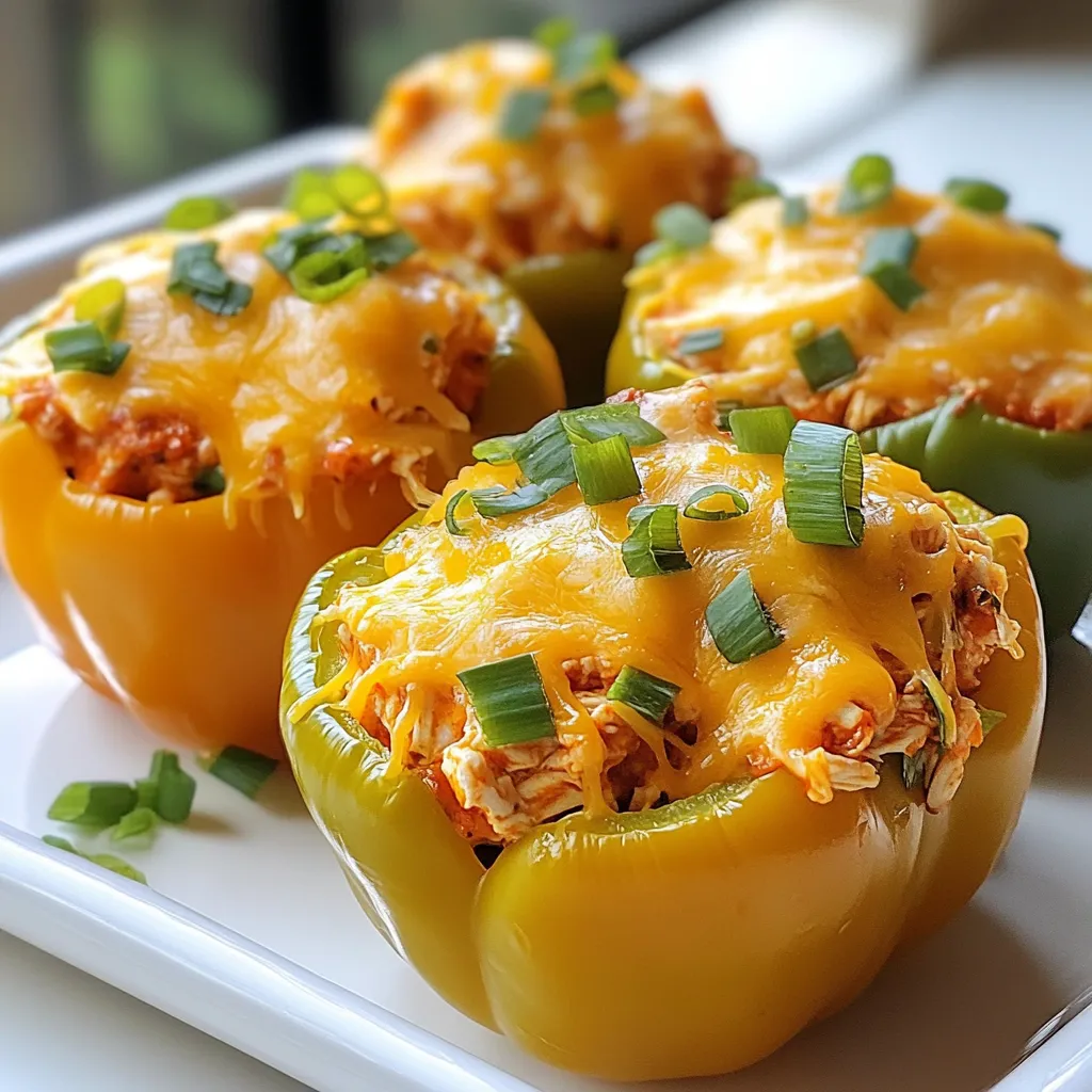 - 4 large bell peppers (any color) - 2 cups cooked shredded chicken - 1/2 cup buffalo sauce (adjust to taste) - 1 cup cream cheese, softened - 1 cup shredded cheddar cheese, divided - 1/2 cup blue cheese crumbles (optional) - 2 green onions, sliced - Salt and pepper to taste - Olive oil for drizzling Buffalo chicken stuffed peppers need fresh and tasty ingredients. The bell peppers serve as a colorful base. I love using any color, but red, yellow, and green add fun. Cooked shredded chicken gives a great texture and flavor. You can use leftovers or rotisserie chicken. Buffalo sauce brings heat and tang. Adjust it to your liking. Cream cheese adds creaminess, while cheddar cheese gives a nice melt. If you enjoy blue cheese, add those crumbles for extra flair. Don't forget the green onions for a pop of freshness. Salt and pepper enhance all the flavors. A drizzle of olive oil on the peppers helps them roast nicely in the oven. With these simple ingredients, you can create a dish that is both filling and delicious. {{ingredient_image_1}} - Preheat the oven to 375°F (190°C). - Cut the tops off the bell peppers and remove seeds and membranes. - Drizzle olive oil and place peppers in a baking dish. First, I turn on the oven. It needs to be hot for the peppers. Then, I grab my bell peppers. I cut off the tops and scoop out the seeds and membranes. This helps the peppers cook well and hold the filling. A little drizzle of olive oil makes them shiny and tasty. I place them in a baking dish, ready for stuffing. - Combine shredded chicken, buffalo sauce, cream cheese, and cheeses. - Season the mixture with salt and pepper. Next, I mix my filling in a bowl. I add the shredded chicken, buffalo sauce, and cream cheese. I also toss in half of the cheddar cheese. If you like blue cheese, add it now. I stir until it is creamy and well-mixed. Then, I sprinkle in salt and pepper to make it just right. - Stuff each pepper with the chicken mixture. - Top with remaining cheddar cheese. - Bake for 25-30 minutes until tender and golden. Now, it's time to stuff the peppers. I carefully pack each pepper with the chicken mixture. I press it down gently to fit it all in. After that, I sprinkle the rest of the cheddar cheese on top. I place the dish in the oven and set the timer for 25 to 30 minutes. I wait until the peppers are soft and the cheese is bubbly and golden. To make the buffalo chicken stuffed peppers great, you can adjust the buffalo sauce. Start with half a cup. If you want more heat, add a little more sauce. Taste as you mix. This way, you get the perfect balance. For cheese, you have options. Cheddar cheese gives a nice sharpness. If you want something tangy, use blue cheese. Mixing both cheeses is a fun twist. It adds depth and richness to the dish. For a creamy filling, ensure the cream cheese is softened. If it's too cold, it won't mix well. You want a smooth mixture that blends nicely with the chicken. This makes each bite creamy and delicious. When packing the stuffing, press down gently but firmly. This keeps the filling from spilling out. Make sure each pepper is filled to the top. A well-packed pepper looks great and holds together during baking. Presentation matters! Serve the stuffed peppers on a large platter. Drizzle some extra buffalo sauce on top for flair. Garnish with sliced green onions for color. Pair them with ranch or blue cheese dressing for dipping. These sauces cool down the heat and add flavor. Your guests will love this tasty touch! Pro Tips Choose Colorful Peppers: Using a mix of bell pepper colors not only enhances the visual appeal of your dish but also adds a slight variation in flavor, making each bite a delightful surprise. Adjusting Spice Level: Customize the heat of your stuffed peppers by adjusting the amount of buffalo sauce. Start with less and add more to your taste, ensuring everyone can enjoy the dish. Pre-cook for Extra Tenderness: If you prefer your peppers softer, you can parboil them for 5 minutes before stuffing. This will ensure they cook through perfectly in the oven. Garnish for Flavor: Don't skip the green onions! They add a fresh crunch and a burst of flavor that balances the richness of the stuffed peppers beautifully. {{image_2}} You can use many kinds of peppers for this dish. Bell peppers are great, but mini peppers work well too. They add a fun twist and are perfect for snacks. You can even try jalapeños for a spicy kick. If you want a lighter option, you can stuff zucchini or eggplant instead. These veggies will soak up the buffalo flavor and keep it fresh. If you want to switch up the protein, there are good choices. Turkey is a great substitute for chicken. It keeps the same taste but gives a new twist. You can also use tofu for a plant-based option. Just make sure to press it first to remove excess moisture. This helps the filling stay firm and flavorful. For a vegetarian filling, mix beans or lentils with your favorite spices. You can boost the flavor of your stuffed peppers easily. Adding spices like cumin or paprika gives depth. Fresh herbs like cilantro or parsley can brighten the dish. You can also mix in chopped veggies, like spinach or mushrooms, for a healthier meal. They add color and nutrients to your peppers. Don’t be afraid to experiment with flavors! To store your stuffed peppers, first let them cool down. Place them in an airtight container. They can stay in the fridge for up to three days. For long-term storage, freeze them. Wrap each pepper in plastic wrap, then place them in a freezer bag. They can last up to three months in the freezer. Just remember to label the bag with the date. To reheat, the oven is your best bet. Preheat it to 350°F (175°C). Place the stuffed peppers in a baking dish and cover with foil. Heat for about 20-25 minutes. This keeps the peppers nice and soft. If you use a microwave, put the pepper on a microwave-safe plate. Heat in short bursts of 1-2 minutes. Check often, so they do not get too hot. The oven gives better texture, while the microwave is faster. Choose what works best for you! To add heat, you can use more buffalo sauce. You can also add sliced jalapeños or crushed red pepper flakes to the filling. If you like a kick, try using spicy cheese. Another option is to mix in hot sauce directly into the chicken mix. Always taste as you go to find your perfect spice level. Yes, you can prepare the stuffed peppers ahead of time. Stuff the peppers and place them in a baking dish. Cover with plastic wrap and store them in the fridge for up to 24 hours. When ready to bake, remove the wrap and bake as directed. You might need to add a few extra minutes to the cooking time. Buffalo Chicken Stuffed Peppers pair well with a crunchy salad. You can serve them with ranch or blue cheese dressing on the side for dipping. Another great option is to add some carrot and celery sticks on the plate. These add a nice crunch and are classic companions to buffalo flavors. Buffalo Chicken Stuffed Peppers are a tasty meal you can make easily. We discussed ingredients, steps, and tips to make your dish perfect. You can change the flavors or use different proteins to fit your taste. Store leftovers well for later. I hope you feel inspired to try these stuffed peppers in your kitchen. They promise a fun and fulfilling cooking experience. Enjoy your cooking, and let your taste buds explore!